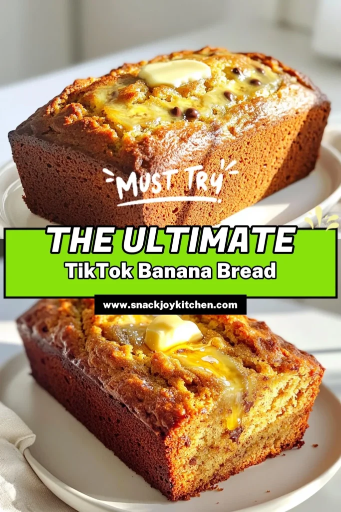 Indulge in the deliciousness of Trendy TikTok Banana Bread with this easy recipe! Made with ripe bananas, melted butter, and optional chocolate chips, it’s the perfect sweet treat for any occasion. In just 10 minutes of prep, you’ll have a warm loaf ready to delight your taste buds. Don’t miss out—click through for the full recipe and presentation tips that make it even better! #BananaBread #TikTokRecipe #BakingAtHome #DessertIdeas