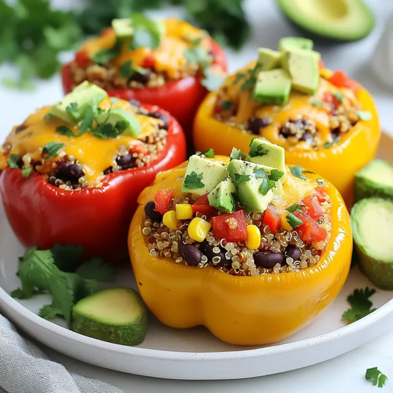 - 4 large bell peppers (red, yellow, or green) - 1 cup quinoa, thoroughly rinsed - 2 cups vegetable broth - 1 cup black beans, drained and rinsed - 1 cup corn kernels (fresh or frozen) - 1 cup diced tomatoes (canned or fresh) - 1 teaspoon ground cumin - 1 teaspoon chili powder - 1 teaspoon garlic powder - ½ teaspoon onion powder - Salt and pepper to taste - 1 cup shredded cheese (cheddar, Monterey Jack, or Mexican blend) - Fresh cilantro, chopped (for garnish) - 1 avocado, diced (for topping) Each serving is packed with nutrients: - Calories: 350 - Protein: 15 grams - Carbohydrates: 50 grams - Fiber: 10 grams - Fat: 10 grams If you need alternatives, here are some ideas: - Use brown rice instead of quinoa for a different grain. - Swap black beans for pinto or kidney beans. - Try zucchini or mushrooms in place of corn for added veggies. - Use dairy-free cheese if you're vegan or lactose intolerant. - Add spices like paprika or cayenne for extra heat. Feel free to mix and match these options to suit your taste and dietary needs! {{ingredient_image_2}} First, I preheat my oven to 375°F (190°C). This helps the peppers cook evenly. Next, I grab my bell peppers. I slice off the tops and remove the seeds inside. I keep the tops if I want to use them later. It adds a nice touch! Now, I move to the stove. I take a medium saucepan and add rinsed quinoa and vegetable broth. I bring it to a boil over medium heat. Once it boils, I reduce the heat to low. I cover it and let it simmer for about 15 minutes. The quinoa will absorb the liquid and become fluffy. In a large bowl, I mix the cooked quinoa, black beans, corn, and diced tomatoes. I add ground cumin, chili powder, garlic powder, onion powder, salt, and pepper. I gently stir everything until combined. This mix is where all the flavors come together! Next, I fill each bell pepper with the quinoa mixture. I pack it tightly to help them hold their shape. I place the stuffed peppers upright in a baking dish. If they wobble, I trim a small slice from the bottom. I cover the dish with aluminum foil and bake for 25 minutes. This lets the flavors meld nicely. After 25 minutes, I take off the foil and sprinkle shredded cheese on top of each pepper. I put them back in the oven for another 10 minutes. I want the cheese to melt and bubble. Once done, I take the peppers out and let them cool for a few minutes. Just before serving, I add diced avocado and chopped cilantro for a fresh finish. To cook quinoa well, start by rinsing it. Rinsing removes bitter flavors. Use one cup of quinoa and two cups of vegetable broth. Bring them to a boil in a medium saucepan. Once boiling, lower the heat and cover it. Let it simmer for about 15 minutes. You want the quinoa to absorb all the liquid. When it's done, it should be fluffy and light. Fluff it with a fork before mixing it into your filling. If you have leftover stuffed peppers, store them carefully. Wait until they cool down. Place them in an airtight container. They can last in the fridge for up to three days. If you want to freeze them, wrap each pepper in plastic wrap. Then, put them in a freezer bag. They can last for about three months in the freezer. To reheat, just pop them in the oven at 350°F (175°C) until warm. Toppings can take your stuffed peppers to the next level. Fresh cilantro adds a bright touch. Diced avocado brings creaminess that pairs well with the spices. A squeeze of lime juice adds a zesty kick. You can also use salsa or sour cream for extra flavor. Experiment with your favorite toppings to make each meal unique. Pro Tips Choose Colorful Peppers: Using a mix of red, yellow, and green bell peppers not only makes the dish visually appealing but also adds a variety of flavors and nutrients. Perfectly Cooked Quinoa: Ensure the quinoa is thoroughly rinsed before cooking to remove its natural coating, saponin, which can impart a bitter taste to your dish. Customize Your Filling: Feel free to add other ingredients like diced onions, jalapeños, or olives to the filling for additional flavor and texture. Serve with a Twist: A squeeze of fresh lime juice over the stuffed peppers just before serving elevates the flavors and adds a refreshing zing. {{image_4}} You can change the protein in stuffed peppers. Here are a few ideas: - Ground Beef: Use cooked ground beef for a hearty filling. - Turkey: Ground turkey adds a lean option. - Chicken: Shredded chicken gives a mild flavor. - Tofu: Crumbled tofu offers a plant-based protein choice. These options mix well with quinoa and spices. Just cook the meat or tofu before adding it to the mix. Making stuffed peppers vegan is easy. Here’s how: - Omit Cheese: Skip the cheese or use a vegan cheese alternative. - More Beans: Increase black beans or add lentils for extra protein. - Add Veggies: Mix in diced zucchini or spinach for added nutrients. These changes keep the dish delicious and plant-based. You won’t miss the meat! Adjusting the spice level can make a big difference. Here are some tips: - Add Jalapeños: For extra heat, mix in chopped jalapeños. - Use Hot Sauce: Drizzle hot sauce into the filling for added flavor. - Seasoning: Increase chili powder or cumin to boost the spice. Tailoring the heat helps fit your taste. You can make it mild for kids or spicy for adults. Enjoy experimenting! Mexican stuffed peppers shine on their own, but they pair well with many sides. Here are some great ideas: - Mexican rice: Fluffy rice with spices adds a nice touch. - Guacamole: Creamy avocado dip enhances flavor and texture. - Salsa: Fresh salsa brings a bright kick to the meal. - Corn salad: A cool salad with corn and lime balances the warmth of the peppers. Make your meal visually appealing! Here are some fun plating tips: - Use a colorful platter: Arrange peppers on a vibrant dish to stand out. - Add lime wedges: Place lime wedges around the peppers for a zesty touch. - Scatter fresh cilantro: Sprinkle chopped cilantro around the plate for a pop of green. - Serve with the pepper tops: Place the tops around the dish for a charming look. Garnishes can elevate your stuffed peppers. Here are a few tasty options: - Diced avocado: Adds creaminess and freshness. - Chopped cilantro: Brightens the dish with herbal notes. - Sour cream: A dollop adds a cool and tangy flavor. - Lime juice: A squeeze of lime brightens all the flavors. These simple ideas make your dish even more special. Enjoy your cooking! Yes, you can prepare these peppers ahead of time. You can stuff the peppers and store them in the fridge for up to one day. Just cover them tightly with plastic wrap or foil. When you are ready to bake, simply remove them from the fridge and follow the baking steps. You may need to add a few minutes to the cooking time since they will be cold. You will know the peppers are fully cooked when they are tender. The skin should be slightly wrinkled, and you can easily pierce them with a fork. If you prefer a firmer texture, cook them for less time. The cheese on top should also be melted and bubbling. Stuffed peppers pair well with many sides. You can serve them with: - A fresh green salad - Mexican rice or cilantro-lime rice - Guacamole or salsa - Tortilla chips for crunch These sides will help create a full and satisfying meal. Enjoy your tasty creation! In this blog post, we covered how to make tasty stuffed peppers. We explored the right ingredients, helpful cooking steps, and smart tips. Remember, you can swap ingredients and add your own flair. This dish is flexible, so feel free to experiment with flavors and proteins. Finally, stuffed peppers are great for meal prep and can pair well with many sides. Enjoy your cooking and make this dish your own!