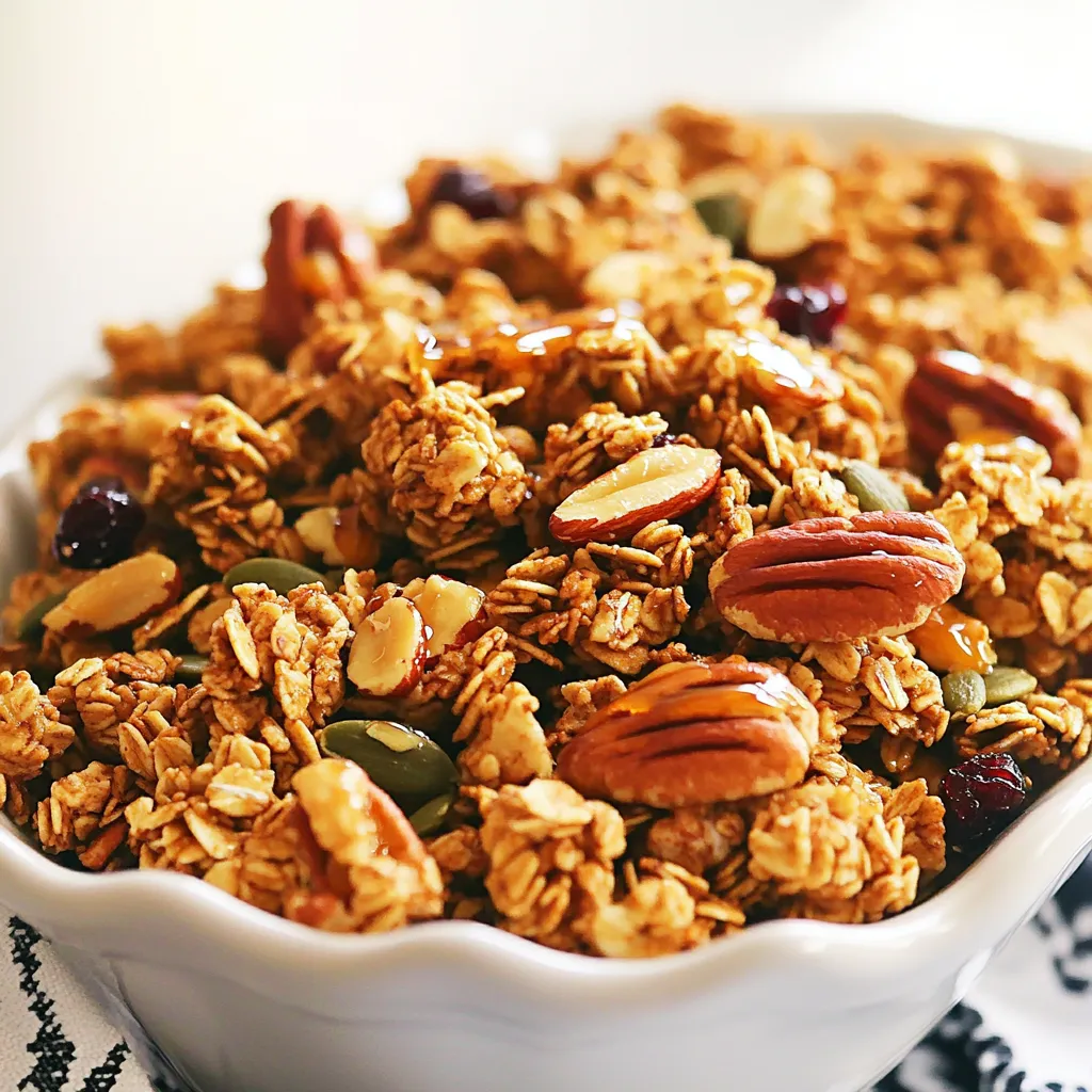 - 2 cups rolled oats - 1 cup pecans, roughly chopped - 1/2 cup almonds, roughly chopped - 1/4 cup pumpkin seeds - 1/3 cup pure maple syrup - 1/4 cup coconut oil, melted - 1 teaspoon vanilla extract - 1/2 teaspoon sea salt - 1/2 teaspoon ground cinnamon - Optional: 1/2 cup dried cranberries or raisins To make maple pecan granola clusters, you need simple, wholesome ingredients. The main ingredients are rolled oats, pecans, almonds, and pumpkin seeds. These create a crunchy base full of good nutrients. The wet ingredients add flavor and sweetness. Pure maple syrup gives it that sweet touch. Coconut oil helps bind everything together and adds richness. Vanilla extract adds a lovely aroma. Next, seasonings like sea salt and ground cinnamon balance the sweetness. Salt brings out the flavors, while cinnamon adds warmth. If you want a fruity twist, toss in dried cranberries or raisins. These add a chewy texture and extra sweetness. Gather these ingredients, and you’re ready to create a delicious snack that’s both salty and sweet! - Preheat your oven to 325°F (160°C). - Line a baking sheet with parchment paper for easy release. - In a large bowl, combine the rolled oats, chopped pecans, chopped almonds, and pumpkin seeds. Stir well to mix the dry ingredients. - In a smaller bowl, whisk together the maple syrup, melted coconut oil, vanilla extract, sea salt, and ground cinnamon until it is smooth. - Pour the wet mixture into the dry ingredients. Mix gently but thoroughly. Make sure all the oats and nuts are coated. - Spread the mixture evenly on the prepared baking sheet. - Use your hands or a spatula to press the mixture down. Form clusters to help them stick together. - Bake for 20 to 25 minutes. Stir halfway through to ensure even browning. Keep a close watch to prevent burning. - Once golden brown and fragrant, take it out of the oven and let it cool completely on the baking sheet. - Break the cooled granola into clusters of your desired size. If using dried cranberries or raisins, stir them in now for added sweetness. - Store the granola clusters in an airtight container at room temperature for up to two weeks. To get the best granola, mix your dry ingredients well. This step helps every bite taste great. After mixing, press the clusters firmly. This action helps them stick together better during baking. When you press the mixture, it creates nice clusters. Cooling your granola is key. It helps the clusters firm up and become crunchy. Leave it on the baking sheet until it cools completely. For storage, use an airtight container. This way, your granola stays fresh for longer. It can last up to two weeks at room temperature. You can serve your granola clusters in many ways. One fun idea is to pair them with yogurt. They also work well as toppings for smoothies. For display, try a clear glass jar. It shows off the clusters nicely. You can drizzle more maple syrup on top for extra sweetness. {{image_4}} You can switch up the nuts in your granola. Walnuts and cashews work well. They add a new taste while still keeping the crunch. You can also mix in seeds like sunflower or chia seeds. These will boost nutrition and give your granola a fun twist. If you want to try something different, honey or agave syrup can replace maple syrup. Both options add their unique flavor. You can adjust how sweet you want your granola, too. Taste it as you mix to find your perfect balance. Want to spice things up? Add some nutmeg or ginger for a warm flavor. These spices can brighten the taste and make your granola special. You might also consider adding dried fruits like apricots or figs. They bring extra sweetness and chewiness to each bite. To keep your maple pecan granola clusters fresh, use an airtight container. Glass jars are great because they show off the clusters. You can also use plastic containers, but make sure they seal tightly. Store the granola at room temperature, away from heat and light. This keeps it crunchy and full of flavor. Your granola will stay fresh for up to two weeks. Check for any signs of spoilage, like a change in smell or texture. Refrigerating granola has some pros and cons. On the plus side, it can last longer in the fridge. But, it may lose some of its crunch. If you live in a hot climate, refrigeration might be a good choice. You can also refrigerate if you add fresh ingredients, like yogurt or fruit. However, for best texture, I recommend storing it at room temperature. If you want to keep your granola clusters for a longer time, freezing works well. To freeze, let the granola cool completely. Then, place it in a freezer-safe bag or container. Make sure to remove any air to prevent freezer burn. When you want to eat it, take out what you need and let it thaw at room temperature. Freezing may change the texture slightly, making it a bit softer, but the flavor will remain. To make your granola crunchy, you need to bake it just right. Here are some tips: - Use enough oil: Coconut oil helps create that crunchy texture. - Press it down: After mixing, press the granola firmly on the baking sheet. - Bake at the right temperature: Bake at 325°F (160°C) for even browning. - Stir halfway through: This helps it brown evenly without burning. - Cool completely: Let it cool on the baking sheet. It will harden more as it cools. Yes, you can easily make this recipe vegan. Here are some substitutes: - Coconut oil: Use any plant-based oil, like avocado oil. - Maple syrup: This ingredient is already vegan, so keep it! - Optional add-ins: If you want to add chocolate, use dairy-free chocolate chips. Leftover granola is super versatile. Here are some fun ideas: - Top your yogurt: Sprinkle it over yogurt for breakfast or a snack. - Mix into smoothies: Blend it into smoothies for extra crunch. - Use in baking: Add it to cookie dough or muffins for added flavor. - Create a parfait: Layer with fruit and yogurt for a tasty dessert. - Gift it: Put it in a jar with a ribbon for a homemade gift. You now have a simple and tasty granola recipe to try. We covered the main ingredients, detailed steps, and useful tips for perfecting your granola. You learned how to store it, explore variations, and clear up common questions. Granola is easy to customize and a healthy snack option. Enjoy it with yogurt or on its own. Your kitchen will smell amazing, and you’ll have a delicious treat that’s fresh and homemade. So, get cooking and have fun experimenting with your own flavors!