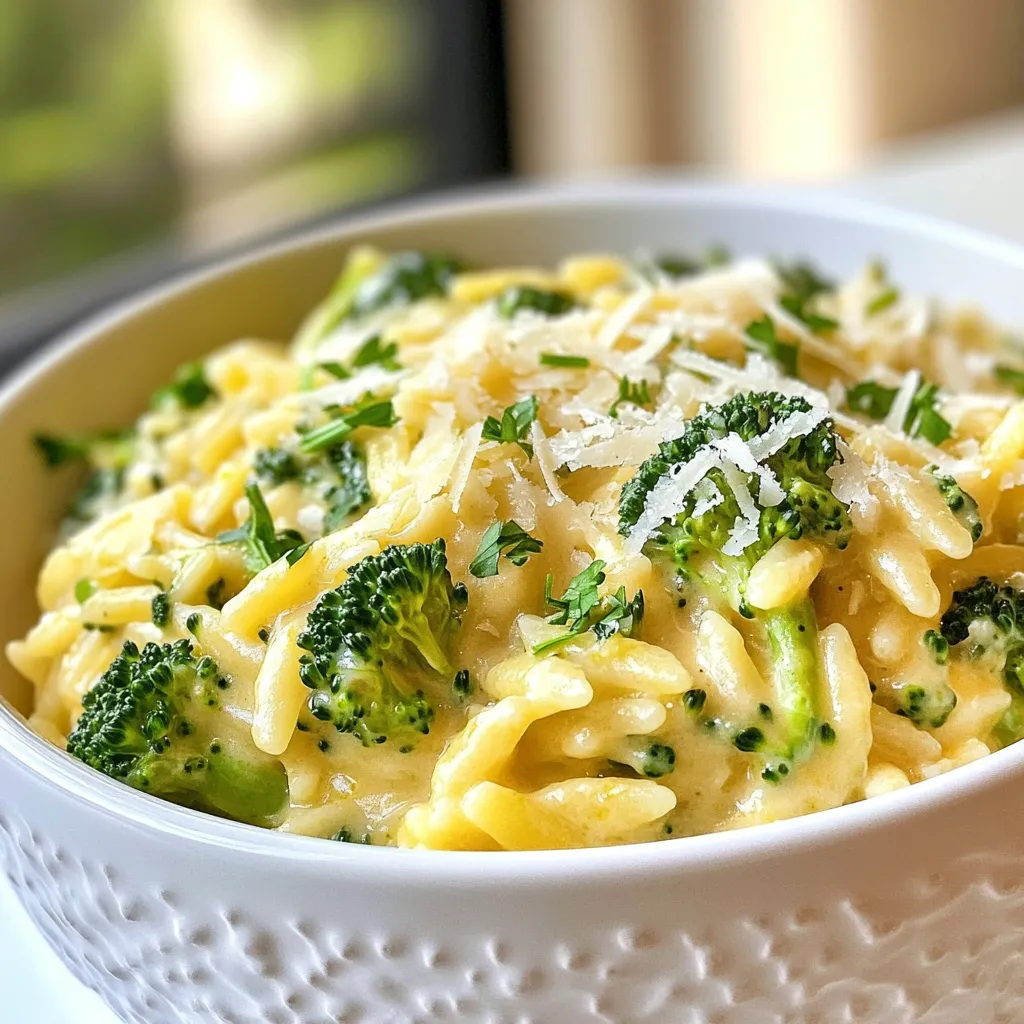 - 1 cup orzo pasta - 2 cups fresh broccoli florets - 2 tablespoons extra-virgin olive oil - 1 small onion, finely diced - 2 cloves garlic, minced - 3 cups vegetable broth (low sodium recommended) - 1 cup sharp cheddar cheese, freshly shredded - ½ cup grated Parmesan cheese - ½ cup heavy cream - Salt and freshly ground black pepper, to taste - ¼ teaspoon crushed red pepper flakes (optional, for added heat) - Fresh parsley, chopped, for garnish Gathering fresh ingredients is key for this recipe. I recommend using organic broccoli. It adds a crisp taste and bright color. The orzo pasta is the heart of this dish. It cooks quickly and gives a nice texture. The sharp cheddar brings a rich, cheesy flavor. Parmesan adds depth and a bit of saltiness. Fresh garlic and onion bring warmth to the dish. Don’t forget the heavy cream! It makes the orzo creamy and smooth. I love adding a pinch of crushed red pepper flakes. It gives a gentle kick without overpowering the other flavors. Finally, the fresh parsley is not just for looks. It adds a burst of freshness that balances the richness. When you have everything ready, cooking becomes fun and easy. You’ll enjoy every step of making this creamy, flavorful dish! {{ingredient_image_2}} Start by boiling water in a large pot. Add some salt to the water. Once the water boils, add 1 cup of orzo pasta. Cook it until it is al dente, which takes about 8 to 10 minutes. After cooking, drain the orzo and set it aside. In the same pot, pour in 2 tablespoons of extra-virgin olive oil. Heat it over a medium flame. Add 1 small diced onion and sauté for 3 to 4 minutes until it turns translucent. Next, add 2 cloves of minced garlic and stir for about 1 minute. This will make your kitchen smell wonderful. Now, toss in 2 cups of fresh broccoli florets. Sauté for 2 to 3 minutes. This will help the broccoli soften while keeping some crunch. After that, pour in 3 cups of low-sodium vegetable broth. Bring this to a gentle boil. Lower the heat to a simmer and let it cook for about 5 minutes, until the broccoli is tender. Add the drained orzo back into the pot. Then, mix in ½ cup of heavy cream, 1 cup of shredded sharp cheddar cheese, and ½ cup of grated Parmesan cheese. Stir well until the cheese melts and the dish becomes creamy. Carefully season the dish with salt and pepper to taste. If you like heat, sprinkle in ¼ teaspoon of crushed red pepper flakes. Stir everything until well combined and heated through. Serve the creamy orzo warm, garnished with fresh parsley for a pop of color. Enjoy every bite! To cook orzo perfectly, you need to pay attention to a few details. - Achieving Al Dente Texture: Start by boiling salted water. Add orzo and stir well. Check it a minute or two before the time on the package. It should be firm but not hard. This texture makes every bite a joy. - Preventing Stickiness: To keep orzo from sticking, stir it often while cooking. Once it's done, drain it right away. Rinse it briefly under cold water to stop the cooking process. This helps keep the pasta separate and fluffy. Adding spices and different cheeses can elevate your dish. - Suggestions for Spices and Seasonings: Besides salt and pepper, consider adding garlic powder or onion powder. A pinch of smoked paprika can give a nice depth. If you like heat, add crushed red pepper flakes, as mentioned in the recipe. - Cheese Recommendations for Different Tastes: While sharp cheddar gives a classic taste, try using gouda for a smoky flavor. For a creamier texture, mix in some cream cheese. Each cheese brings its own charm to the dish. A beautiful dish makes every meal special. - How to Serve for Visual Appeal: Use wide, shallow bowls for serving. This allows the creamy orzo to spread out. Sprinkle extra cheese on top for a nice touch. A drizzle of olive oil adds shine and flavor. - Using Garnishes Effectively: Fresh parsley brightens the dish. Chop it finely and sprinkle it on just before serving. This adds color and freshness. Consider adding a few lemon zest shavings for a pop of flavor. Pro Tips Choose Quality Cheese: Use freshly shredded cheese for the best melting properties and flavor. Pre-packaged shredded cheese often contains anti-caking agents that can affect the creaminess of your sauce. Custom Broth Flavor: For an extra layer of flavor, consider using homemade vegetable broth or adding a splash of white wine to the pot when sautéing the vegetables. Perfect Broccoli Texture: To ensure your broccoli stays vibrant and slightly crunchy, don’t overcook it. Keep an eye on it during the sautéing and simmering stages. Make It Ahead: This dish can be made ahead of time and reheated later. Just add a splash of broth or cream when reheating to restore its creamy texture. {{image_4}} You can change up the veggies in your broccoli cheddar orzo for fun. Zucchini, spinach, and bell peppers all blend well. Seasonal veggies like asparagus in spring or pumpkin in fall can add fresh flavors. Try adding peas or carrots for extra color and crunch. For a heartier meal, add protein. Grilled chicken or shrimp works great. Just cook the protein first, then mix it in after the orzo. If you want a vegetarian option, consider chickpeas or white beans. Tofu is also a tasty choice. If you need a dairy-free dish, try non-dairy cheese and cream. Almond or cashew cheese melts well and gives a nice flavor. Coconut cream can replace heavy cream for a rich texture. There are many vegan options available to make this dish plant-based. Enjoy experimenting with flavors! To store your creamy broccoli cheddar orzo, use airtight containers. Glass containers work well, but plastic ones are fine too. Make sure the dish cools down before sealing. Place the container in the fridge. Proper storage can keep it fresh for up to 3 days. If you want to store it longer, consider freezing it. It can last in the freezer for about 2 months. When you are ready to eat your leftovers, reheating is key. The best way to reheat orzo is on the stove. Add a splash of vegetable broth or water to keep it moist. Heat the pot over low to medium heat. Stir often to avoid sticking. If you prefer the microwave, use a microwave-safe bowl. Cover it with a damp paper towel to add moisture. Heat in short bursts, stirring in between. This helps to warm it evenly without drying it out. Enjoy your creamy dish just as much as the first time! Yes, you can prepare Broccoli Cheddar Orzo ahead. To do this, cook the orzo and vegetables as usual. Then, let them cool fully before storing. Place the dish in an airtight container and refrigerate. This dish stays fresh for up to three days. When you're ready to eat, just reheat it on the stove. Add a splash of broth or cream to keep it creamy. If you don’t have orzo, you can use several other pasta types. Try small shapes like ditalini or elbows. You can even use rice for a gluten-free option. Just adjust the cooking time based on what you choose. The key is to keep an eye on the texture so it stays tender yet firm. To make Broccoli Cheddar Orzo gluten-free, switch to gluten-free orzo. Many brands offer great options. Check the package for cooking times, as they can differ. You can also use quinoa or brown rice as an alternative. Both add a nice texture and flavor while keeping the dish gluten-free. Yes, Broccoli Cheddar Orzo can be frozen. To freeze, let the dish cool completely. Then, transfer it to an airtight container or freezer bag. It will last for up to three months. When you're ready to enjoy it, thaw it in the fridge overnight. Reheat in a pot over low heat, adding a bit of cream or broth for creaminess. This blog post covered how to create a creamy Broccoli Cheddar Orzo dish. We talked about the key ingredients, detailed steps for cooking, and helpful tips. You learned about storing leftovers and explored variations for this recipe. In closing, remember that this dish is adaptable, delicious, and easy to make. Enjoy your cooking and have fun with the flavors!