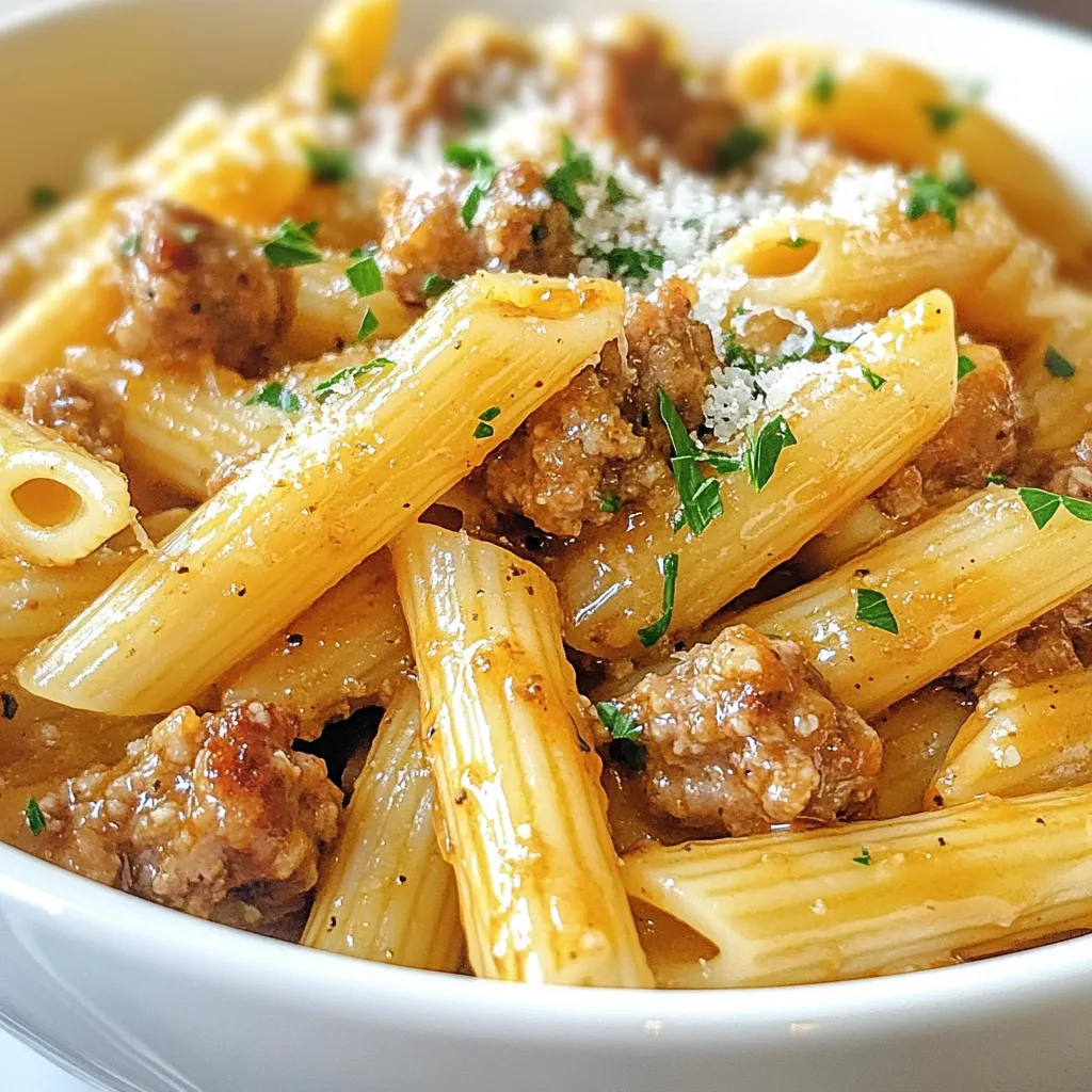 To make Sticky Honey Garlic Sausage Pasta, gather these simple yet tasty ingredients: - Penne pasta - Italian sausage - Honey - Garlic - Soy sauce - Olive oil - Red pepper flakes - Salt and pepper - Fresh parsley - Grated Parmesan cheese These ingredients come together to create a dish full of flavor and comfort. The penne pasta has a great shape that holds the sauce well. The Italian sausage adds a savory kick, while honey brings a nice sweetness. Garlic gives the dish depth, and soy sauce adds umami. Using fresh parsley at the end brightens the meal and adds color. Grated Parmesan cheese offers a lovely creaminess that pairs well with the sticky sauce. Gathering these items is the first step to a delightful meal. You can find most of them at your local grocery store. Each ingredient plays a key role in making this dish a flavorful delight. {{ingredient_image_2}} First, fill a large pot with water and add salt. Bring this water to a vigorous boil. Once the water is boiling, add 300g of penne pasta. Cook the pasta according to the package instructions until it reaches al dente. This usually takes about 10-12 minutes. After cooking, drain the pasta, but save about 1/2 cup of the cooking water for later. Next, heat a large skillet over medium heat. Add 1 tablespoon of olive oil and let it warm up. When the oil shimmers, add 200g of Italian sausage with the casings removed. Use a spatula to break apart the sausage as it cooks. Sauté the sausage for about 5-7 minutes. Look for it to turn a nice golden brown and be fully cooked. In the same skillet, move the sausage to one side. This creates space for the garlic. Add 4 minced garlic cloves to the empty side. Sauté the garlic for about 1 minute until it smells fragrant. Mix the garlic with the sausage to blend the flavors. Then, drizzle in 3 tablespoons of honey and 2 tablespoons of soy sauce. If you like spice, add 1/2 teaspoon of red pepper flakes. Stir everything together. Let the mixture cook for another 2-3 minutes until the sauce thickens a bit. Now, add the drained pasta to the skillet with the sausage and sauce. Toss everything gently. Make sure each piece of pasta is coated well in the sauce. If the pasta seems dry, slowly add some of the reserved cooking water until you reach your desired consistency. Season with salt and pepper to taste. Once everything is mixed and heated through, remove the skillet from heat. Stir in 1/4 cup of chopped fresh parsley for a pop of color. Serve the pasta right away. Top with grated Parmesan cheese for a rich flavor. Enjoy your sticky honey garlic sausage pasta! To get the right sauce thickness, add honey and soy sauce slowly. Stir often as you cook. If the sauce is too thick, use some pasta water. This step helps create a nice blend. For balance, adjust sweetness with soy sauce. A touch of salt also helps enhance the flavor. Cook the penne pasta until it is al dente, which usually takes about 10 minutes. Keep an eye on it, so it doesn’t get mushy. For the sausage, brown it well for 5-7 minutes. Make sure it is fully cooked without any pink inside. This way, you ensure a tasty meal. For a beautiful finish, you can garnish with fresh parsley. A sprinkle of grated Parmesan cheese adds a nice touch too. Serve the pasta in large bowls for a family-style meal. You can also drizzle a bit of olive oil for shine. This shows off the dish's colors and makes it more inviting. Pro Tips Perfect Pasta: Always cook your pasta al dente for the best texture. This will ensure it holds up well when tossed with the sauce. Fresh Garlic: Use fresh garlic for a more robust flavor. Pre-minced garlic can lose its potency, so always opt for fresh cloves. Honey Substitution: If you prefer a different sweetness, consider using maple syrup or agave nectar as a substitute for honey. Herb Variations: Feel free to switch up the parsley with other herbs like basil or cilantro for a unique twist on flavor. {{image_4}} You can switch up the pasta type to suit your taste. While I love penne, you could use spaghetti, fusilli, or even gluten-free pasta. Each type brings its own charm. When it comes to sausage, you don’t have to stick to Italian. Chicken sausage or turkey sausage works well too. If you want a smoky flavor, try andouillette sausage. Add some fresh veggies for extra color and nutrition. Bell peppers, spinach, or even zucchini can make a great addition. You can toss them in with the sausage for a quick cook. If you enjoy heat, increase the red pepper flakes or add a dash of hot sauce. You control the spice level. To make this dish gluten-free, just use gluten-free pasta. Many brands offer great options that taste just as good. For a vegetarian version, skip the sausage and use mushrooms or plant-based sausage. You can also add beans for protein and texture. This makes the meal hearty without meat. To keep your sticky honey garlic sausage pasta fresh, store it in an airtight container. This method prevents air from spoiling the food. Place the pasta in the fridge within two hours of cooking for best results. It stays good for up to three days. When you are ready to enjoy your leftovers, you can reheat them in a few easy ways. The best method is to use the stove. Gently warm the pasta over low heat while stirring. This helps keep the sauce from burning. You can add a splash of water or olive oil to keep the pasta moist. If you prefer, you can use a microwave. Place the pasta in a microwave-safe dish and cover it with a damp paper towel. Heat it in short bursts of 30 seconds, stirring in between. This warms the pasta evenly. For the best flavor and texture, always check that your pasta is hot throughout before serving. Enjoy every bite of this tasty dish! To make this dish gluten-free, swap the penne pasta for a gluten-free brand. Many stores sell rice, corn, or lentil pasta. These options work well and taste great. Just cook them according to the package instructions. Yes, you can use other types of sausage. Chicken, turkey, or even vegan sausage work well. Each will change the flavor slightly, but they will still taste delicious. Try to choose sausages you love. If you want a sugar-free option, use sugar-free maple syrup or agave nectar. Both will add sweetness without sugar. You could also use mashed ripe bananas for a unique taste and natural sweetness. You can prepare this dish ahead of time. Cook the pasta and sausage, then store them separately. When ready to eat, mix them and heat in a pan. This saves time on busy nights. Leftover pasta lasts about 3 to 4 days in the fridge. Store it in an airtight container to keep it fresh. When reheating, add a splash of water to keep it moist and tasty. This blog shared a tasty Sticky Honey Garlic Sausage Pasta recipe. You learned how to cook the pasta, brown the sausage, and make the sauce. I offered tips for perfecting the dish and showed how to adjust for different tastes. With simple variations and storage advice, you can make this meal your own. Try it out, enjoy the flavors, and impress your friends and family with your cooking skills. Happy cooking!