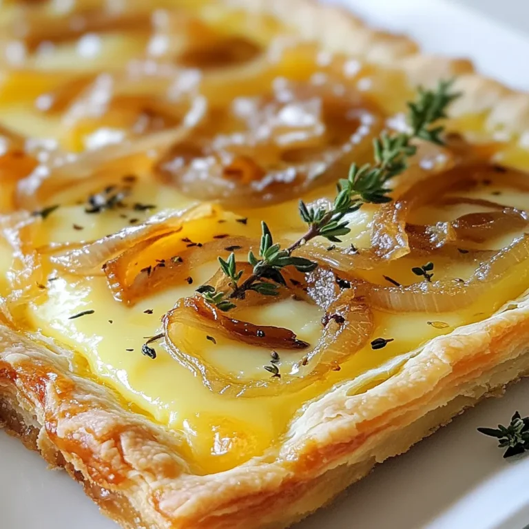 To create a tasty Caramelized Onion Gruyère Tart, you need: - 1 sheet of puff pastry, thawed - 2 large onions, thinly sliced - 2 tablespoons extra virgin olive oil - 1 tablespoon balsamic vinegar - ½ teaspoon granulated sugar - Sea salt and freshly cracked black pepper to taste - 1 cup Gruyère cheese, freshly grated - 2 large eggs - 1 cup heavy cream - Fresh thyme leaves for garnish Each ingredient plays a key role. The puff pastry forms a flaky base. Onions bring sweetness when caramelized. Gruyère cheese adds a rich, nutty flavor. Eggs and cream give the tart a creamy texture. You can enhance your tart with these garnishes: - Fresh thyme leaves - A drizzle of balsamic glaze - A sprinkle of crushed red pepper flakes These add freshness and a pop of color. They also boost the flavor profile. If you need to swap ingredients, try these options: - Use cheddar cheese instead of Gruyère for a sharper taste. - Swap balsamic vinegar with red wine vinegar for a different tang. - Replace heavy cream with half-and-half for a lighter filling. These substitutions maintain the tart's deliciousness while catering to dietary needs. Feel free to mix and match to fit your taste. {{ingredient_image_2}} 1. Start by preheating your oven to 400°F (200°C). This step is key for a crispy crust. 2. Line your tart pan with parchment paper. This makes it easier to remove the tart later. 3. Slice two large onions thinly. Aim for even slices to cook them uniformly. 4. Heat two tablespoons of extra virgin olive oil in a large skillet over medium heat. 5. Add the sliced onions and a pinch of sea salt. This helps draw out moisture from the onions. 6. Cook the onions for 15-20 minutes. Stir occasionally until they turn golden brown and soft. 7. Mix in one tablespoon of balsamic vinegar and half a teaspoon of granulated sugar. This adds a sweet depth. 8. Cook for another five minutes. The onions should become sticky and caramelized. Remove from heat and allow to cool slightly. 9. Lightly flour your work surface and roll out the puff pastry. Make it large enough for the tart pan. 10. Carefully place the pastry in the tart pan. Press it against the bottom and sides. 11. Prick the pastry bottom with a fork. This prevents bubbling during baking. 12. Spread the caramelized onions evenly over the pastry base. 13. Sprinkle one cup of freshly grated Gruyère cheese over the onions. Use a generous amount for flavor. 14. In a bowl, whisk together two large eggs and one cup of heavy cream. Make it smooth and creamy. 15. Season this mixture with sea salt and freshly cracked black pepper. Pour it over the cheese and onions. 16. Place the tart in the oven and bake for 25-30 minutes. Look for a golden crust and set filling. 17. Once baked, remove the tart from the oven. Let it cool for about 10 minutes before slicing. 18. Just before serving, add fresh thyme leaves on top for a lovely aroma. - Use fresh Gruyère cheese for the best flavor. Grate it yourself if possible. - Make sure the onions are fully caramelized. This adds a rich, sweet flavor. - Allow the tart to cool slightly for easier slicing. This helps the filling set. - For a beautiful presentation, serve slices on individual plates with thyme on top. - Pair with a light side salad dressed in vinaigrette to balance the richness. To get sweet and rich caramelized onions, focus on low heat. Start by adding sliced onions to a hot pan with olive oil. A pinch of sea salt helps draw out moisture. Stir every few minutes. After about 20 minutes, your onions should turn a deep golden brown. Adding balsamic vinegar and sugar near the end boosts flavor and sticky texture. Cook for five more minutes. Your onions will be sweet and caramelized, perfect for the tart. Puff pastry should be flaky and airy. After rolling it out, ensure it fits snugly in the tart pan. Pricking the bottom with a fork prevents bubbling. Bake it until the edges are golden brown. This ensures a crisp base that supports the filling. If you want extra crunch, brush the pastry with egg wash before baking. This tart shines in any season. In spring, serve it with a fresh green salad. In summer, add sliced tomatoes for a bright touch. In fall and winter, pair it with roasted vegetables. Adding a light vinaigrette enhances the flavors. For special occasions, sprinkle fresh thyme on top before serving. Enjoy the blend of flavors with a glass of white wine for a delightful experience. Pro Tips Use Sweet Onions: For the best flavor, opt for sweet onions, such as Vidalia or Walla Walla, which enhance the caramelization process. Chill the Puff Pastry: Before rolling out, chill the puff pastry for about 10-15 minutes to ensure it stays flaky during baking. Don’t Rush the Onions: Take your time when caramelizing the onions; low and slow cooking enhances their natural sweetness and flavor. Experiment with Cheeses: While Gruyère is delicious, feel free to mix in other cheeses like aged cheddar or fontina for a unique flavor profile. {{image_4}} You can switch Gruyère for other cheeses to change the flavor. Here are some great options: - Fontina: This cheese melts well and has a rich taste. - Comté: Similar to Gruyère, it adds a nutty flavor. - Goat Cheese: For a tangy kick, crumbled goat cheese works well. - Cheddar: A sharp cheddar adds a bold touch and melts nicely. Feel free to mix and match cheeses for a fun flavor experience. Adding vegetables can give your tart a fresh twist. Here are some tasty choices: - Spinach: Adds color and nutrients. Sauté it before adding. - Mushrooms: Sautéed mushrooms add a rich, earthy flavor. - Zucchini: Thinly sliced zucchini brings a light taste. - Roasted Peppers: Sweet roasted peppers can add depth. These add-ins can balance the sweetness of the onions. You can use more than just puff pastry for the base. Consider these options: - Shortcrust Pastry: This gives a crumbly, buttery feel. - Phyllo Dough: For a lighter, crispier texture, use layers of phyllo. - Whole Wheat Pastry: A healthier choice that adds a nutty flavor. - Savory Cracker Crust: Blend crushed crackers with butter for a unique base. Exploring different pastries can keep your tart exciting and fresh. To store leftovers, let the tart cool first. Wrap it tightly in plastic wrap or aluminum foil. You can also place it in an airtight container. This keeps the flavors fresh and the crust from getting soggy. Store the tart in the fridge for up to three days. When you're ready to enjoy leftovers, preheat your oven to 350°F (175°C). Place the tart on a baking sheet. Heat for about 15-20 minutes. This warms the tart and makes the crust crispy again. Check to ensure it is heated through before serving. You can freeze the tart for future meals. First, let the tart cool completely. Wrap it well in plastic wrap, then in foil. It can last in the freezer for up to three months. To reheat, thaw it in the fridge overnight. Then follow the reheating instructions above for best results. Yes, you can make the tart ahead. Prepare the tart, but don't bake it. Cover it well with plastic wrap and keep it in the fridge. You can store it for up to 24 hours. When ready to serve, bake it as directed. This saves time and helps the flavors meld. This tart pairs well with a light salad. A simple green salad with vinaigrette works nicely. You can also serve it with roasted vegetables or a bowl of soup. These options balance the rich flavors of the tart. Fresh herbs like thyme add a nice touch too. You can tell the tart is done when the edges are golden brown. The filling should be set and not jiggly. If you insert a knife, it should come out clean. If the pastry looks pale, it needs more time. Trust your eyes and nose; the aroma should be delicious! This blog post covered the ingredients, steps, and tips for making a delicious Caramelized Onion Gruyère Tart. We explored essential ingredients, optional garnishes, and easy substitutions. I shared preparation and cooking tips to help you achieve the perfect texture. We also discussed variations, storage, and answered common questions about the tart. In summary, this tart is easy and versatile. You can impress family and friends with this delightful dish wherever you serve it. Enjoy your cooking, and make this tart your own!