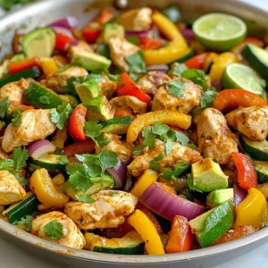 - 2 boneless, skinless chicken breasts, cut into bite-sized pieces - 1 cup assorted bell peppers (red, yellow, and green), thinly sliced - 1 medium zucchini, sliced into half-moons - 1 medium red onion, thinly sliced - 2 cloves garlic, minced - 1 can (15 oz) black beans, rinsed and drained - 1 tablespoon olive oil - 1 teaspoon smoked paprika - 1 teaspoon ground cumin - 1 teaspoon chili powder - Salt and black pepper to taste - Fresh cilantro, chopped (for garnish) - 1 ripe avocado, diced (for serving) - Lime wedges (for serving) - Substitutions for Chicken: You can use turkey or tofu for a lighter option. - Alternative Veggies: Try broccoli, carrots, or snap peas for a different twist. - Extras for Serving: Add sour cream, cheese, or hot sauce to spice it up. Creating this Chicken and Vegetables Skillet is easy and fun. The main ingredients shine with bright colors and flavors. Each item plays an important role. The chicken adds protein, while the veggies give great taste and nutrition. You can easily swap out ingredients based on what you have at home. This dish is all about flexibility. {{ingredient_image_2}} - Heat the Oil: Start by pouring one tablespoon of olive oil into a large skillet. Turn the heat to medium. Wait until the oil shimmers. This means it is hot enough. - Cook the Chicken: Add two boneless, skinless chicken breasts, cut into bite-sized pieces. Season the chicken with smoked paprika, ground cumin, chili powder, salt, and black pepper. Cook for 7-8 minutes. Stir the chicken often until it is browned and fully cooked. - Add Garlic: After the chicken is ready, add two minced garlic cloves. Stir constantly for 1-2 minutes. You want the garlic to smell great but not burn. - Incorporate Vegetables: Next, toss in 1 cup of assorted bell peppers, a medium zucchini, and a medium red onion. Stir-fry all these colorful veggies with the chicken. Cook for about 5-6 minutes. The veggies should be tender-crisp and bright. - Mix in Black Beans: Now, fold in one can of rinsed and drained black beans. Cook for another 2-3 minutes. This helps everything heat through and blend well. - Taste and Adjust: Before you serve, taste the mix. If it needs more flavor, add a bit more salt, pepper, or spices. When it tastes great, remove the skillet from the heat. - Presentation Tips: For a cozy feel, serve directly from the skillet. If you prefer plating, spoon the mixture onto plates. Top each serving with diced avocado and a sprinkle of fresh cilantro. - How to Serve: Serve with lime wedges on the side. This adds a zesty touch to each bite. Enjoy your vibrant and tasty chicken and veggie dish! - Best Techniques for Tender Chicken: Start with even-sized chicken pieces for even cooking. Use medium heat to avoid drying out the chicken. Cook until it’s golden brown, about 7-8 minutes. - How to Achieve Perfectly Cooked Vegetables: Cut vegetables into uniform pieces. This ensures they cook at the same rate. Stir-fry them quickly over high heat to keep them crisp and colorful. - Spice Adjustments: Feel free to tweak the spices. If you like heat, add more chili powder. For a smoky taste, increase the smoked paprika. - Adding Fresh Ingredients: Toss in fresh herbs like cilantro right before serving. It adds a burst of flavor. You can also squeeze fresh lime juice for zing. - Prepping Ingredients Ahead: Chop all vegetables and chicken before cooking. Store them in the fridge to save time. This makes cooking quick and fun. - Quick Cooking Techniques: Use one pan for everything. This saves time on cleanup. Stir-fry and mix ingredients quickly to keep them fresh and vibrant. Pro Tips Marinate for Extra Flavor: For enhanced taste, consider marinating the chicken in the spices and olive oil for at least 30 minutes before cooking. This allows the flavors to penetrate the meat thoroughly. Use Fresh Ingredients: Whenever possible, opt for fresh vegetables and herbs. They not only enhance the flavor but also improve the overall nutritional profile of the dish. Adjust Spice Levels: If you prefer a milder dish, reduce the amount of chili powder or use a bell pepper blend without spiciness. You can also serve with yogurt or sour cream to balance the heat. One-Pan Advantage: To save time on cleanup, use parchment paper to line the skillet. This prevents sticking and makes for an easier cleanup process. {{image_4}} Mexican-Inspired Additions For a Mexican twist, add corn and cilantro. You could also include diced jalapeños for heat. A squeeze of lime brightens the flavors and adds freshness. Serve with warm tortillas for a fun meal. Mediterranean Twist For a Mediterranean flair, switch bell peppers for eggplant and add olives. Use herbs like oregano and thyme for seasoning. A drizzle of feta cheese before serving adds a nice touch. Serve with pita bread for a complete meal. Keto-Friendly Modifications To make this dish keto-friendly, skip the black beans. Use more low-carb vegetables like spinach or broccoli. You can also replace the avocado with a creamy dressing made from Greek yogurt. Vegetarian or Vegan Options For a vegetarian version, replace chicken with firm tofu or tempeh. Cook the tofu until golden for texture. For vegan, omit the cheese and use plant-based garnishes instead of sour cream. Burrito Bowl Inspiration Create a burrito bowl by layering the chicken and veggies over rice or cauliflower rice. Top with salsa, sour cream, or guacamole. This makes a filling and delicious meal! Salad or Wrap Ideas You can serve this dish as a salad. Just add mixed greens and drizzle with your favorite dressing. For a wrap, use a tortilla to hold the chicken and veggies. Add fresh greens for crunch and flavor. Refrigeration Tips After you enjoy your Chicken and Vegetables Skillet, let it cool down. Store it in an airtight container. This keeps moisture in and helps it stay fresh. Place the container in your fridge. Keeping Ingredients Fresh To keep your dish fresh, use a container that seals tightly. This helps keep out air and prevents spoilage. Use it within three to four days for the best taste. Freezing the Dish If you want to save it for later, freezing is a great option. Allow the dish to cool completely. Then, place it in a freezer-safe container or bag. Make sure to remove as much air as possible. This helps avoid freezer burn. Reheating Instructions When you’re ready to eat, thaw it in the fridge overnight. Heat it in a skillet over medium heat until hot. Stir often to ensure even heating. You can also microwave it in short bursts, stirring in between. How Long It Lasts in the Fridge In the fridge, the Chicken and Vegetables Skillet lasts about three to four days. If you freeze it, it can last up to three months. Just remember to label your container with the date! Signs of Spoilage Check for changes in smell or color. If it smells sour or looks off, it's best to toss it. Make sure to avoid any mold growth. Always trust your senses when it comes to food safety! How do I know when chicken is fully cooked? You can check if chicken is done by using a meat thermometer. The inside should reach 165°F (75°C). If you cut it, the juices should run clear, not pink. Always ensure to check the thickest part of the chicken to be safe. This way, you avoid any risk of undercooking. Can I make this dish in advance? Yes, you can prepare this dish ahead of time. Cook it, let it cool, and store it in the fridge. It will stay fresh for about three days. When you’re ready to eat, just reheat it gently on the stove or in the microwave. This makes it a great option for meal prep. Caloric Content per Serving Each serving of this Chicken and Vegetables Skillet has about 400 calories. This number can change based on how much oil or other ingredients you use. Dietary Benefits of Ingredients This dish is packed with protein from chicken and fiber from black beans and veggies. Bell peppers and zucchini provide essential vitamins. Using olive oil adds healthy fats. Overall, it’s a wholesome meal that supports a balanced diet. Best Skillet Options A large non-stick skillet works best for this recipe. It helps prevent sticking and makes cleaning easier. If you have cast iron, that’s perfect too. It retains heat well and gives a nice sear to the chicken. Recommended Utensils for Cooking and Serving You will need a spatula for stirring, a meat thermometer for checking chicken, and a knife for cutting veggies. For serving, you can use a big spoon or even serve straight from the skillet for a fun touch. This blog post covered how to create a tasty dish using chicken, veggies, and spices. I shared tips for cooking, storage, and variations to suit your taste. With these insights, you can cook confidently and enjoy your meals more. Remember, experimenting in the kitchen can lead to great flavors. Use these ideas to make meals fun and delicious. Happy cooking!