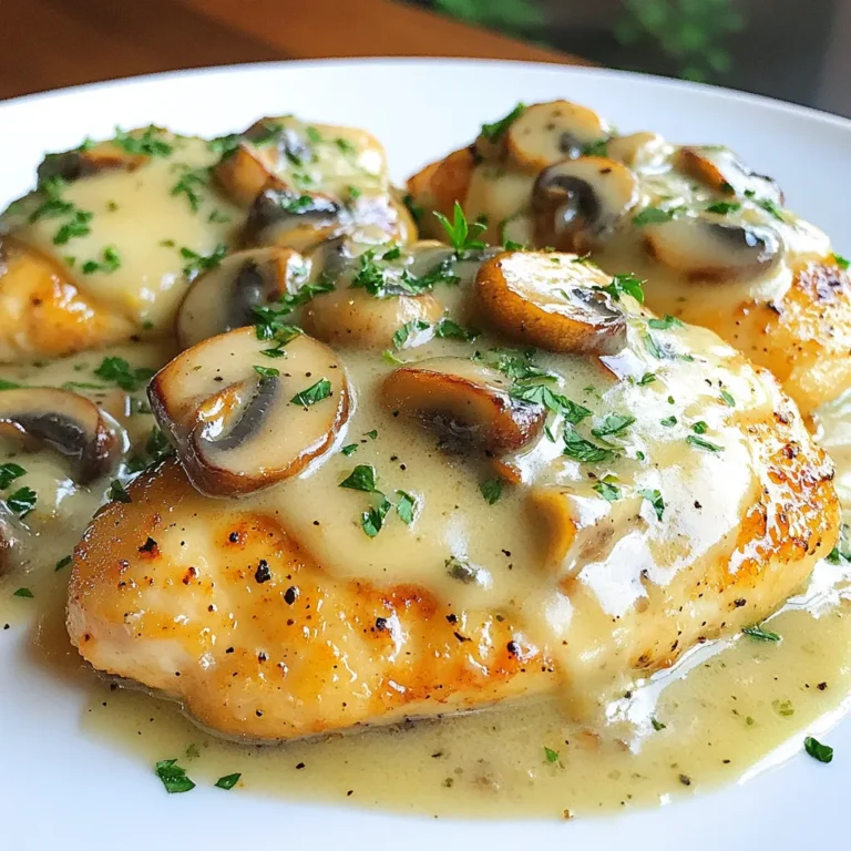 - 2 boneless, skinless chicken breasts - 1 cup sliced mushrooms (button or cremini) - 1/2 cup freshly grated Parmesan cheese - 3 cloves garlic, minced - 1/4 cup heavy cream - 2 tablespoons extra virgin olive oil - 1 tablespoon unsalted butter - 1 teaspoon dried thyme - Sea salt and freshly ground black pepper - Fresh parsley, chopped for garnish Gathering the right ingredients is key to making Parmesan Garlic Mushroom Chicken. Start with the chicken. Choose two boneless, skinless chicken breasts for best results. This cut cooks quickly and stays juicy. Next, get about one cup of mushrooms. You can use button or cremini varieties. Both add great flavor. For the cheesy goodness, grab half a cup of freshly grated Parmesan cheese. The fresher the cheese, the better the taste. Now, you’ll need three cloves of garlic. Mince them well for a strong flavor. Don’t forget the heavy cream; it’s a quarter cup for that rich, smooth sauce. You'll also need two tablespoons of extra virgin olive oil and one tablespoon of unsalted butter. This mix helps to sauté the chicken and mushrooms perfectly. Add one teaspoon of dried thyme for an herb kick. Lastly, season with sea salt and freshly ground black pepper to taste. For a touch of color and freshness, chop some parsley for garnish. This simple addition brightens the dish and makes it look lovely on the plate. With all these ingredients ready, you're set to create a delicious meal that’s sure to impress! {{ingredient_image_2}} First, season the chicken breasts. Use sea salt, black pepper, and dried thyme. Season both sides well. This step adds flavor and makes the chicken tasty. Proper seasoning is key to a great dish. It enhances the natural taste of the chicken. Next, heat olive oil in a large skillet. Set the heat to medium-high. Once the oil shimmers, add the chicken. Cook for 5-6 minutes on each side. Look for a golden brown color. The chicken should reach 165°F to be safe to eat. Once done, take it out and cover it. In the same skillet, lower the heat. Add unsalted butter until it melts. Then, toss in the sliced mushrooms. Sauté for about 5 minutes. Stir occasionally until they turn brown and tender. After that, add minced garlic. Cook for one more minute, but don’t let it burn. Now, pour in the heavy cream. Stir it well with the mushrooms. Gradually add freshly grated Parmesan cheese. Keep stirring until the cheese melts. This will give you a smooth and creamy sauce. Make sure there are no lumps in it. Return the seared chicken to the skillet. Nestle it in the rich mushroom sauce. Spoon the sauce over the chicken. Let it simmer for 2-3 minutes. This step allows all the flavors to mix nicely. Transfer the chicken to serving plates. Spoon more creamy mushroom sauce over the top. For a nice touch, sprinkle with fresh parsley. You can serve it on rice or mashed potatoes. These sides soak up the sauce and make it even better. To keep your chicken juicy, always season it well. Use sea salt, black pepper, and dried thyme. Pat the chicken dry before seasoning. This helps the spices stick better. Sear the chicken in a hot skillet for a nice brown crust. Cook it until it reaches 165°F. After cooking, let it rest for a few minutes. This allows the juices to redistribute and keeps the meat moist. To boost flavor, try adding lemon juice or zest. This brightens the dish and cuts through the creaminess. You can also add fresh herbs like basil or oregano. These herbs enhance the dish's taste. For a creamier sauce, balance it with a splash of white wine. This adds depth and a bit of acidity. If you want to swap heavy cream, use half-and-half or whole milk. This will lighten the dish while still keeping it creamy. For cheese, you can try Gruyère or mozzarella instead of Parmesan. These cheeses melt well and add a different flavor profile. Mixing cheeses can create a fun twist on the classic recipe. Pro Tips Choose the Right Mushrooms: Opt for a mix of button and cremini mushrooms for a depth of flavor and texture in your dish. Perfectly Sear the Chicken: Ensure your skillet is hot enough before adding the chicken to achieve a beautiful golden crust. Don’t Rush the Sauce: Allow the cream and Parmesan to meld slowly over low heat for a smooth, cohesive sauce. Garnish for a Pop: Always finish your dish with fresh herbs like parsley to enhance both the presentation and flavor. {{image_4}} You can switch chicken for turkey or pork. Both meats cook well and absorb flavors nicely. Turkey is leaner, while pork adds a bit more richness. For a vegetarian twist, use hearty ingredients like tofu or chickpeas. They soak up the sauce, making them tasty and filling. Mushrooms add depth to this dish. You can try different types, too. Shiitake, portobello, or oyster mushrooms all bring unique tastes. Mixing several varieties can boost the flavor profile even more. Experiment to find your favorite combo! Want to spice it up? Add spinach or sun-dried tomatoes. They add color and nutrition. For a touch of acidity, use white wine when you deglaze the skillet. It brightens up the sauce and balances the creaminess. These small tweaks can make your meal even better! After enjoying your Parmesan Garlic Mushroom Chicken, store the leftovers right. Place the chicken in an airtight container. Make sure the sauce covers the chicken well to keep it moist. Store it in the fridge within two hours of cooking. This helps keep it safe and fresh. Consume the leftovers within three days for the best taste. To reheat, use a skillet over medium heat. This method keeps the chicken juicy. Add a splash of water or broth if the sauce is too thick. Heat until the chicken reaches 165°F. You can also use a microwave. Cover the dish loosely to allow steam to escape. Heat in short bursts, checking frequently. Yes, you can freeze this dish! To freeze, let it cool completely first. Then, place it in a freezer-safe container or bag. Remove as much air as possible to prevent freezer burn. Label the container with the date. It can last up to three months in the freezer. To defrost, move it to the fridge overnight. Reheat it as mentioned above for the best results. To spice up your dish, add red pepper flakes or cayenne pepper. These spices bring heat without overwhelming the flavor. You can also try diced jalapeños for a fresh kick. Start with a small amount, then taste and adjust. This way, you control the spice level. Yes, you can use pre-cooked chicken. Just reduce the cooking time to about 5 minutes. You want to heat the chicken through without drying it out. Add it to the sauce once the mushrooms and garlic are ready. This keeps the flavor intact and makes it quick. For sides, I recommend rice or mashed potatoes. They soak up the rich sauce well. Steamed vegetables like green beans also add color and nutrients. A fresh salad can balance the meal with crunch and freshness. Choose what you love! You can prep some components ahead of time. Season and sear the chicken, then store it in the fridge. Slice the mushrooms and mince the garlic in advance, too. This saves time on busy nights. Just assemble and cook when you're ready! This blog post guides you through making a delicious Parmesan Garlic Mushroom Chicken. We covered the essential ingredients, step-by-step instructions, and helpful tips to ensure juicy chicken. You learned about variations and storage tips for leftovers too. Remember, feel free to customize the dish with different proteins or add spices for kick. This recipe not only satisfies your taste buds but is also fun to prepare. Enjoy cooking and savoring every bite!