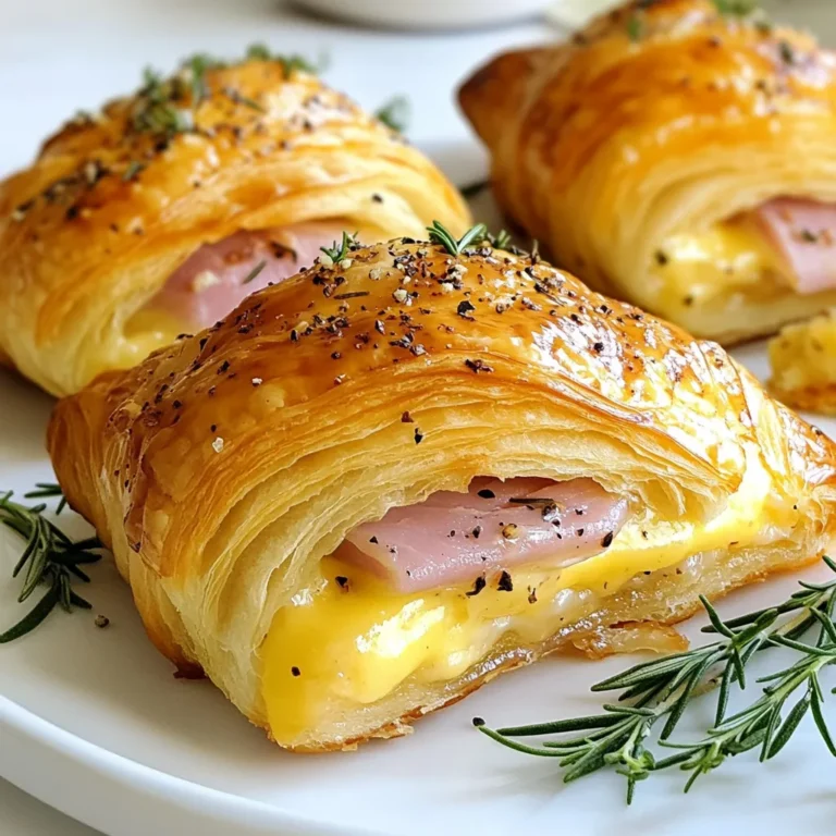 For this recipe, you need 6 large buttery croissants. Fresh croissants work best. Their soft texture holds the filling well. You can find them at bakeries or grocery stores. Frozen croissants can also work if thawed properly. You will need 200g of cooked ham, thinly sliced. I recommend using a good-quality ham for the best flavor. Honey-baked ham adds sweetness, while smoked ham gives a nice depth. Choose what you like best. Thin slices help the ham blend with cheese. Next, use 200g of Swiss cheese, also thinly sliced. Swiss cheese melts beautifully and adds a mild taste. If you want a sharper flavor, try cheddar or Gruyère. Mixing different cheeses can create exciting flavors. Just remember to slice them thinly for easy melting. To boost flavor, add 4 tablespoons of Dijon mustard and 1 tablespoon of fresh rosemary. The mustard adds a tangy kick. Fresh rosemary gives a nice herbal note. Don’t forget salt and freshly cracked black pepper to taste. These simple seasonings enhance the overall taste. {{ingredient_image_2}} Start by preheating your oven to 375°F (190°C). This step is key to getting soft croissants. You want them golden and crisp on the outside. The oven needs to be hot before you bake. Now, let’s put these tasty croissants together. Take each croissant and slice it in half horizontally. This creates a top and bottom. Spread about 1 tablespoon of Dijon mustard on the bottom half. This adds a nice zing. Next, layer the sliced ham on the mustard. Make sure to cover all the mustard for great flavor. After that, add Swiss cheese slices on top of the ham. You want enough cheese to melt and ooze out. It’s all about that cheesy goodness! Sprinkle the finely chopped rosemary over the cheese. Add a pinch of salt and some cracked black pepper. These seasonings really boost the taste. Finally, place the top half back on each croissant. Your sandwiches are now ready to bake! Before baking, brush the tops of the croissants with melted butter. This gives them a nice, shiny look. Place the croissants on a baking sheet lined with parchment paper. This helps with cleanup and keeps them from sticking. Now, brush the tops with the beaten egg for a glossy finish. Bake them in the oven for 12-15 minutes. Watch as they turn golden brown and the cheese melts. Once done, take them out and let them cool for a few minutes. This keeps you from burning your mouth. Serve them warm, and enjoy your cheesy ham delight! To get the perfect texture, use fresh croissants. They should be soft yet flaky. When you bake them, they will become golden and crispy on the outside. Brush the tops with melted butter before baking. This step adds a nice shine and crunch. Bake them until they are golden brown. This usually takes about 12 to 15 minutes. For extra flavor, use Dijon mustard on the bottom half of the croissant. This mustard gives a nice tang. You can also add fresh rosemary. This herb adds a wonderful aroma and depth to your dish. If you want more flavor, try adding some freshly cracked black pepper. Each bite will taste even better. When serving, presentation matters! Place the croissants on a wooden board. Line it with parchment paper for a rustic feel. You can also add a small bowl of extra Dijon mustard on the side. This makes it easy for guests to dip their croissants. Arrange them neatly for a beautiful display. A well-presented dish makes everything more inviting! Pro Tips Use Fresh Croissants: For the best flavor and texture, use fresh, high-quality buttery croissants. They will provide a delightful flaky base for your filling. Customize Your Fillings: Feel free to experiment with different types of cheeses or add ingredients like sautéed onions or spinach for a unique twist on the classic recipe. Perfect Egg Wash: For an extra glossy finish, ensure your egg wash is well-mixed and applied evenly to the tops of the croissants before baking. Serving Suggestions: Pair your croissants with a light salad or fresh fruit for a well-rounded meal, making it perfect for brunch or a light lunch. {{image_4}} You can switch up the meats in these croissants. Instead of ham, try turkey or chicken. Both options add a nice twist. If you prefer something richer, use prosciutto or salami. These meats bring unique flavors. You can even use a meat substitute, like tofu or tempeh, for a vegetarian version. The cheese can change the whole taste. Swiss cheese is great, but don't stop there! Gouda or cheddar can add a sharp flavor. For a creamier touch, try brie or cream cheese. Mix and match cheeses for a fun flavor experience. You can also use a spicy cheese if you want some heat. Dijon mustard is classic, but you can explore other spreads. Try a spicy mustard for a kick. Honey mustard adds sweetness. You can even use pesto for a fresh touch. A layer of mayo or aioli can also work well. Each spread brings its own charm to the croissant. After enjoying your croissants, store any leftovers in an airtight container. This keeps them fresh. Place the croissants in the fridge if you plan to eat them within three days. If you want to keep them longer, freezing is a better choice. To reheat your croissants, preheat your oven to 350°F (175°C). Place the croissants on a baking sheet. Heat for about 10 minutes until warm. This method helps keep the croissants crispy. You can also use a microwave, but this may make them soft. Freezing is a great option if you have extra croissants. Wrap each croissant tightly in plastic wrap. Then, place them in a freezer bag. They can last for up to three months. To enjoy, just thaw them in the fridge overnight before reheating. Yes, you can use thawed croissants. Just make sure they are fully thawed before starting. This helps them bake evenly. Thawed croissants can still taste great. They may not be as flaky but will still be yummy. If you don’t have Dijon mustard, use yellow mustard. You can also try honey mustard for a sweet twist. Both options add a nice flavor to your croissants. Adjust the amount to suit your taste. Baked ham and cheese croissants last about three days in the fridge. Store them in an airtight container to keep them fresh. You can also freeze them for up to two months. Just reheat in the oven for the best taste. In this blog post, we explored delicious ham and cheese croissants. We covered the main ingredients, from croissants to meats and cheeses. Next, I shared easy step-by-step instructions for baking them. I provided tips for the best texture and flavor. Additionally, we looked at variations for personal tastes and how to store leftovers. Remember, with some creativity, you can make these croissants unique. Enjoy your cooking and impress your friends with your tasty creations!