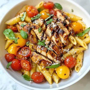 - 2 boneless, skinless chicken breasts - 8 oz penne pasta - 1 cup cherry tomatoes, halved - 1/2 cup fresh basil, chopped - 2 cloves garlic, minced - 1/4 cup balsamic glaze - 1 tablespoon olive oil - 1/2 teaspoon salt - 1/2 teaspoon black pepper - 1/4 cup grated Parmesan cheese - Optional: 1/4 teaspoon red pepper flakes for a spicy kick Tips for selecting fresh tomatoes When you pick tomatoes, look for ones that feel firm and heavy. The skin should be smooth and shiny. Smell the stem end; a strong, sweet smell means they are ripe. Choose cherry tomatoes that are bright and colorful. Importance of using fresh basil Fresh basil adds a bright flavor to the dish. It is best to use basil that is vibrant and fragrant. Dried basil will not give the same fresh taste. You can tear the leaves by hand to release more oils and flavors. Alternatives for chicken You can use turkey or tofu if you want to avoid chicken. Both options will still taste great. Just adjust cooking times as needed. Gluten-free pasta options If you need gluten-free pasta, look for penne made from rice or quinoa. These can be cooked just like regular pasta. They will soak up the flavors well. {{ingredient_image_2}} To start, fill a large pot with water. Add a good amount of salt. This step makes your pasta taste great. Bring the water to a boil over high heat. Once boiling, add 8 ounces of penne pasta. Cook it according to the package instructions. You want it to be al dente. This means it should be firm but not hard. Usually, this takes about 10-12 minutes. When done, drain the pasta and set it aside in a large bowl. While the pasta cooks, let’s prepare the chicken. Take 2 boneless, skinless chicken breasts. Season them with salt and black pepper. For some heat, add a pinch of red pepper flakes. This will make your chicken tasty. Heat 1 tablespoon of olive oil in a skillet over medium heat. Once the oil is hot, add the seasoned chicken. Cook for about 6-7 minutes on each side. You want the chicken to be golden brown and reach 165°F inside. After cooking, remove the chicken and let it rest for a few minutes. Then, slice it into thin strips. Now, let’s make the sauce. In the same skillet, lower the heat a bit. Add 2 minced garlic cloves. Sauté the garlic for about 30 seconds. Stir it constantly to avoid burning. You want it fragrant, not brown. Next, add 1 cup of halved cherry tomatoes to the skillet. Cook them for 3-4 minutes until they soften. Then, stir in 1/2 cup of chopped fresh basil. Finally, add the cooked penne pasta and 1/4 cup of balsamic glaze. Gently toss everything together until well mixed. Time to serve! Use deep bowls for a nice look. Spoon the pasta mixture into each bowl. Arrange the sliced chicken on top. Finish with a sprinkle of 1/4 cup of grated Parmesan cheese. For an extra touch, drizzle more balsamic glaze around the edge. Garnish with fresh basil leaves to make it pop. Enjoy your beautiful bruschetta chicken pasta! To make juicy chicken, start with good seasoning. Use salt and pepper. If you want heat, add a pinch of red pepper flakes. Make sure to cook the chicken until it reaches 165°F (75°C). This is the safe temperature for chicken. I check doneness with a meat thermometer. This tool is very helpful for beginners. Let the chicken rest for a few minutes after cooking. This keeps the juices inside. Slice it thinly before adding it to the pasta. This way, each bite has great flavor. To make the dish pop, you can add more herbs. Fresh oregano or thyme works well. They add a nice touch to the overall taste. You can also consider a squeeze of lemon juice. This adds brightness to the dish. Adjust the acidity of the balsamic glaze too. If it feels too sweet, add a splash of vinegar. This balances the flavors. Remember to taste as you go. Your taste buds are your best friend in the kitchen! Meal prep can cut down cooking time. You can cook the chicken and pasta ahead. Store them in the fridge until you are ready to eat. You can also use pre-cooked chicken. This can save you time when making dinner. If you want a quick fix, grab rotisserie chicken. It’s already cooked and adds great flavor. Use it in place of raw chicken for an easy meal. Just mix it into the pasta at the end. Enjoy your meal without the fuss! Pro Tips Perfect Pasta Cooking: Always salt your pasta water generously. It should taste like the sea, which enhances the pasta's flavor as it cooks. Chicken Searing Secrets: For a golden-brown crust on your chicken, make sure the skillet is hot and don't overcrowd the pan. This allows for better searing. Fresh Herbs Usage: Add fresh basil at the end of cooking to retain its vibrant flavor and color. Cooking it too long can diminish its freshness. Balsamic Glaze Tips: If you don't have balsamic glaze, you can reduce balsamic vinegar in a saucepan until it thickens. This creates a similar sweet-tart flavor. {{image_4}} You can easily make a vegetarian bruschetta pasta. Simply swap the chicken for your favorite veggies or tofu. Zucchini, bell peppers, and mushrooms work great. Cut the veggies into small pieces. Cook them in the skillet until tender. Tofu adds protein and absorbs flavors well. Cook it until golden. Adjust cooking times as needed. Veggies may take less time than chicken. Taste as you go to ensure they are cooked just right. For a creamy twist, add cream or cheese sauces to your dish. A rich Alfredo or a light cream sauce pairs nicely. You can also mix in a bit of cream cheese for extra richness. To make a simple creamy sauce, combine heavy cream, grated Parmesan, and a pinch of garlic powder. Heat it gently until smooth. Pour this over the pasta and mix well for a delightful creamy texture. If you love heat, try adding jalapeños or other spicy peppers. Fresh jalapeños can give a nice bite. You can also use crushed red pepper flakes for a subtler heat. Start with a small amount, then taste. Balance the spice with the fresh flavors of tomatoes and basil. Adding a touch of honey can also help mellow the heat while enhancing the sweetness. To keep your Bruschetta Chicken Pasta fresh, use airtight containers. Glass containers work great as they do not stain. Plastic containers are also good if they seal tightly. Store the pasta in the fridge for up to three days. The flavors will blend well, making it even tastier on the second day. When reheating pasta, avoid drying it out. You can use the microwave for quick reheating. Add a splash of water and cover the dish with a damp paper towel. This helps keep moisture in. For stovetop reheating, add a little olive oil or broth to a pan. Heat on low while stirring gently. This will keep the pasta fresh-tasting. You can freeze portions of Bruschetta Chicken Pasta for later meals. Let the pasta cool completely before freezing. Use freezer-safe containers or bags and label them with the date. When ready to eat, thaw the pasta overnight in the fridge. Reheat gently in a pan or microwave, adding a bit of water or oil to keep it moist. Enjoy the flavors even after freezing! Making Bruschetta Chicken Pasta is quick and easy. It takes about 30 minutes total. Here’s the timing breakdown: - Prep Time: 15 minutes - Cook Time: 15 minutes In just half an hour, you’ll have a delicious meal ready to enjoy. Yes, you can use many kinds of pasta. While penne works great, feel free to try: - Fusilli - Farfalle - Spaghetti Each type adds a different twist to the dish. Choose what you love! Bruschetta Chicken Pasta pairs well with several side dishes. Consider these ideas: - Garlic bread for a crunchy bite - A fresh green salad for a light touch - Roasted vegetables for extra flavor These sides will make your meal even better. You can prep Bruschetta Chicken Pasta ahead. Here are some meal prep tips: - Cook the pasta and chicken in advance. - Store them separately in the fridge. - Combine and heat when you’re ready to serve. This way, you’ll save time on busy days! This blog post guides you on making Bruschetta Chicken Pasta. We discussed key ingredients, like chicken and fresh basil, and their importance. I shared step-by-step cooking tips, ensuring a flavorful dish. You learned variations for different diets and how to store leftovers. In the end, this recipe is versatile and easy to make. Whether you want it spicy or creamy, there’s a version for you. Hopefully, you feel inspired to try this dish. It’s a great way to enjoy fresh flavors, and your taste buds will thank you!