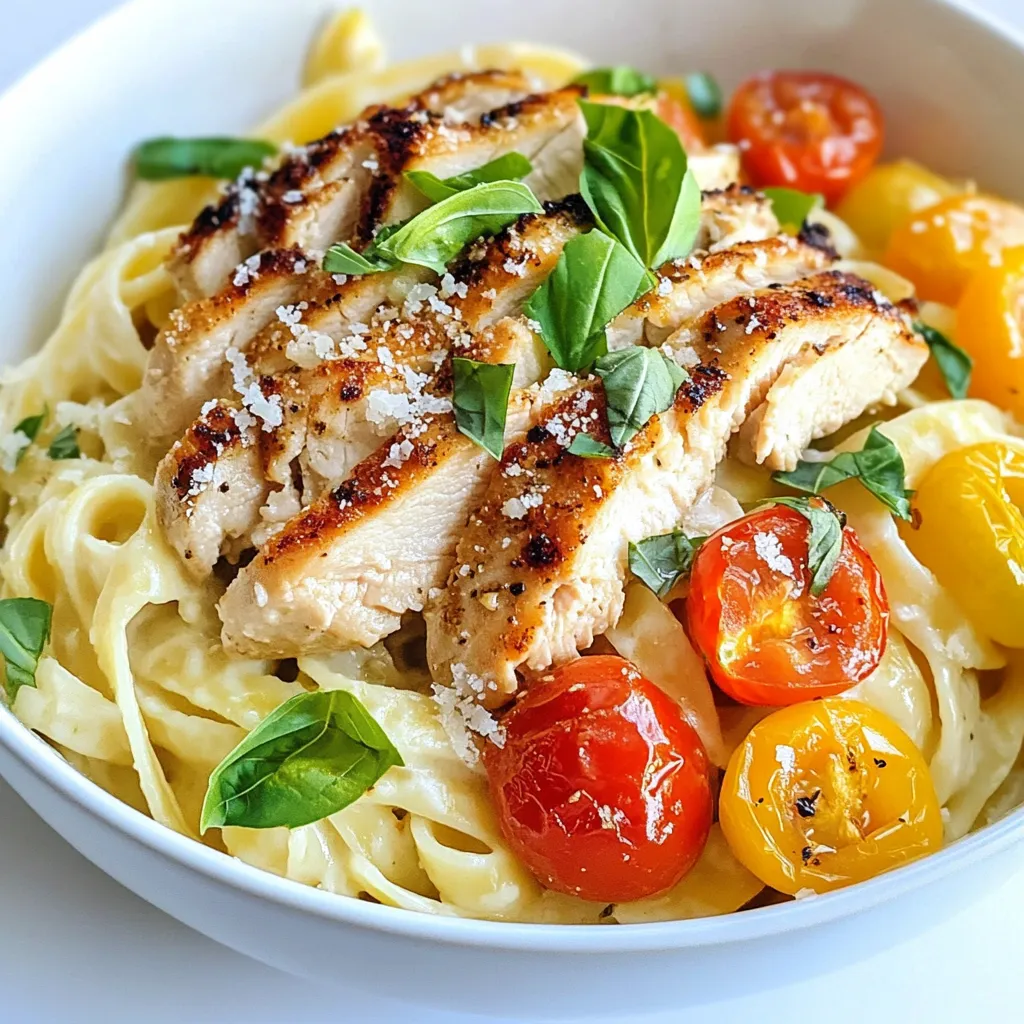 To make Marry Me Chicken Pasta, you will need the right ingredients. Each one plays a part in making this dish special. Here’s what you need: - 2 boneless, skinless chicken breasts - 8 ounces fettuccine or penne pasta - 1 tablespoon olive oil - 3 cloves garlic, minced - 1 cup cherry tomatoes, halved - 1 cup heavy cream - ½ cup chicken broth - 1 teaspoon Italian seasoning - 1 teaspoon crushed red pepper flakes (adjust to taste) - ½ cup grated Parmesan cheese - Fresh basil leaves for garnish - Salt and pepper to taste These ingredients work together to create a rich and creamy dish. The chicken brings protein, while the pasta adds a nice texture. Olive oil and garlic add flavor, with tomatoes bringing freshness. Heavy cream and chicken broth create a luscious sauce. Parmesan cheese gives a salty finish, and basil adds color and aroma. You can easily find these ingredients at your local grocery store. Fresh items, like basil and tomatoes, give the best taste. Enjoy cooking with these simple yet delicious ingredients! {{ingredient_image_2}} To start, boil water in a large pot. Use enough water to allow the pasta to move freely. Add a pinch of salt to the water. This helps flavor the pasta. Once the water is boiling, add your fettuccine or penne pasta. Cook according to the package instructions until it is al dente. This means it should be firm to the bite but not hard. Al Dente Cooking Tips - Stir the pasta often to prevent sticking. - Taste a piece a minute or two before the time is up. After cooking, drain the pasta in a colander. Be sure to save about a cup of the pasta water. This water is starchy and can help adjust your sauce later. Set the pasta aside in a bowl. Next, we need to cook the chicken. Take your two chicken breasts and season them well with salt and pepper. Heat one tablespoon of olive oil in a large pan over medium-high heat. Once hot, add the chicken breasts. Cooking Time and Techniques - Cook each side for about 5 to 7 minutes. - Make sure the outside is golden brown and the inside is cooked through. When done, remove the chicken from the pan. Let it rest for a few minutes. This helps the juices stay inside. After resting, slice the chicken into strips. In the same pan, reduce the heat to medium. Add minced garlic and sauté for about 30 seconds. You want the garlic to be fragrant but not burnt. Then, add the halved cherry tomatoes. Cook them for 3 to 4 minutes until they soften. Adding Stock and Cream Pour in the chicken broth and bring it to a simmer. Then, stir in the heavy cream and Italian seasoning. Mix well and let it simmer for about 5 minutes. This will help thicken the sauce. Now comes the fun part. Add the cooked pasta and sliced chicken into the sauce. Mix everything together gently. If the sauce looks too thick, add a splash of the reserved pasta water. This will help loosen it up. Adding Cheese and Seasonings Sprinkle in the grated Parmesan cheese and crushed red pepper flakes. Stir until the cheese melts and the sauce is creamy. Taste the dish and adjust with more salt or pepper as needed. For a great presentation, serve the pasta in wide bowls. Top each bowl with more grated Parmesan. Add a fresh basil leaf on top for a pop of color. Optional Spicy Enhancements If you like heat, offer extra crushed red pepper on the side. This way, everyone can spice it up to their taste. Enjoy your meal! - Key Cooking Techniques Start by boiling your pasta until it’s al dente. This means it should be firm, not mushy. While the pasta cooks, season your chicken well with salt and pepper. Sear it in olive oil until golden brown. This step adds great flavor. Don't rush; give the chicken enough time to cook. - Adjusting Flavor Profiles Taste as you go! You can add more crushed red pepper if you like heat. For a fresh touch, add lemon juice or zest before serving. If you love garlic, add more minced garlic when sautéing. This dish is all about making it yours. - Time-Saving Tips Use a large pot to cook pasta and chicken at the same time. Prep your ingredients before you start cooking. This keeps things moving smoothly. When in doubt, keep a little reserved pasta water nearby. It helps adjust the sauce's thickness. - Alternative Chicken Options If you're short on chicken breasts, try thighs or even turkey. Both options work well and add good flavor. For a plant-based version, use chickpeas or tofu for protein. - Pasta Varieties You can swap fettuccine for penne or even whole wheat pasta. Each type gives a unique twist to the dish. Just follow the cooking times on the package. - Non-Dairy Cream Alternatives For a lighter option, use coconut cream or cashew cream. Both choices add creaminess without dairy. Adjust seasonings to balance the flavors; they can be a bit sweeter. Pro Tips Perfect Pasta Texture: Ensure you cook the pasta just until al dente. This will keep it firm and prevent it from becoming mushy when mixed with the sauce. Flavorful Chicken: Marinating the chicken breasts in olive oil, salt, and pepper for at least 30 minutes before cooking can enhance the flavor and tenderness. Adjusting Sauce Thickness: If your sauce becomes too thick, gradually add reserved pasta water until you reach the desired consistency. This water also helps the sauce adhere to the pasta better. Fresh Herb Finish: Always add fresh basil just before serving. It not only adds a beautiful touch but also a burst of fresh flavor that elevates the dish. {{image_4}} - Replacing Chicken with Mushrooms Swap chicken breasts for mushrooms. Use portobello or button mushrooms for a hearty bite. Sauté them until golden in olive oil. They will absorb flavors well and add a nice texture. - Suggested Vegetable Additions Add bell peppers, zucchini, or spinach to the dish. These veggies enhance color and nutrition. For more flavor, try sun-dried tomatoes or artichoke hearts. They pair perfectly with the creamy sauce. - Increasing Red Pepper Flakes To kick up the heat, add more red pepper flakes. Start with an extra half teaspoon. Adjust it to your taste for a spicy twist. It brings a lovely warmth to the dish. - Adding Hot Sauce or Chili Paste For a bolder flavor, mix in your favorite hot sauce. Sriracha or chili paste works great. Stir it into the sauce before combining with pasta. This adds a nice punch without overpowering the dish. - Incorporating White Wine Add half a cup of white wine to the sauce. Choose a dry white like Sauvignon Blanc. This gives a bright, rich flavor. Let it simmer for a few minutes to cook off the alcohol. - Adjustments to Cream and Stock Reduce the cream slightly for a lighter sauce. Use chicken broth to balance the flavors. This keeps the dish creamy but adds freshness, making it perfect for any occasion. Refrigeration Guidelines You can store leftover Marry Me Chicken Pasta in the fridge. Place it in a sealed container. It stays fresh for up to three days. Make sure to let it cool before sealing. This helps preserve the flavor and texture. Freezing Instructions If you want to keep it longer, freeze the pasta. Use an airtight container or freezer bag. It can last for up to three months in the freezer. When ready to eat, thaw it overnight in the fridge. Best Methods to Reheat To reheat, you can use the microwave or stovetop. If using the microwave, place it in a bowl. Heat in short bursts, stirring often. For the stovetop, add a splash of chicken broth or cream. Heat over low until warmed through. Preserving Creaminess To keep the sauce creamy, add a bit of reserved pasta water. This helps restore the sauce's texture. Stir well to combine. Avoid high heat, as it may break the cream and ruin the dish. Total preparation and cooking time for Marry Me Chicken Pasta is about 30 minutes. You will need 15 minutes to prepare the ingredients and another 15 minutes for cooking. This quick time makes it a perfect meal for busy nights. Yes, you can make Marry Me Chicken Pasta ahead of time. To prepare it, cook the pasta and chicken as directed. Then, store them separately. When you are ready to eat, just heat them up together with the sauce. This keeps the pasta from getting soggy. Here are some great side options: - Garlic bread - Caesar salad - Steamed broccoli - Roasted asparagus These sides add freshness and flavor to the meal. Yes, you can use whole wheat pasta. Whole wheat pasta offers more fiber and nutrients. It will change the texture a bit, but it still tastes great. Cook it just like regular pasta, but check for doneness a minute early. You learned the steps and tips to make Marry Me Chicken Pasta. We covered the key ingredients, cooking methods, and ways to make it your own. Remember, you can swap ingredients and adjust the spice level. This dish is flexible and great for many tastes. Keeping leftovers fresh is easy with the right storage. Enjoy your delicious pasta meal, and feel free to share your variations. Cooking should be fun, so experiment and make it yours.