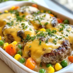 For this Amish Hamburger Steak Bake, you need: - 1 lb ground beef - 1 cup breadcrumbs - 1 small onion, finely chopped - 1 large egg - 1 teaspoon garlic powder - 1 teaspoon Worcestershire sauce - Salt and black pepper to taste - 2 cups beef broth - 2 cups frozen mixed vegetables (like carrots, peas, and corn) - 1 can (10.5 oz) cream of mushroom soup - 1 tablespoon soy sauce - 1 cup shredded sharp cheddar cheese These ingredients blend well to create a hearty dish. The ground beef adds flavor and protein. The breadcrumbs help bind the patties together. The onion and garlic powder add great taste. The cream of mushroom soup gives a rich, creamy texture. You can customize this dish with these optional ingredients: - Fresh mushrooms, sliced - Bell peppers, chopped - Corn kernels - Green beans Adding these ingredients can boost the flavor and nutrition. Feel free to mix and match according to your taste. Seasoning is key for great flavor. You can adjust salt and pepper to your liking. Here are some garnishes to try: - Fresh parsley, chopped - Chives, chopped - Additional cheese, for extra richness Garnishing with herbs adds color and a fresh touch. It makes the dish look appealing and inviting. {{ingredient_image_2}} Start by preheating your oven to 375°F (190°C). This step wakes up the oven for baking. In a large bowl, mix together 1 pound of ground beef, 1 cup of breadcrumbs, and 1 finely chopped small onion. Add 1 large egg, 1 teaspoon of garlic powder, 1 teaspoon of Worcestershire sauce, and salt and black pepper to taste. Get in there with your hands or a spatula. Mix until everything comes together as one. Next, form the mixture into oval patties, about ½ inch thick. Place them on a plate and set them aside. Heat a large skillet over medium heat. Once hot, add the patties to the skillet. Cook them for about 3 to 4 minutes on each side. You want them nice and brown but not fully cooked. They will finish cooking in the oven later. This step adds flavor and color to the patties. While the patties cook, prepare the sauce. In a separate bowl, whisk together 2 cups of beef broth, 1 can of cream of mushroom soup, and 1 tablespoon of soy sauce. Make sure it’s smooth and mixed well. In a large baking dish, lay the browned patties in a single layer. Carefully pour the mushroom soup mixture over the patties. Make sure every patty gets a good coat. Next, spread 2 cups of frozen mixed vegetables over the top. They should be evenly distributed. Cover the dish tightly with aluminum foil. Place it in the oven and bake for 30 minutes. This helps the flavors blend and the patties cook through. After 30 minutes, remove the foil and sprinkle 1 cup of shredded sharp cheddar cheese over the top. Bake uncovered for another 10 to 15 minutes until the cheese is melted and bubbly. After cooking, let the dish cool for a few minutes and garnish with freshly chopped parsley or chives. Enjoy your meal! To make great patties, start with cold ground beef. It helps keep the shape. Mix the meat gently with other ingredients. You want a good texture but not too dense. Make them oval and about ½ inch thick. This size ensures they cook evenly. For more flavor, try adding herbs like thyme or rosemary. You can also mix in grated cheese into the meat. A splash of hot sauce can add a nice kick. Don't forget to season well with salt and pepper. This makes a big difference in taste. If your patties are thicker, increase the cooking time. Keep an eye on them while they bake. If you like a crispy top, uncover the dish a bit earlier. Always check if the meat is fully cooked. It should reach an internal temperature of 160°F. Pro Tips Use Fresh Ingredients: Always opt for fresh vegetables and high-quality ground beef to enhance the flavor of your dish. Customize the Vegetables: Feel free to substitute or add your favorite vegetables to the mix, such as bell peppers or green beans, for a personal touch. Let It Rest: Allow the dish to cool for a few minutes after baking. This helps the flavors to settle and makes serving easier. Experiment with Seasoning: Don’t hesitate to adjust the seasoning to your preference; adding herbs like thyme or rosemary can elevate the dish. {{image_4}} You can make a tasty vegetarian version of this dish. Swap the ground beef for a plant-based meat alternative. Use 1 pound of lentils or mushrooms for texture and flavor. Mix in the same breadcrumbs and seasonings. You can also add some black beans for added protein. This change keeps the dish hearty and filling while catering to vegetarian diets. Cheese makes this dish extra delicious. While sharp cheddar is a classic choice, you can try other types. Mozzarella adds a gooey texture. Pepper jack gives a spicy kick. For a rich taste, consider using gouda. Feel free to mix different cheeses for a unique flavor profile. Don’t hesitate to change up the vegetables. While frozen mixed veggies work great, fresh veggies can shine too. Try bell peppers, zucchini, or green beans for a fresh taste. You can also add spinach for a pop of color and nutrients. The key is to use what you have on hand and what you love. This flexibility allows you to create a dish that suits your taste perfectly. You can store leftover Amish Hamburger Steak Bake in the fridge. Place the dish in an airtight container. It will stay fresh for up to three days. Make sure to cool it to room temp before sealing. If you want to keep it longer, freeze the leftovers. Cut the dish into portions and wrap each portion tightly in plastic wrap. Then, place them in a freezer-safe bag. This way, it will last up to three months. Label the bags with the date for easy tracking. To reheat, take the frozen portion out of the freezer. Let it thaw in the fridge overnight. You can heat it in the oven at 350°F (175°C) for about 20 minutes. Make sure it’s hot throughout. Stir it halfway through for even heating. If you prefer a microwave, heat in short bursts. Check every minute to avoid overcooking. Enjoy your comforting dish warm! You can use crushed crackers or oats. Both work well to bind the meat. You can also try ground almonds for a nutty flavor. If you need a gluten-free option, use gluten-free breadcrumbs or crushed cornflakes. Yes, fresh vegetables can replace frozen ones. Just chop them into small pieces. You may need to adjust the cooking time since fresh veggies cook faster. Try carrots, green beans, or bell peppers for great flavor. To make it gluten-free, swap regular breadcrumbs for gluten-free ones. Also, check your cream of mushroom soup for gluten-free labels. Use gluten-free soy sauce instead of regular soy sauce to keep the dish safe. Mashed potatoes are a great match. You can also serve it with a side salad or corn on the cob. Roasted vegetables add a nice touch too. These sides balance the meal and enhance the comfort feel. The Hamburger Steak Bake is simple and quick to make. We discussed the main ingredients, optional add-ins, and seasoning choices. I provided step-by-step instructions, from preparing and cooking patties to assembling your bake. You learned tips for perfecting your meal and how to adapt it for different diets. Lastly, we covered how to store, freeze, and reheat leftovers. Enjoy experimenting and making this dish your own! It’s a tasty meal that everyone will love.