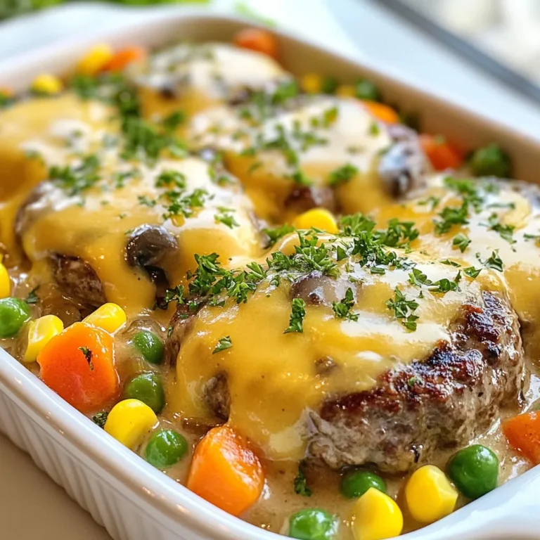 For this Amish Hamburger Steak Bake, you need: - 1 lb ground beef - 1 cup breadcrumbs - 1 small onion, finely chopped - 1 large egg - 1 teaspoon garlic powder - 1 teaspoon Worcestershire sauce - Salt and black pepper to taste - 2 cups beef broth - 2 cups frozen mixed vegetables (like carrots, peas, and corn) - 1 can (10.5 oz) cream of mushroom soup - 1 tablespoon soy sauce - 1 cup shredded sharp cheddar cheese These ingredients blend well to create a hearty dish. The ground beef adds flavor and protein. The breadcrumbs help bind the patties together. The onion and garlic powder add great taste. The cream of mushroom soup gives a rich, creamy texture. You can customize this dish with these optional ingredients: - Fresh mushrooms, sliced - Bell peppers, chopped - Corn kernels - Green beans Adding these ingredients can boost the flavor and nutrition. Feel free to mix and match according to your taste. Seasoning is key for great flavor. You can adjust salt and pepper to your liking. Here are some garnishes to try: - Fresh parsley, chopped - Chives, chopped - Additional cheese, for extra richness Garnishing with herbs adds color and a fresh touch. It makes the dish look appealing and inviting. {{ingredient_image_2}} Start by preheating your oven to 375°F (190°C). This step wakes up the oven for baking. In a large bowl, mix together 1 pound of ground beef, 1 cup of breadcrumbs, and 1 finely chopped small onion. Add 1 large egg, 1 teaspoon of garlic powder, 1 teaspoon of Worcestershire sauce, and salt and black pepper to taste. Get in there with your hands or a spatula. Mix until everything comes together as one. Next, form the mixture into oval patties, about ½ inch thick. Place them on a plate and set them aside. Heat a large skillet over medium heat. Once hot, add the patties to the skillet. Cook them for about 3 to 4 minutes on each side. You want them nice and brown but not fully cooked. They will finish cooking in the oven later. This step adds flavor and color to the patties. While the patties cook, prepare the sauce. In a separate bowl, whisk together 2 cups of beef broth, 1 can of cream of mushroom soup, and 1 tablespoon of soy sauce. Make sure it’s smooth and mixed well. In a large baking dish, lay the browned patties in a single layer. Carefully pour the mushroom soup mixture over the patties. Make sure every patty gets a good coat. Next, spread 2 cups of frozen mixed vegetables over the top. They should be evenly distributed. Cover the dish tightly with aluminum foil. Place it in the oven and bake for 30 minutes. This helps the flavors blend and the patties cook through. After 30 minutes, remove the foil and sprinkle 1 cup of shredded sharp cheddar cheese over the top. Bake uncovered for another 10 to 15 minutes until the cheese is melted and bubbly. After cooking, let the dish cool for a few minutes and garnish with freshly chopped parsley or chives. Enjoy your meal! To make great patties, start with cold ground beef. It helps keep the shape. Mix the meat gently with other ingredients. You want a good texture but not too dense. Make them oval and about ½ inch thick. This size ensures they cook evenly. For more flavor, try adding herbs like thyme or rosemary. You can also mix in grated cheese into the meat. A splash of hot sauce can add a nice kick. Don't forget to season well with salt and pepper. This makes a big difference in taste. If your patties are thicker, increase the cooking time. Keep an eye on them while they bake. If you like a crispy top, uncover the dish a bit earlier. Always check if the meat is fully cooked. It should reach an internal temperature of 160°F. Pro Tips Use Fresh Ingredients: Always opt for fresh vegetables and high-quality ground beef to enhance the flavor of your dish. Customize the Vegetables: Feel free to substitute or add your favorite vegetables to the mix, such as bell peppers or green beans, for a personal touch. Let It Rest: Allow the dish to cool for a few minutes after baking. This helps the flavors to settle and makes serving easier. Experiment with Seasoning: Don’t hesitate to adjust the seasoning to your preference; adding herbs like thyme or rosemary can elevate the dish. {{image_4}} You can make a tasty vegetarian version of this dish. Swap the ground beef for a plant-based meat alternative. Use 1 pound of lentils or mushrooms for texture and flavor. Mix in the same breadcrumbs and seasonings. You can also add some black beans for added protein. This change keeps the dish hearty and filling while catering to vegetarian diets. Cheese makes this dish extra delicious. While sharp cheddar is a classic choice, you can try other types. Mozzarella adds a gooey texture. Pepper jack gives a spicy kick. For a rich taste, consider using gouda. Feel free to mix different cheeses for a unique flavor profile. Don’t hesitate to change up the vegetables. While frozen mixed veggies work great, fresh veggies can shine too. Try bell peppers, zucchini, or green beans for a fresh taste. You can also add spinach for a pop of color and nutrients. The key is to use what you have on hand and what you love. This flexibility allows you to create a dish that suits your taste perfectly. You can store leftover Amish Hamburger Steak Bake in the fridge. Place the dish in an airtight container. It will stay fresh for up to three days. Make sure to cool it to room temp before sealing. If you want to keep it longer, freeze the leftovers. Cut the dish into portions and wrap each portion tightly in plastic wrap. Then, place them in a freezer-safe bag. This way, it will last up to three months. Label the bags with the date for easy tracking. To reheat, take the frozen portion out of the freezer. Let it thaw in the fridge overnight. You can heat it in the oven at 350°F (175°C) for about 20 minutes. Make sure it’s hot throughout. Stir it halfway through for even heating. If you prefer a microwave, heat in short bursts. Check every minute to avoid overcooking. Enjoy your comforting dish warm! You can use crushed crackers or oats. Both work well to bind the meat. You can also try ground almonds for a nutty flavor. If you need a gluten-free option, use gluten-free breadcrumbs or crushed cornflakes. Yes, fresh vegetables can replace frozen ones. Just chop them into small pieces. You may need to adjust the cooking time since fresh veggies cook faster. Try carrots, green beans, or bell peppers for great flavor. To make it gluten-free, swap regular breadcrumbs for gluten-free ones. Also, check your cream of mushroom soup for gluten-free labels. Use gluten-free soy sauce instead of regular soy sauce to keep the dish safe. Mashed potatoes are a great match. You can also serve it with a side salad or corn on the cob. Roasted vegetables add a nice touch too. These sides balance the meal and enhance the comfort feel. The Hamburger Steak Bake is simple and quick to make. We discussed the main ingredients, optional add-ins, and seasoning choices. I provided step-by-step instructions, from preparing and cooking patties to assembling your bake. You learned tips for perfecting your meal and how to adapt it for different diets. Lastly, we covered how to store, freeze, and reheat leftovers. Enjoy experimenting and making this dish your own! It’s a tasty meal that everyone will love.