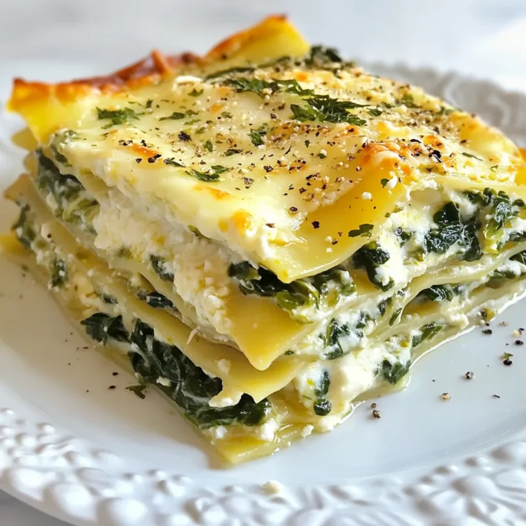 - 12 lasagna noodles - 2 cups ricotta cheese - 3 cups shredded mozzarella cheese - 1 cup grated Parmesan cheese - 4 cups fresh spinach, tightly packed - 1 cup kale, finely chopped - 4 cloves garlic, finely minced - 2 tablespoons extra-virgin olive oil - 1 teaspoon ground nutmeg - Salt and freshly ground black pepper to taste - 3 cups béchamel sauce (store-bought or homemade) Each ingredient plays a key role in the dish. The lasagna noodles serve as the base and hold everything together. Ricotta adds creaminess and a rich texture. Mozzarella melts beautifully and provides a gooey layer of cheesy goodness. Parmesan offers a sharp taste that enhances the overall flavor. Spinach and kale bring vibrant color and nutrients. Garlic adds a fragrant punch, while olive oil enriches the dish. Nutmeg adds warmth, and salt and pepper enhance all flavors. You can customize this lasagna to suit your taste. Try adding extra vegetables like mushrooms, zucchini, or bell peppers for more flavor and nutrition. For protein, consider cooked chicken, turkey, or even shrimp. If you want to mix up the cheeses, try goat cheese or fontina. These variations can change the dish and make it your own. To make this dish, you need a few essential tools. A large pot is great for boiling the noodles. A skillet helps prepare the garlicky greens. You will also need a 9x13-inch baking dish; glass or ceramic works best for even baking. A spatula or spoon is handy for layering the ingredients. Make sure you have measuring cups and spoons for accuracy. These tools will help you create this tasty comfort dish smoothly. {{ingredient_image_2}} 1. Preheat the oven to 375°F (190°C). This step makes sure your lasagna cooks evenly. 2. Boil the noodles: Bring a large pot of salted water to a boil. Cook the lasagna noodles until they are al dente, which usually means about 8-10 minutes. Drain them and lay them flat on a clean kitchen towel. This keeps them from sticking together. 3. Prepare garlicky greens: In a large skillet, heat 2 tablespoons of extra-virgin olive oil over medium heat. Add 4 minced garlic cloves and cook for about 1 minute. Stir the garlic until it smells nice, but don’t let it burn. 4. Add 4 cups of fresh spinach and 1 cup of chopped kale to the skillet. Season with salt and freshly ground black pepper. Cook until the greens are wilted, about 3-4 minutes. Remove from heat and let them cool slightly. 1. Assemble the first layer: Take a 9x13-inch baking dish. Spread a thin layer of béchamel sauce across the bottom. This helps keep the noodles from sticking. 2. Layer the noodles: Place 4 lasagna noodles over the sauce. Lay them slightly overlapping. 3. Add the filling: Spread half of the 2 cups of ricotta cheese over the noodles. Next, add half of the garlicky greens, followed by a layer of 3 cups of shredded mozzarella cheese. 4. Repeat the layering process: Add another layer of 4 noodles. Spread the remaining ricotta cheese, the rest of the garlicky greens, and another layer of mozzarella cheese on top. 5. Finish with noodles: Place a final layer of noodles on top. Pour the remaining béchamel sauce over this layer. Make sure all noodles are well covered. 6. Top it off: Sprinkle the top with 1 cup of grated Parmesan cheese and a dash of nutmeg. This gives a nice flavor and aroma. 1. Cover and bake: Cover the baking dish with aluminum foil to keep the cheese from burning. Bake it in the preheated oven for 25 minutes. 2. Uncover and finish baking: Remove the foil and bake for another 15-20 minutes. The top should be golden and bubbly when done. 3. Check doneness: To know if the lasagna is done, look for a golden top. The cheese should be melted, and the sauce should be bubbling around the edges. To make your white lasagna look stunning, think about presentation. When you serve it, use a sharp knife to cut neat squares. This helps keep the layers intact. Place each piece on a white plate to show off the colors. You can add a sprinkle of freshly chopped parsley on top for a pop of color. A light dusting of extra Parmesan cheese also adds a nice touch. Serving it with a crisp side salad makes the dish feel complete. For added flavor, consider spices like thyme or oregano. These herbs blend well with the creamy béchamel sauce. You can also mix in a pinch of red pepper flakes for some heat. If you want a richer sauce, try adding a bit of grated nutmeg to the béchamel. This will deepen the flavor profile and enhance the overall dish. To keep your lasagna moist, cover it with foil for the first part of baking. This prevents it from drying out. Remove the foil towards the end to allow the top to become golden and bubbly. If you have leftovers, reheating can be tricky. Place the lasagna in a baking dish and cover it with foil. Heat it at a low temperature, around 325°F. This will help retain the creamy texture and prevent it from becoming dry. Pro Tips Use Fresh Ingredients: For the best flavor and texture, opt for fresh spinach and kale instead of frozen. Fresh greens will provide a vibrant taste and a lovely bite to your lasagna. Make Your Own Béchamel: While store-bought béchamel is convenient, homemade béchamel sauce is richer and more flavorful. It’s worth the extra effort for a truly luscious lasagna. Let It Rest: After baking, allow your lasagna to rest for at least 10 minutes before slicing. This will help the layers set and make serving much easier. Experiment with Cheeses: Feel free to mix in different types of cheese, such as fontina or goat cheese, for added depth of flavor. Just ensure to maintain a balance to prevent overpowering the dish. {{image_4}} You can replace cheese with different options. Try using cashew cheese for a nutty taste. You might also enjoy using a mix of vegan cream cheese and nutritional yeast. For greens, consider using Swiss chard or collard greens. Both add great flavor and texture, making your dish even more colorful. For gluten-free noodles, look for rice or corn-based options. They work well and still hold together nicely. When making béchamel sauce, use gluten-free flour like almond or coconut flour. This swap keeps the sauce creamy without gluten. Adding protein can make your lasagna heartier. Ground turkey or chicken works great. You can also add shrimp or crab meat for a seafood twist. Balance flavors by using herbs like basil or oregano. They will enhance the taste without overwhelming your dish. To store leftover lasagna, let it cool first. Then, cut it into portions. Place each piece in an airtight container. You can also wrap it tightly in plastic wrap or aluminum foil. This helps keep it fresh and prevents drying out. Make sure to store it in the fridge within two hours of baking. It will stay good for about 3 to 5 days. To freeze lasagna, first, let it cool completely. Then, cut it into portions. Wrap each piece in plastic wrap or aluminum foil. After that, place the wrapped pieces in a freezer-safe bag or container. This keeps them fresh for up to three months. When you are ready to eat, take a piece out. Thaw it in the fridge overnight. Then, reheat it in the oven at 350°F (175°C) until hot, about 20-30 minutes. In the fridge, your white lasagna will last about 3 to 5 days. In the freezer, it can stay good for up to three months. Signs of spoilage include a sour smell, mold, or a change in color. If you see any of these signs, it’s best to throw it away. Yes, you can make this lasagna ahead of time. Prepare it fully, then cover and refrigerate for up to two days. This helps the flavors blend. Just remember to bake it longer if it is cold from the fridge. Yes, you can use a few alternatives for béchamel. For a quick option, try using cream cheese mixed with a little milk. You can also use store-bought Alfredo sauce or even a simple white sauce made with butter and flour. To reheat lasagna, preheat your oven to 350°F (175°C). Cover the dish with foil to keep it moist. Bake for about 20 minutes or until hot throughout. You can also reheat individual portions in the microwave for a quicker option. Just add a few drops of water to keep it from drying out. This blog post covered how to make a great lasagna. We discussed key ingredients and how each one adds flavor. I shared optional extras and helpful tools for cooking. You also learned step-by-step instructions for preparation, layering, and baking. There are many tips to enhance taste and presentation. We explored variations like vegetarian and gluten-free options. Finally, I provided storage tips to keep your lasagna fresh. With this guide, you can create a delicious lasagna that everyone will enjoy. Get cooking and enjoy every bite!