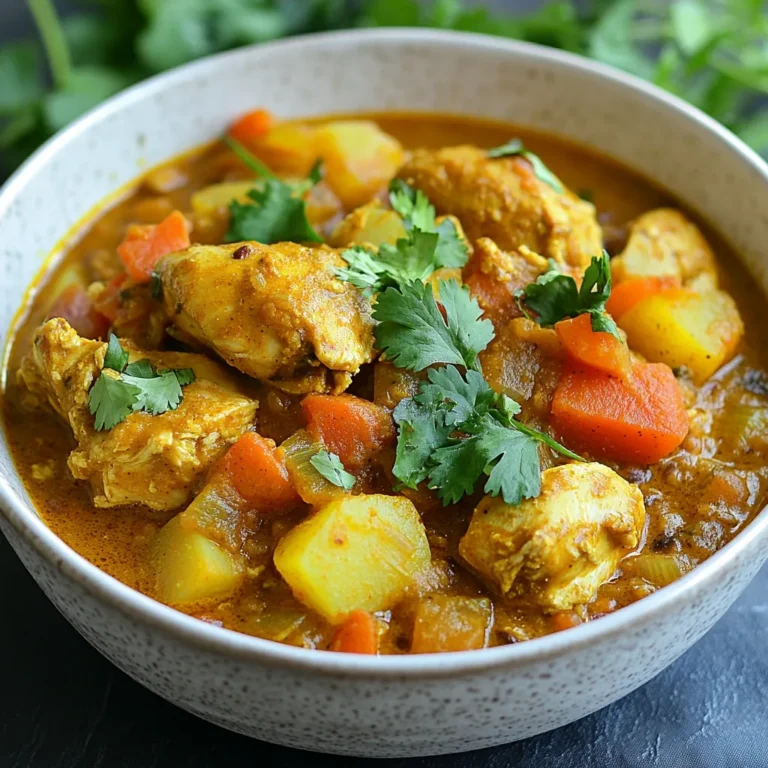 - 500g boneless chicken thighs, cut into bite-sized pieces - 1 cup red lentils, rinsed - 2 medium potatoes, diced - 1 carrot, diced - Aromatic spices: turmeric, garam masala, coriander - 1 tablespoon vegetable oil - 4 cups chicken stock - Salt to taste - Fresh cilantro for garnish - Large pot or Dutch oven - Cooking utensils: knife, cutting board, stirring spoon Gather these ingredients to create a rich and hearty Irish Chicken Dhansak. The chicken thighs give a tender bite, while the red lentils add creaminess. Potatoes and carrots bring sweetness and texture. You will also need basic cooking essentials, which are easy to find. Make sure to have a large pot ready. A Dutch oven works great for even cooking. Having a good knife and cutting board will make prep easy. Enjoy the process of cooking this delightful meal! {{ingredient_image_2}} To start, heat the vegetable oil in a large pot over medium heat. Once hot, add the mustard seeds and cumin seeds. Let them sizzle for a few seconds. This releases their lovely aroma. Next, add the finely chopped onion. Sauté it for about 5-7 minutes until it turns golden brown. The color change means the onion is ready. Now, stir in the minced garlic, grated ginger, and slit green chilies. Cook this mix for 2-3 minutes. You want the garlic to smell good but not burn. Now it’s time to add the bite-sized chicken pieces. Cook the chicken, stirring often, until it’s no longer pink. This takes about 5 minutes. Once cooked, sprinkle the turmeric powder, garam masala, and coriander powder over the chicken. Mix well to coat every piece in those bright spices. This step adds depth and warmth to your dish. Next, pour in the rinsed red lentils, diced potatoes, and diced carrot. Add the chicken stock, too. Stir everything together and raise the heat to bring it all to a boil. When it starts boiling, reduce the heat to a gentle simmer. Cover the pot and let it cook for about 25-30 minutes. Stir it once in a while. The lentils should become soft, and the chicken should be fully cooked. After cooking, taste it and add salt if needed. If you want more flavor, let it simmer for another 5 minutes. Before serving, sprinkle fresh cilantro on top for color and taste. To make your Irish Chicken Dhansak shine, always taste as you cook. Adjust the seasoning to your liking. You may want to add more salt or spices. Simmering is key. Letting the dish cook for a good 25-30 minutes helps blend the flavors. If you want a deeper taste, let it simmer a bit longer. This will make the meal rich and tasty. Choosing the right lentils matters. I recommend using red lentils for their quick cooking time. They break down nicely, giving the dish a thick texture. When cooking chicken, keep an eye on it. Cook the chicken until it is tender but not dry. This will give you a juicy bite in every spoonful. When it's time to serve, use deep bowls. This highlights the rich, hearty texture of the dish. Pair it with warm naan or fluffy rice. These sides soak up all the lovely sauce. For a finishing touch, sprinkle fresh cilantro on top. This adds color and a burst of flavor. Pro Tips Marinate for Flavor: Allowing the chicken to marinate in spices for at least 30 minutes prior to cooking can enhance the overall flavor of the dish. Use Fresh Ingredients: Fresh garlic and ginger will add a more vibrant taste than pre-minced versions, elevating the dish's aroma and flavor profile. Adjust Spice Levels: Modify the number of green chilies to control the heat level. You can also remove the seeds for a milder flavor. Let it Rest: Allowing the dhansak to sit for 10 minutes after cooking can help meld the flavors together, resulting in a richer taste. {{image_4}} You can easily make Irish Chicken Dhansak vegetarian. Instead of chicken, use vegetables or tofu. Choose hearty veggies like bell peppers, zucchini, or mushrooms. They soak up the rich flavors well. For tofu, press it to remove extra water before cooking. Cut it into cubes and add it when the chicken would go in. This change keeps the dish filling and tasty. If you like heat, adjust the green chilies. Start with two, then taste the dish. If it needs more spice, add another chili. You can also mix in extra spices. Try cayenne pepper or crushed red pepper flakes. This way, you can make it as spicy as you want. Just remember to balance heat and flavor. You can add a twist by using traditional Irish ingredients. Instead of chicken stock, use a good vegetable broth made from local veggies. You might also try adding some Irish potatoes. They add a nice texture and flavor. Finally, consider using spices that are easy to find in local markets. This makes the dish more unique while keeping it true to its roots. To keep your Irish Chicken Dhansak fresh, cover the dish well. You can use plastic wrap or a tight lid. Store it in the fridge. This will keep it safe for up to three days. Use glass or plastic containers for the best results. They help keep the flavors locked in. When it's time to eat again, there are safe ways to reheat it. You can use the microwave or a pot on the stove. If using a microwave, heat it on medium for two to three minutes. Stir halfway through to warm it evenly. If using a pot, add a splash of chicken stock or water. This helps keep the dish moist. Freezing your Irish Chicken Dhansak is easy. Allow it to cool completely before you freeze it. Portion it into containers or freezer bags. This way, you can take out just what you need. To thaw it, place it in the fridge overnight. When you're ready, reheat it using the methods mentioned above. Enjoy the tasty flavors even after freezing! Yes, you can make Irish Chicken Dhansak ahead of time. This dish stores well. Once cool, put it in an airtight container. It lasts up to three days in the fridge. When ready to eat, reheat it on the stove. Stir often to heat evenly. You can also use a microwave for quick reheating. Just add a splash of water to keep it moist. Irish Chicken Dhansak pairs nicely with various sides. Here are some great options: - Warm naan bread - Fluffy steamed rice - A fresh green salad - Spicy pickles or chutney For drinks, try a light beer or a fruity lassi. These options balance the flavors well. Cooking red lentils takes about 20 to 30 minutes. First, rinse them well under cold water. This removes any dust or debris. Add them to your pot with the chicken and other ingredients. Stir them in well. Keep an eye on them as they cook. They should be soft but not mushy. If they’re too firm, let them simmer a bit longer. In this blog post, we discussed the key ingredients for Irish Chicken Dhansak, including chicken, lentils, and spices. I outlined step-by-step cooking instructions, tips for flavor and texture, and variations for different diets. Remember, adjusting spices can make this dish your own. Proper storage and reheating keep it tasty for later meals. With these guidelines, you can easily create a satisfying and flavorful dish. Enjoy experimenting and make it a family favorite!
