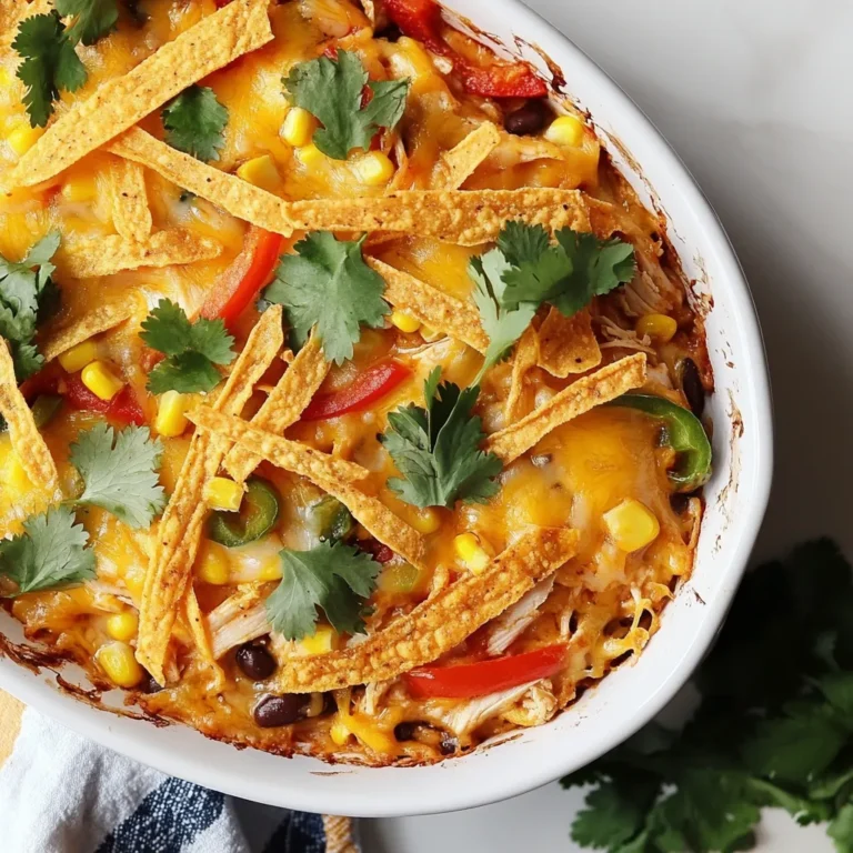 To make a delicious Fajita Chicken Casserole, gather these key items: - 2 cups cooked shredded chicken - 1 bell pepper (red or green), sliced into thin strips - 1 medium onion, sliced into thin wedges - 1 cup corn (fresh or frozen) - 1 can (15 oz) black beans, rinsed and drained - 1 cup salsa (choose mild or spicy based on your heat preference) - 2 cups shredded cheese (use cheddar or a Mexican cheese blend) - 1 teaspoon ground cumin - 1 teaspoon chili powder - Salt and pepper to taste - 8 small flour tortillas, cut into 1-inch strips - Fresh cilantro for garnish (optional, but recommended) You can swap some ingredients to fit your taste: - Use grilled chicken for a smoky flavor. - Try zucchini or mushrooms instead of bell peppers. - Substitute black beans with pinto beans or kidney beans. - Use homemade salsa for a fresh twist. - Replace flour tortillas with corn tortillas for a gluten-free option. Choosing fresh produce makes a big difference in flavor. Here are some tips: - Look for firm bell peppers with shiny skin. - Choose onions that are dry and have a strong smell. - For corn, pick ears that are bright green and tightly wrapped. - Check black beans for any signs of damage or age. - Always smell your salsa to ensure it’s fresh and zesty. {{ingredient_image_2}} First, set your oven to 375°F (190°C). This helps the casserole bake evenly. While it heats, gather your ingredients. You will need cooked shredded chicken, bell pepper, onion, corn, black beans, salsa, cheese, spices, tortillas, and cilantro. Having everything ready makes cooking much easier. In a medium skillet, add a splash of olive oil. Heat it over medium heat. Now, toss in the sliced bell pepper and onion. Cook them for 5-7 minutes until they soften and smell good. Add ground cumin, chili powder, salt, and pepper. Stir well to mix the spices with the vegetables. Grab a large mixing bowl. Combine the cooked chicken, sautéed veggies, corn, black beans, and salsa. Mix everything well with a spatula. Next, grease a 9x13 inch baking dish. Start layering by placing half of the tortilla strips on the bottom. Pour half of the chicken mixture on top, then add 1 cup of cheese. Repeat this with the rest of the ingredients, finishing with cheese on top. Cover your baking dish tightly with aluminum foil. Place it in the oven for 20 minutes. When the time is up, carefully remove the foil. Bake it for another 10-15 minutes. The cheese should melt, bubble, and turn golden brown. After baking, take the casserole out of the oven. Let it cool for a few minutes. If you like, sprinkle fresh cilantro on top for color and flavor. Serve it from the dish for a fun touch. A side of sour cream and guacamole makes it even better! You can prepare this casserole in advance. First, make the filling as usual. Layer it in your baking dish, but don't bake it yet. Cover it tightly with foil or plastic wrap. This way, it stays fresh in the fridge for up to three days. You can also freeze it for up to three months. Just thaw it overnight in the fridge before baking. Baking time may need adjustment if it’s cold from the fridge. Not everyone loves the same spice level. If you prefer a mild dish, choose mild salsa and skip the chili powder. For a bit more heat, add a pinch of cayenne pepper. You can also serve sliced jalapeños on the side. This way, each person can customize their plate. Seasoning is key to great flavor. When you sauté the veggies, let them cook until they are soft. This step releases their natural sweetness. Be sure to add salt and pepper as you go, not just at the end. Mix the spices into the filling well so every bite is tasty. Using fresh herbs, like cilantro, as a garnish adds a nice, bright flavor. Pro Tips Use Rotisserie Chicken: For a quicker prep time, consider using store-bought rotisserie chicken. It adds flavor and saves you cooking time! Customize Your Heat: Adjust the heat level by using different types of salsa or adding fresh jalapeños to the mixture. This way, everyone can enjoy their ideal spice level! Make Ahead: This casserole can be assembled ahead of time and stored in the fridge for up to 24 hours before baking, making it a great option for meal prep! Cheese Variation: Experiment with different cheeses like pepper jack for an extra kick or mozzarella for a milder flavor. Mixing cheeses can also create a more complex taste! {{image_4}} You can make a great vegetarian version of this dish. Instead of chicken, use a mix of veggies. Try adding mushrooms, zucchini, or more bell peppers. You can also use tofu for extra protein. Replace the cheese with a dairy-free option to keep the dish vegan. This way, you still get a hearty meal full of flavor. Want to change the protein? You can swap shredded chicken for ground beef or turkey. Cook the meat in a skillet with the spices before adding it to the mix. This option gives a different taste and texture. You can also use canned beans or lentils for a protein boost. Each choice brings its unique flair to the casserole. Cheese is key to a tasty casserole. While cheddar is classic, try other cheeses for fun. Pepper jack adds a nice kick, while Monterey Jack keeps it mild. You can mix different cheeses for more flavor. Cheese can also change the texture. Experiment to find your favorite combo. To keep your Fajita Chicken Casserole fresh, let it cool first. Once cooled, cover it tightly with plastic wrap or aluminum foil. You can also transfer it to an airtight container. Proper storage helps maintain flavor and texture. Store it in the fridge for up to four days. Reheat your casserole in the oven for the best results. Preheat your oven to 350°F (175°C). Place the casserole in an oven-safe dish. Cover it with foil to prevent it from drying out. Heat for about 20-25 minutes until it's warm throughout. You can also use the microwave if you're short on time. Just heat it in 1-minute intervals, stirring in between until hot. You can freeze Fajita Chicken Casserole for later use. To freeze, let it cool completely. Then, wrap it tightly with plastic wrap and foil or store it in a freezer-safe container. It can last up to three months in the freezer. When ready to eat, thaw it in the fridge overnight before reheating. This keeps it tasty and fresh. You can serve this casserole with many sides. I like to add sour cream and guacamole. You can also use tortilla chips for a crunchy touch. Fresh salsa pairs nicely too. A simple green salad adds freshness. You can even serve it with rice or beans for more heartiness. Yes, you can use whole wheat tortillas! They add a nice flavor and extra fiber. The texture is slightly different, but it works well. Just cut them into strips like flour tortillas. This choice makes the dish healthier while still being tasty. To spice it up, use hot salsa instead of mild. You can also add sliced jalapeños to the mix. For added heat, sprinkle in some cayenne pepper. Another option is to use pepper jack cheese instead of cheddar. Start with small amounts, then taste as you go! This casserole is not gluten-free as it contains flour tortillas. However, you can easily make it gluten-free. Just switch to corn tortillas instead. Make sure to check the labels on other ingredients too, like salsa and beans. When stored properly, the casserole lasts about 3-4 days in the fridge. Make sure to cover it tightly. If you want to keep it longer, you can freeze it. Just thaw it before reheating for the best taste. This blog post covered the key ingredients for a tasty Fajita Chicken Casserole and gave step-by-step instructions for cooking. I shared tips for choosing fresh produce and how to make the dish ahead of time. You can adjust flavors and explore variations to match your taste. Remember to store leftovers properly for the best taste. With these insights, you can create a delicious meal that fits your needs. Enjoy making this casserole and impressing your family and friends!