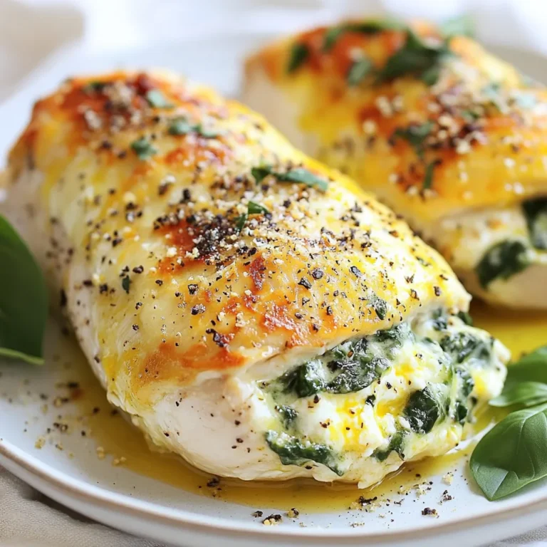 - 4 boneless, skinless chicken breasts - 2 cups fresh spinach, chopped - 1 cup ricotta cheese - 1/2 cup mozzarella cheese, shredded - 1/4 cup Parmesan cheese, grated - 2 cloves garlic, minced - 1 teaspoon dried oregano - 1/2 teaspoon salt - 1/4 teaspoon black pepper - Olive oil, for cooking - Toothpicks or kitchen twine (for securing) When making spinach stuffed chicken breasts, you need fresh ingredients for the best flavor. The chicken breasts should be boneless and skinless. This helps them cook evenly and makes stuffing easier. Fresh spinach adds a nice color and taste. You will also use three kinds of cheese. Ricotta gives a creamy texture. Mozzarella adds stretch and richness. Parmesan provides a sharp flavor. The garlic and oregano enhance the dish's aroma and taste. Seasoning is simple. A little salt and black pepper makes a big difference. Olive oil is key for cooking and helps the chicken brown nicely. Finally, toothpicks or kitchen twine keeps the filling from spilling out. With these ingredients, you can create a delicious meal that is both easy and impressive. Gather everything, and you are ready to start cooking! {{ingredient_image_2}} 1. Preheat the oven: Start by setting your oven to 375°F (190°C). This step is key for even cooking. 2. Sautéing garlic and spinach: In a medium skillet, heat 1 tablespoon of olive oil over medium heat. Add 2 minced garlic cloves. Cook for about 30 seconds until they smell great. Then, add 2 cups of chopped spinach. Stir it until it wilts, which takes about 2-3 minutes. Remove it from heat and let it cool. 3. Mixing the filling: In a bowl, mix the wilted spinach with 1 cup of ricotta cheese, 1/2 cup of shredded mozzarella cheese, and 1/4 cup of grated Parmesan cheese. Add 1 teaspoon of dried oregano, 1/2 teaspoon of salt, and 1/4 teaspoon of black pepper. Stir well to blend all the flavors. 1. Creating pockets in the chicken breasts: Take 4 boneless, skinless chicken breasts and slice each one horizontally. Cut deep to make a pocket, but don’t cut all the way through. 2. Filling and securing the chicken: Generously stuff each pocket with the spinach and cheese mix. Use toothpicks or kitchen twine to close the openings. This step keeps the filling from spilling out during cooking. 1. Searing the stuffed breasts: Heat a couple of tablespoons of olive oil in an oven-safe skillet over medium-high heat. Once hot, place the stuffed chicken breasts in the skillet. Cook for 3-4 minutes on each side. Look for a nice golden-brown crust. 2. Baking in the oven: Transfer the skillet to your preheated oven. Bake for 25-30 minutes. The chicken is ready when its internal temperature hits 165°F (75°C) and the juices run clear. 3. Resting before serving: Once baked, take the skillet out of the oven. Let the chicken rest for about 5 minutes. This step keeps the juices locked inside, giving you a juicy bite. After resting, remove the toothpicks or twine. You can slice the chicken in half for a lovely presentation if you wish. - Ensuring proper seasoning: Season your chicken breasts well. Use salt and pepper both inside and outside. The filling also needs seasoning. The ricotta and spinach blend needs flavor. This makes every bite tasty. - Achieving the right texture: The filling should be creamy yet firm. Use fresh spinach for a bright taste and texture. Mix the cheeses well. This gives a nice, cheesy pull when you cut into the chicken. - Overstuffing the chicken: It’s easy to want to pack in more filling. However, overstuffing can lead to mess. The chicken may burst, letting the filling escape. Stick to a generous but manageable amount. - Not resting the chicken before slicing: Let your chicken rest after baking. This keeps the juices inside. If you cut too soon, the juices run out. This can make the chicken dry. Rest it for about five minutes for the best result. Pro Tips Use Fresh Spinach: Fresh spinach will provide a vibrant flavor and texture compared to frozen spinach. Make sure to wash and dry it thoroughly before use. Experiment with Cheese: Feel free to mix and match cheeses. Adding feta or goat cheese can give the filling a unique twist that complements the chicken beautifully. Secure Properly: Ensure the chicken pockets are secured tightly with toothpicks or twine. This prevents the filling from leaking out during cooking, ensuring a juicy and flavorful bite. Rest Before Serving: Allow the stuffed chicken to rest for a few minutes after baking. This step helps the juices redistribute, resulting in a more succulent texture when sliced. {{image_4}} You can make this dish fit your needs. Here are some smart swaps: - Cheese Choices: Use lactose-free cheese if you're avoiding dairy. - Veggie Add-ins: Try sun-dried tomatoes or bell peppers for extra flavor. These changes keep the meal tasty while making it fit different diets. Want to make your spinach stuffed chicken even better? Here are my top tips: - Herbs and Spices: Add fresh basil, thyme, or a pinch of red pepper flakes. - Protein Options: Use turkey or even tofu if you prefer something different. These options add depth and fun to your dish. Don't be afraid to mix and match! To keep your spinach stuffed chicken breasts fresh, store them properly. First, let the chicken cool down to room temperature. Then, wrap each piece tightly in plastic wrap or place it in an airtight container. Store in the fridge for up to three days. If you want to save them for later, consider freezing. Place the chicken in a freezer-safe bag, squeezing out any air. This way, they can last up to three months in the freezer. When you are ready to enjoy the leftovers, reheating them properly is key. To keep your chicken moist, use the oven. Preheat it to 350°F (175°C). Place the chicken in an oven-safe dish and add a splash of chicken broth or water. Cover with foil to trap steam and heat for about 15-20 minutes. You can also use a microwave, but do so carefully. Heat in short bursts, checking regularly to avoid drying it out. Enjoy your delicious meal again! To check if the chicken is done, use a meat thermometer. Insert it into the thickest part of the chicken. The internal temperature should reach 165°F (75°C). This ensures the chicken is safe to eat. You can also look for visual signs. The juices should run clear, not pink. The chicken should feel firm and no longer be soft to the touch. Yes, you can prepare stuffed chicken breasts ahead of time. You can stuff the chicken and store it in the fridge for a day. This saves you time when cooking. Just be sure to cover it well to keep it fresh. If you want to freeze them, wrap them tightly. Use plastic wrap or a freezer bag to prevent freezer burn. Thaw them in the fridge before cooking. Several side dishes complement spinach stuffed chicken breasts nicely. Here are a few ideas: - Roasted vegetables, like carrots or broccoli - A light salad with mixed greens and vinaigrette - Garlic mashed potatoes for a creamy side - Quinoa or rice pilaf for a hearty base These options balance the flavors and add color to your plate. Enjoy mixing and matching to find your favorite! This post outlined how to make delicious stuffed chicken breasts. You learned about key ingredients, simple steps, and useful tips. Proper seasoning and resting are vital for the best flavor and texture. You can also make adjustments for different diets or preferences. Following these guidelines ensures a tasty meal. Don't forget to store leftovers properly for later enjoyment. With this knowledge, you can cook confidently and impress anyone at the table. Enjoy your cooking adventure with stuffed chicken!