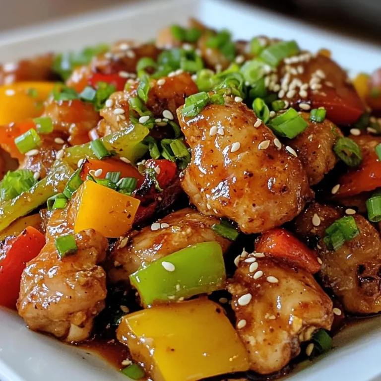 - 500g boneless chicken thighs, sliced - 2 tablespoons vegetable oil - 1 tablespoon sesame oil - 1 medium onion, sliced - 1 red bell pepper, sliced - 1 green bell pepper, sliced - 3 cloves garlic, finely minced - 1-inch piece fresh ginger, grated - 2 tablespoons gochujang (Korean chili paste) - 1 tablespoon soy sauce - 1 tablespoon honey - 1 teaspoon sugar - Salt and pepper, to taste - Green onions - Toasted sesame seeds - Crushed nuts like peanuts or cashews - For chicken, use beef or tofu if you like. - Use gluten-free soy sauce for a safe option. - For vegetarian dishes, try using mushrooms or eggplant. Gather these ingredients before you start cooking. They bring the bold and spicy flavor to your dish. Each item plays a key role. The chicken provides protein, while the gochujang adds that famous Korean spice. The mix of vegetables gives color and crunch, making the dish more fun to eat. Don't forget the garnishes! Green onions and sesame seeds make it look pretty and add more flavor. {{ingredient_image_2}} To start, take a medium bowl. Add the sliced chicken thighs. Mix in gochujang, soy sauce, honey, and sugar. Stir well until the chicken is fully coated. Cover the bowl with plastic wrap. Place it in the fridge for at least 30 minutes. This time lets the flavors blend. Next, grab a large skillet or wok. Pour in the vegetable oil and sesame oil. Heat it over medium-high until the oil shimmers. The right temperature is key for good flavor. Oils also help the chicken cook evenly. Now, carefully add the marinated chicken. Spread it in a single layer. This step is important for even cooking. Cook for about 5-7 minutes. Stir occasionally until the chicken turns golden brown. Make sure it is fully cooked. After the chicken is done, toss in the sliced onion and bell peppers. Cut the vegetables into thin strips. This helps them cook fast. Stir-fry everything for 3-4 minutes. The veggies should look bright and stay crunchy. Next, add the minced garlic and grated ginger. Stir them into the mix. Cook for one more minute. This timing is crucial for releasing their strong flavors. You want the dish to smell great! Finally, taste the stir-fry. Add salt and pepper as needed. If you like more heat, mix in extra gochujang. Once seasoned, remove it from heat. Transfer the stir-fry to a serving platter. Garnish with chopped green onions and toasted sesame seeds. For extra crunch, sprinkle on crushed nuts if you like. Enjoy this colorful dish! - Use high heat to cook quickly. This keeps the chicken juicy and tender. - Cook in small batches. This helps to prevent steaming and ensures a nice sear. - Stir often for even cooking. This makes sure all pieces get that delicious flavor. - Add vegetables like carrots or snap peas for more color and crunch. - Try adding a splash of lime juice for a fresh taste. - For more heat, add extra gochujang or some red pepper flakes. Adjust the spice to your liking. - Chop vegetables and marinate chicken a day before. This saves time and boosts flavor. - Store prepped ingredients in airtight containers in the fridge. Keep them fresh until you cook. - Reheat leftovers in a skillet over medium heat. Add a splash of water to keep it moist. Pro Tips Marination Magic: Allow the chicken to marinate for at least 1 hour for deeper flavor absorption. Overnight marination will yield even better results! Oil Temperature: Ensure your oils are hot before adding the chicken. This helps achieve a nice sear and keeps the chicken juicy. Crunch Factor: Add a variety of vegetables such as snap peas or carrots for extra crunch and color, enhancing both texture and visual appeal. Spice Control: Adjust the amount of gochujang to suit your heat preference; start with less and add more if you enjoy a spicier dish! {{image_4}} You can swap chicken for beef or tofu. If you choose beef, use thinly sliced flank steak. Marinate it just like the chicken. If you prefer tofu, use firm tofu. Press it to get rid of excess water. Cut it into cubes and fry until golden. This gives you a tasty and different texture. Change up your veggies based on the season. Try using broccoli, snow peas, or zucchini. These add color and crunch. You can also experiment with different chili pastes. If you like heat, use sambal oelek instead of gochujang. For a milder flavor, try sriracha or sweet chili sauce. Mix Korean flavors with other cuisines for fun twists. Try adding some Mexican spices for a spicy kick. You can serve the stir-fry with warm tortillas. This makes a tasty wrap! Or pair it with Italian pasta. A bit of soy sauce can make a unique noodle dish. Store leftover Korean Spicy Chicken Stir-Fry in an airtight container. This keeps it fresh. It lasts in the fridge for about 3 to 4 days. Make sure it cools before you seal it. This helps prevent moisture build-up. Yes, you can freeze this dish! Just let it cool fully before freezing. Use a freezer-safe container or bag. It keeps well for up to 3 months. To reheat, thaw it overnight in the fridge. Then, heat it in a pan over medium heat until hot. This stir-fry is great for meal prep. You can use it for lunch or dinner throughout the week. Pair it with steamed rice or quinoa for a full meal. Try adding steamed broccoli or carrots on the side, too. This adds color and nutrition to your meal prep routine. Gochujang is a Korean chili paste. It is thick, sweet, and spicy. The paste adds depth to dishes. It comes from fermented soybeans, red chili powder, and salt. You can find gochujang at Asian grocery stores. Look in the international aisle at larger supermarkets. Online stores like Amazon also carry it. Yes, you can adapt this recipe for vegetarian or vegan diets. Use tofu or tempeh instead of chicken. You can also try mushrooms for a meaty texture. Replace honey with maple syrup for sweetness. Adjust the gochujang to taste, as it can be spicy. Add more vegetables to enhance flavor and nutrition. Several side dishes go well with this stir-fry. Popular options include: - Steamed rice: A classic pairing that balances the spice. - Kimchi: This fermented dish adds tang and crunch. - Korean pickled radish: It brings a refreshing contrast. - Cucumber salad: A cool, crisp option to tone down heat. These sides create a complete meal that is both tasty and satisfying. You can create a delicious Korean spicy chicken stir-fry with simple steps. We covered essential ingredients, marinades, and cooking techniques. Using high heat and quick cooking brings out the best flavor. Remember, you can customize this dish with different proteins and vegetables. Plus, meal prep ideas make it easy for busy days. Enjoy experimenting with garnishes and spices. With these tips, you'll wow your family and friends as you serve this delightful meal. Your kitchen adventures await!
