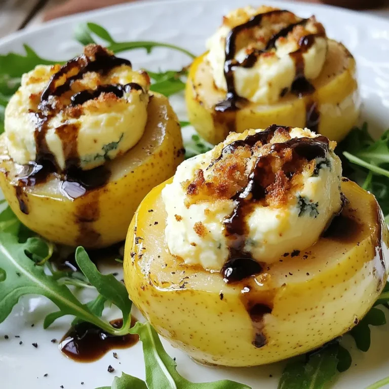 To make blue cheese stuffed pears, you'll need: - 4 ripe pears, halved and cored - 100g blue cheese, crumbled - 50g cream cheese, softened - 1 tablespoon honey (preferably local) - 1 tablespoon chopped walnuts (toasted) - optional - Fresh arugula leaves for garnish - Balsamic glaze for drizzling - Salt and freshly cracked black pepper to taste You can easily swap some ingredients if needed. Try these options: - Use goat cheese instead of blue cheese for a milder taste. - Substitute cream cheese with ricotta for a lighter feel. - Maple syrup can replace honey for a different sweetness. - If you don't have walnuts, try pecans or almonds for crunch. - Spinach can stand in for arugula if you want a different green. Using high-quality ingredients makes a big difference in taste. Here’s why: - Fresh Pears: Choose ripe pears for the best flavor and texture. They should feel slightly soft when pressed. - Blue Cheese: A good blue cheese should be creamy and flavorful. It adds depth to the dish. - Local Honey: Local honey offers unique flavors that enhance your dish. - Fresh Herbs: Fresh arugula adds a nice peppery flavor and a bright look. These choices will ensure that your blue cheese stuffed pears shine at any gathering! {{ingredient_image_2}} First, gather all your ingredients. This makes cooking smooth and easy. You need four ripe pears, blue cheese, cream cheese, honey, walnuts, arugula, balsamic glaze, salt, and black pepper. Make sure your oven is ready by preheating it to 375°F (190°C). This step is key for even cooking. Next, cut the pears in half. Use a melon baller or spoon to remove the core. This creates space for the tasty filling. In a medium bowl, mix the blue cheese, cream cheese, and honey. Stir until smooth and creamy. Taste the mixture and add a pinch of salt and some black pepper. Adjust the seasoning to your liking. Now, fill each pear half with the cheese mixture. Pack it in well for a great bite. Place the stuffed pears on a baking sheet lined with parchment paper. This prevents sticking and makes cleanup easier. Put the baking sheet in the oven. Bake for about 15 to 20 minutes. You want the pears to be tender and the cheese to bubble and turn golden. When done, carefully take the pears out and let them cool for about five minutes. To serve, place the warm pears on a nice platter. Add fresh arugula leaves for color and crunch. Drizzle balsamic glaze over the stuffed pears just before serving. This adds a sweet and tangy flavor that complements the dish perfectly. Enjoy this simple yet elegant recipe with friends or family! To make great blue cheese stuffed pears, pick ripe pears. Look for pears that yield slightly to gentle pressure. This shows they are soft enough inside. Good choices include Bartlett or Anjou pears. They are sweet and pair well with the salty cheese. Avoid pears that feel hard or have bruises. If you have leftover cheese mixture, store it in an airtight container. Keep it in the fridge for up to five days. When ready to use, stir the mixture well. You can stuff more pears or spread it on crackers. This mix also tastes great in salads. Season your cheese mixture to boost flavor. Start with a pinch of salt and freshly cracked black pepper. Taste after mixing and adjust as you like. For a sweet twist, add a bit more honey. For a nutty flavor, try mixing in some chopped walnuts. These small changes can make your dish shine even more. Pro Tips Choose the Right Pears: Select ripe pears that yield slightly to pressure for the best flavor and texture. Mix Cheese to Preference: Feel free to adjust the ratio of blue cheese to cream cheese based on your taste; more blue cheese will enhance the bold flavor. Experiment with Nuts: Adding toasted walnuts not only adds crunch but also complements the creaminess of the cheeses beautifully. Serve Warm: For the best experience, serve the stuffed pears warm, allowing the cheese filling to be creamy and delicious. {{image_4}} If you want a twist on the classic flavor, try different cheeses. Goat cheese adds a tangy taste. Feta cheese offers a salty bite. Cream cheese alone gives a smooth, mild filling. Each cheese choice changes the dish’s flavor. Experiment to find your favorite. While pears shine in this recipe, other fruits work well too. Apples add a crisp texture and sweetness. Peaches bring a juicy, summery flavor. You can even use figs for a rich touch. Choose fruits that are ripe and sweet for the best results. Adding toppings makes this dish even better. Toasted walnuts give a nice crunch. Drizzle honey for extra sweetness. A sprinkle of fresh herbs adds color and flavor. Consider a sprinkle of crushed red pepper for some heat. These small changes take your dish to the next level. Store your blue cheese stuffed pears in an airtight container. This keeps them fresh longer. Place a piece of parchment paper between layers to avoid sticking. They will stay good for about three days in the fridge. Keep them away from strong-smelling foods. The pears can absorb flavors and odors. To reheat your stuffed pears, preheat your oven to 350°F (175°C). Place the pears on a baking sheet. Cover them loosely with foil to prevent drying out. Heat for about 10 to 15 minutes. Check that they are warm throughout. You can also microwave them, but this may make the pears mushy. You can freeze stuffed pears for later use. To do this, prepare the pears but do not bake them. Place them in a single layer on a baking sheet. Freeze for about 1 to 2 hours until firm. Then, transfer them to a freezer-safe container. They will last up to three months in the freezer. When ready to eat, thaw in the fridge overnight and then bake as directed. Yes, you can use different blue cheeses. Each type has a unique flavor. Some may be milder or stronger than others. For a creamy taste, choose Gorgonzola. Roquefort offers a sharper bite. Experiment to find which suits your taste best. Stuffed pears can last about 3 to 4 days in the fridge. Make sure to store them in an airtight container. If you want to keep them longer, consider freezing them. However, the texture may change when thawed. Baked blue cheese stuffed pears pair well with sweet and savory items. Try serving them with a light salad of arugula. A drizzle of balsamic glaze adds a sweet touch. You can also enjoy them with nuts or crusty bread. This mix enhances the flavors and makes for a delightful dish. This article covered how to make delicious blue cheese stuffed pears. We discussed important ingredients, their quality, and easy substitutions. I provided step-by-step instructions for preparation and serving. You learned tips for choosing pears and storing leftovers. We explored variations to customize your dish and shared storage info for keeping it fresh. In closing, enjoy experimenting with flavors and ingredients. Your stuffed pears can impress anyone. Happy baking!