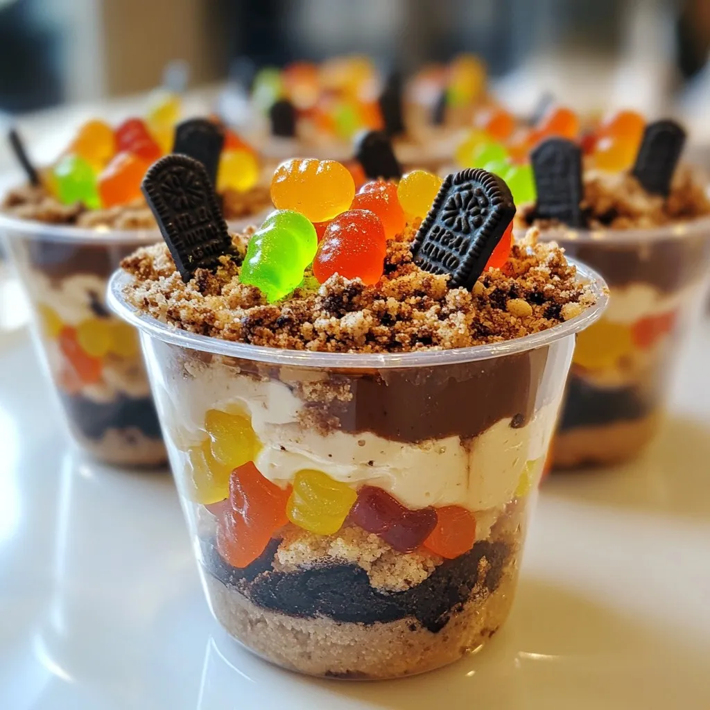 - 1 box (15.25 oz) chocolate cake mix - 1 box (3.9 oz) instant chocolate pudding mix - 3 cups milk - 1 cup whipped topping - 1 package (8 oz) cream cheese, softened - 1 cup powdered sugar - 1 package (14 oz) Oreo cookies, crushed - Edible gummy worms for decoration - Mini tombstone candies or small dark chocolate pieces - A splash of vanilla extract for extra depth - A dash of espresso powder to enhance chocolate flavor - Crushed nuts for added texture - Use gluten-free cake mix for a gluten-free option. - Swap cream cheese with a dairy-free cream cheese for a vegan choice. - Replace whipped topping with coconut whipped cream for a lighter feel. - Almond milk can replace regular milk for nut-free diets. {{ingredient_image_2}} Start by preheating your oven. Follow the instructions on the cake mix box. Prepare a 9x13-inch baking pan. Grease it if needed. Pour the cake batter into the pan. Bake until a toothpick comes out clean. This usually takes about 30 minutes. Once baked, let the cake cool on a wire rack. This step is key for a good texture. In a large bowl, mix the instant chocolate pudding and milk. Use a whisk to blend until smooth. Let it sit for about 5 minutes. This waiting time helps the pudding thicken. You want it to be creamy and rich. In another bowl, beat the softened cream cheese and powdered sugar. Use a hand mixer for a smooth texture. Make sure there are no lumps. Gently fold in the whipped topping. This keeps the mixture light and fluffy. It adds a nice creamy layer to your cups. Once the cake is cool, crumble it into small pieces. In a large mixing bowl, add half of the crumbled cake to the pudding. Mix gently until well combined. You want a nice blend of cake and pudding. This creates a delightful flavor in each bite. Grab clear plastic cups or small jars for serving. Start by adding a scoop of the cake and pudding mixture to the bottom. Next, layer on the cream cheese mixture. Keep adding layers until the cups are full. End with a layer of pudding on top. This creates a nice height and looks great. Now for the fun part! Sprinkle crushed Oreo cookies on top. This looks like dirt and adds a crunch. Insert gummy worms into the Oreo topping. They create a spooky effect. Add mini tombstone candies for a creepy touch. It makes your dessert look like a graveyard. To get the best flavor, chill the cups for at least 2 hours. This helps the layers set nicely. When serving, place the cups on a spooky tray. You can add some Halloween decorations around them. Dark napkins can enhance the theme too. Enjoy your delicious and fun Graveyard Dirt Cake Cups! To get nice layers in your cups, start with a flat base. Use a spoon to add your first layer. Make sure it's smooth and even. Mix the cake and pudding well, so they blend nicely. Alternate between the pudding and cream cheese mixtures. This gives a nice contrast. Keep your layers even for the best look. Crushing Oreo cookies is key for the "dirt" look. To do this, place the cookies in a zip-top bag. Seal it tight, and use a rolling pin to crush them. Aim for fine crumbs, but some small chunks add texture. You can also use a food processor for faster results. Just pulse until they look like dirt. For a spooky look, use clear cups to show off your layers. Place mini tombstones and gummy worms on top. Use a tray with Halloween decor to display them. Dark napkins can add a nice touch. You can even add fake spiders around the cups for fun. The more spooky details, the better! Pro Tips Use Room Temperature Ingredients: Ensure your cream cheese and whipped topping are at room temperature for a smoother mixture that blends easily. Chill for Best Results: Allowing the dessert cups to chill for a minimum of 2 hours enhances the flavors and helps the layers set properly. Layering Technique: For a better visual effect, use a piping bag to layer the cream cheese mixture, ensuring clean and defined layers between the cake and pudding. Customize Your Decorations: Get creative with the toppings! Use different candies or edible decorations to create your unique graveyard scene. {{image_4}} You can switch up the flavors in your Graveyard Dirt Cake Cups. Use vanilla cake mix and vanilla pudding for a lighter taste. Add peanut butter to the cream cheese mix for a nutty twist. You can even try a red velvet cake mix for a fun color change. Each flavor adds a unique spin to this spooky dessert. While Oreos work great, other cookies can shine too. Try chocolate wafers for a similar taste. Gingersnaps can add a spicy kick. If you want a fruity twist, crushed graham crackers can work well. Use what you love to make this dessert your own. You can make these cups vegan by using plant-based milk and dairy-free cream cheese. For a gluten-free version, choose a gluten-free chocolate cake mix and cookies. Both options keep the spooky fun while meeting different dietary needs. Enjoy the same treat without worry! Store your leftover Graveyard Dirt Cake Cups in the fridge. Use an airtight container to keep them fresh. If you used plastic cups, cover each cup tightly with plastic wrap. This helps prevent drying and keeps flavors intact. These delightful cups last about 3 to 5 days in the fridge. After that, the texture may change, and the flavors may fade. To enjoy them at their best, try to eat them within this time frame. You can freeze these cups for later enjoyment. Just make sure to cover them well. Use plastic wrap and then place them in a freezer-safe bag. They can last up to one month in the freezer. When ready to enjoy, thaw them in the fridge overnight. This keeps the layers intact and delicious! Yes, you can use homemade chocolate cake! Just ensure it is moist and not too crumbly. A rich cake will add depth to the cups. Bake it as you like, then let it cool completely before crumbling. This way, you get a fresh taste that many love! You can get creative with decorations! Try using: - Candy corn for a vibrant touch. - Chocolate sprinkles to mimic dirt. - Ghost-shaped candies for a spooky vibe. You can also use edible glitter for a magical effect. The goal is to make it fun and eye-catching! You can prepare the graveyard cups a day in advance. Just follow all steps, then chill them in the fridge. This allows the flavors to blend nicely. Make sure to add the gummy worms and tombstones right before serving, so they stay fresh! Absolutely! To make a larger batch, simply double the recipe. Use a big baking pan and extra cups. Just remember to adjust the chilling time to ensure all layers set well. More cups mean more fun at your Halloween gathering! You learned about the key ingredients needed for the Graveyard Dirt Cake. I shared steps to bake the cake, prepare the pudding, and layer it all in cups. We discussed tips for great layers and fun decorations. You also found ways to customize this treat for any diet. In the end, this dessert is fun, easy, and perfect for Halloween. Enjoy making it!