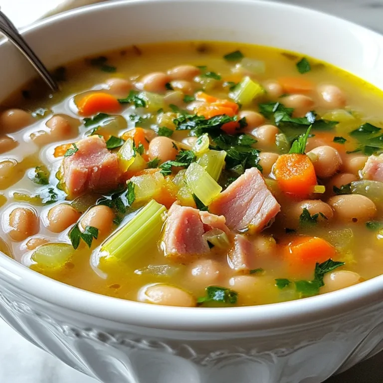 - 2 cups cooked ham, diced - 1 cup dry white beans (navy or great northern) - 1 medium onion, finely chopped - 2 medium carrots, diced - 2 celery stalks, diced - 3 cloves garlic, minced - 6 cups chicken broth - 2 bay leaves - 1 teaspoon dried thyme - 1 teaspoon smoked paprika - Salt and black pepper to taste - 2 tablespoons olive oil - Fresh parsley for garnish Gathering the right ingredients is key for a great ham and bean soup. Start with the ham. Diced pieces work best. You can use leftover ham from your last meal. It adds a nice, rich flavor. Next, you need white beans. Navy or great northern beans are perfect. Soak them overnight for best results. This helps them cook well and makes them tender. For the veggies, chop one medium onion, two medium carrots, and two celery stalks into small pieces. These will give your soup depth and texture. Garlic is essential too. Three cloves, minced, will create a fragrant base. You’ll want six cups of chicken broth. Low sodium broth keeps the flavors balanced. For seasoning, grab two bay leaves, one teaspoon of dried thyme, and one teaspoon of smoked paprika. These will add warmth and a hint of smokiness. Finally, have salt and black pepper on hand to adjust the taste. Use two tablespoons of olive oil to sauté your veggies. Fresh parsley can be used as a garnish for color and freshness. With these ingredients, you are ready to create a savory and flavorful ham and bean soup. {{ingredient_image_2}} Start by heating 2 tablespoons of olive oil in a large pot over medium heat. Once the oil shimmers, add 1 finely chopped onion, 2 diced carrots, and 2 diced celery stalks. Sauté these veggies for about 5 minutes. You want them soft and the onion to be clear. Next, add 3 minced garlic cloves. Stir for about a minute. The garlic should smell nice and golden. This step boosts the flavor of the soup. Now, it’s time for the star of the show! Stir in 2 cups of diced cooked ham. Mix it well with the veggies. Let it cook for 2-3 minutes so the flavors blend. Carefully pour in 6 cups of chicken broth. Then, add 1 cup of soaked and drained white beans. Toss in 2 bay leaves, 1 teaspoon of dried thyme, and 1 teaspoon of smoked paprika. Add salt and black pepper to taste. Stir everything well. This step ensures all the flavors mix. Increase the heat until your soup boils gently. Once it boils, reduce the heat to low. Cover the pot with a lid and let it simmer for about 1.5 to 2 hours. You want the beans to be soft and the flavors rich. After cooking, taste your soup. Adjust the seasoning if needed. Don't forget to remove the bay leaves before serving. Now, ladle the hearty soup into bowls. Top with fresh parsley for a pop of color. Enjoy your warm, comforting bowl of ham and bean soup! To make your ham and bean soup shine, start by adjusting the seasoning. After you finish cooking, taste the soup. You may want more salt or black pepper. This step is key to bringing out all the flavors. Next, pay attention to simmering time. Simmering the soup for 1.5 to 2 hours helps the beans become tender. It also lets the flavors meld together. A longer simmer can deepen the taste. The result is a rich, savory soup. Using a slow cooker can make this dish super easy. Just combine all your ingredients in the cooker. Set it on low for 6 to 8 hours. This method offers a hands-off approach. You’ll come home to a warm, ready meal. If you want a quicker option, an Instant Pot works wonders. Cook on the soup setting for about 30 minutes. This method saves time while keeping the flavor intact. When serving ham and bean soup, pair it with simple side dishes. A slice of crusty bread or a fresh salad works well. These sides balance the hearty soup. For garnishing, sprinkle fresh parsley on top before serving. This adds color and freshness. You can also try croutons for crunch. These small touches make your dish look beautiful and inviting. Pro Tips Soak Beans Overnight: This helps to soften the beans, reducing cooking time and enhancing their texture. Use Leftover Ham: This recipe is perfect for utilizing leftover ham, making it cost-effective and reducing waste. Adjust Seasonings: Always taste the soup before serving, and feel free to adjust seasonings to your personal preference. Garnish for Freshness: A sprinkle of fresh parsley not only adds color but also brightens the flavors of the soup. {{image_4}} You can easily tweak this ham and bean soup recipe. For a different flavor, try using bacon or sausage instead of ham. Each meat brings a unique taste. Bacon adds a smoky crunch, while sausage can give it a spicy kick. You can also play with the beans. While I love using white beans, you can switch to pinto or black beans. Each type brings its own texture and flavor. Pinto beans are creamy, and black beans add a nice earthiness. Don’t be afraid to mix and match! Ham and bean soup has many versions around the world. In the U.S., it often features navy beans and a hearty ham base. In other cultures, like in Portugal, they might add spices and greens, creating a different flavor profile. Seasonal changes can also enhance the dish. In the fall, adding kale or spinach gives the soup a fresh taste. In spring, try adding peas or leeks for brightness. Think of the local produce to inspire your own version! Each region and season can lead to a new favorite recipe. Store your ham and bean soup in an airtight container. It can last in the fridge for about 3 to 4 days. Let the soup cool before sealing it. For best results, reheat it gently on the stove. Stir often to ensure even heating. If you prefer the microwave, heat in short bursts. Stir between each burst to avoid hot spots. To freeze the soup, let it cool completely. Pour it into freezer-safe bags or containers. Leave some space at the top for expansion. It can stay fresh in the freezer for up to 3 months. When you're ready to enjoy it, move the soup to the fridge overnight to thaw. For quick thawing, place the bag in cold water. Reheat on the stove to bring back its rich flavors. Avoid refreezing once it has thawed to keep the texture nice. Can I use canned beans instead of dried? Yes, you can use canned beans. Rinse them well before adding. This saves time and still makes a tasty soup. How do I make the soup vegetarian-friendly? To make it vegetarian, skip the ham. Use vegetable broth and add more veggies. You can use mushrooms for a meaty texture. Health benefits of ham and bean soup Ham and bean soup is rich in protein. Beans provide fiber, which is good for digestion. It also has vitamins from the veggies. Caloric content per serving Each serving has about 300-400 calories. This can vary based on the amount of ham and oil you use. How long will leftovers last? Leftovers last about 3-4 days in the fridge. Store them in an airtight container to keep them fresh. Can I double the recipe for a larger group? Yes, you can easily double the recipe. Just make sure your pot is big enough to hold it all! This blog post explored the delicious ham and bean soup recipe. We covered the key ingredients, easy steps for cooking, and ways to enhance the flavor. I shared tips for different cooking methods and variations to try. You learned how to store and reheat the soup, along with answers to common questions. In conclusion, this warm and hearty meal is simple yet satisfying. Enjoy making this recipe and make it your own!