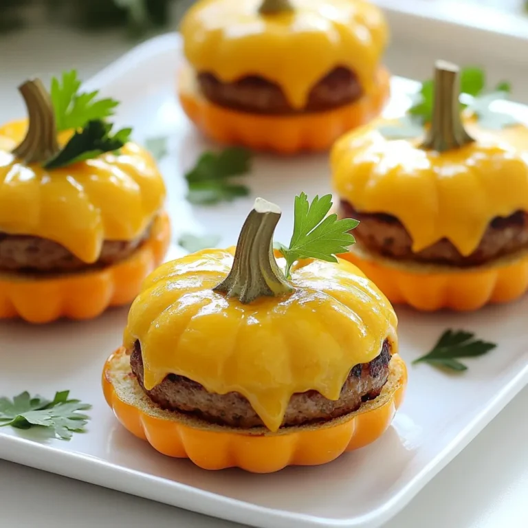 - 1 lb ground beef or ground turkey - 1/2 cup breadcrumbs - 1 large egg - 1 teaspoon garlic powder - 1 teaspoon onion powder - 1/2 teaspoon smoked paprika - Salt and pepper, to taste - 1/2 cup shredded sharp cheddar cheese - Mini burger buns (about 12) - 1/4 cup ketchup - 1/4 cup mustard - Pickle slices - Leafy lettuce - Fresh parsley leaves Use ketchup and mustard as your main condiments. They add great taste. Pickles and lettuce give crunch. Fresh parsley leaves make cute stems. These details make your burgers fun and festive. You can lay them out on a platter to look like a pumpkin patch. This will impress your guests! {{ingredient_image_2}} Start by grabbing a large mixing bowl. Add 1 pound of ground beef or turkey. Mix in 1/2 cup of breadcrumbs, 1 large egg, 1 teaspoon of garlic powder, and 1 teaspoon of onion powder. Don’t forget 1/2 teaspoon of smoked paprika, along with salt and pepper to taste. Use your hands or a spatula to blend everything well. You want a nice, even mix that holds together. Now it's time to shape your patties. Take a small scoop of the meat mixture. Roll it into a ball, about the size of a medium lemon. Gently pinch the sides to make ridges. This helps them look like pumpkins! Press a small indent in the center for even cooking. Aim for about 12 patties total. Heat a non-stick skillet or grill over medium-high heat. Carefully place your patties in the skillet. Cook them for about 4 to 5 minutes on each side. Make sure they cook all the way through. The internal temperature should reach 165°F for turkey or 160°F for beef. In the last minute, add some shredded cheese on top of each patty. Let it melt for that gooey goodness. Grab your mini burger buns. Spread ketchup and mustard on the bottom halves. Place a pumpkin-shaped patty on top. If you like, add optional pickle slices and crisp lettuce. Finish by placing the top halves of the buns on each burger. For a final touch, use fresh parsley leaves on top to mimic a pumpkin stem. These mini burgers are now ready to impress! To make the perfect pumpkin-shaped patties, start with even portions of meat. Use your hands to shape the patties like little pumpkins. Pinch the sides gently to form ridges. This helps them look cute and adds texture. Remember to press a small indent in the center. This helps them cook evenly and keeps them from puffing up. Whether you use ground beef or turkey, cooking times vary. For beef, cook until it reaches 160°F. For turkey, make sure it hits 165°F. Use a meat thermometer for accuracy. If you use turkey, it may need a bit more time in the pan. Always check that the meat is no longer pink in the middle. To melt cheese perfectly on your patties, add it during the last minute of cooking. Place a spoonful of shredded cheese on each patty. Cover the skillet with a lid. This traps heat and helps the cheese melt smoothly. Aim for a gooey finish that adds flavor and fun to your burgers. Pro Tips Use Fresh Ingredients: Whenever possible, opt for fresh ground meat and quality toppings. Fresh ingredients enhance the flavor and overall quality of your mini burgers. Experiment with Spices: Feel free to adjust the spices and seasonings in the meat mixture to suit your taste. Adding a pinch of cayenne pepper can give your burgers a delightful kick! Perfect Patty Size: Make sure to keep your patties uniform in size for even cooking. Using a measuring cup can help ensure they are all the same size and shape. Serving Presentation: Assemble the burgers on a decorative platter and consider garnishing with seasonal veggies or herbs. A beautiful presentation will make your dish more appealing to guests! {{image_4}} If you want a vegetarian burger, use black beans or lentils. Mash them with breadcrumbs and spices. For a vegan option, skip the egg and use a flax egg instead. Mix 1 tablespoon of flaxseed meal with 2.5 tablespoons of water and let it sit until thick. Form your patties just like the meat ones. To make these mini burgers gluten-free, swap breadcrumbs for gluten-free ones or crushed rice crackers. Always check labels on your condiments too. This way, you can enjoy the same great taste without the gluten. You can change the spices to match your taste. Add chili powder for heat or Italian herbs for a different vibe. Consider using different cheeses too. Pepper jack adds a nice kick, while mozzarella gives a milder flavor. Don't be afraid to experiment and find your favorite mix! After enjoying your pumpkin-shaped mini burgers, store any leftovers in a safe way. Place them in an airtight container. This keeps the burgers fresh and tasty. Make sure to refrigerate them within two hours of cooking. They can last in the fridge for up to three days. If you want to save your mini burgers for later, freezing is a great option. First, let the burgers cool completely. Then, wrap each burger tightly in plastic wrap. Place the wrapped burgers in a freezer-safe bag or container. They can stay in the freezer for up to three months. When you’re ready to eat them, just take out the desired amount. Reheating your mini burgers is simple. For the best results, use an oven or toaster oven. Preheat the oven to 350°F. Place the burgers on a baking sheet and heat for about 10-15 minutes. If you want to use a microwave, place the burger on a plate. Heat it for about 30 seconds to 1 minute. Check that they are hot all the way through before serving. Enjoy your tasty treat again! You can use ground turkey or chicken. They will taste great too! For a vegetarian option, try black beans or lentils. Mash them well and mix in breadcrumbs and spices. Yes, you can prepare the patties a day before. Store them in the fridge, wrapped tightly. You can also cook them and keep them warm. Just reheat before serving. Some local grocery stores might sell them. Look in the freezer section or the deli. You can also check specialty stores or online shops for fun options. Arrange the mini burgers on a platter like a pumpkin patch. Use small pumpkins for decoration. You can also serve with colorful dipping sauces for fun! You can create fun pumpkin-shaped mini burgers with simple ingredients and easy steps. We covered how to prepare the meat mixture, form patties, and cook them just right. You learned helpful tips to shape your patties, cook different meats, and melt cheese. Don’t forget the variations for vegetarians and those with gluten-free needs. Store leftovers properly and enjoy these tasty treats later. Use our FAQs for common questions. Now you can impress your friends with these fun and tasty burgers!