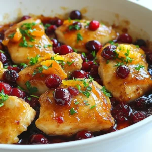 - 4 boneless, skinless chicken breasts - 1 cup fresh cranberries - 1 large orange (zest and juice needed) - 1/2 cup low-sodium chicken broth - 2 tablespoons honey - 1 teaspoon finely chopped fresh thyme (or 1/2 teaspoon dried thyme) - 1 tablespoon olive oil - Salt and freshly ground black pepper to taste - Fresh parsley, chopped (for garnish) You can swap a few ingredients if needed. Use frozen cranberries if fresh ones are out of season. For the orange, lemon juice works well too. If you want to lower sugar, use maple syrup instead of honey. If you can't find fresh thyme, dried thyme is a good choice. Lastly, any neutral oil can replace olive oil. This dish serves four and provides a balanced meal. Each serving offers about: - Calories: 300 - Protein: 28g - Carbohydrates: 30g - Fat: 10g - Fiber: 3g - Sugar: 10g This meal packs a punch with protein and flavor. Enjoy the mix of sweet and savory, making it a delightful choice for dinner! {{ingredient_image_2}} Start with four boneless, skinless chicken breasts. Rinse them under cold water and pat them dry with paper towels. This helps remove any extra moisture. Next, season both sides with salt and pepper. This step adds flavor to your chicken. Heat one tablespoon of olive oil in an oven-safe skillet over medium-high heat. Wait until the oil shimmers. Carefully place the chicken breasts in the hot skillet. Sear them for about three to four minutes on each side. You want a nice golden-brown crust. This crust locks in the juices and flavors. While the chicken cooks, it&rsquo;s time to make the sauce. In a medium saucepan, combine one cup of fresh cranberries, the zest of one large orange, and the juice from that orange. Add half a cup of low-sodium chicken broth, two tablespoons of honey, and one teaspoon of finely chopped fresh thyme. If you use dried thyme, just use half a teaspoon. Place the saucepan over medium heat and bring it to a gentle boil. Once it boils, reduce the heat and let it simmer for about ten minutes. You&rsquo;ll hear the cranberries burst, and the sauce will thicken. This sauce is bright and full of flavor. After searing the chicken, pour the prepared cranberry-orange sauce over it in the skillet. Ensure each piece is nicely coated. Now, transfer the entire skillet to your preheated oven at 375&deg;F (190&deg;C). Bake for 20 to 25 minutes. Use a meat thermometer to check that the chicken reaches an internal temperature of 165&deg;F (74&deg;C). Once done, carefully remove the skillet from the oven. Let the chicken rest for a few minutes. This step helps it keep its juices. Just before serving, sprinkle chopped fresh parsley on top for a pop of color. You can serve the chicken with steamed vegetables or fluffy rice. Enjoy this tasty and simple meal! To sear chicken perfectly, start with dry breasts. Pat them with paper towels to remove moisture. This helps get a nice crust. Heat your skillet over medium-high heat and add olive oil. Wait until the oil shimmers before adding the chicken. Sear each side for 3-4 minutes. Don&rsquo;t move the chicken around too much. Let it sit for even browning. To thicken the cranberry-orange sauce, let it simmer longer. As it cooks, the cranberries burst and release pectin, which helps thicken. If you want a thicker sauce, mix a bit of cornstarch with cold water. Stir this mixture into the sauce and cook for a few more minutes. This will create a luscious, glossy finish. Serve your Cranberry Orange Chicken Delight on a large platter. Drizzle the vibrant sauce over the chicken. Garnish with fresh parsley for a pop of color. This dish goes well with fluffy rice or steamed vegetables. You can also pair it with a light green salad for a fresh crunch. Enjoy a glass of white wine to balance the flavors. Pro Tips Use Fresh Ingredients: Fresh cranberries and a ripe orange will enhance the flavor of your sauce, making it vibrant and delicious. Perfectly Sear the Chicken: Make sure your skillet is hot enough before adding the chicken to achieve a nice golden-brown crust, which locks in moisture. Adjust Sweetness: Depending on your taste preference, feel free to adjust the amount of honey in the sauce for a sweeter or more tangy flavor profile. Let it Rest: Allowing the chicken to rest after baking helps retain its juices, ensuring a tender and juicy result when served. {{image_4}} You can switch the chicken for other proteins. Try turkey breasts for a leaner option. Pork tenderloin also works well and adds a nice flavor. If you want seafood, use salmon fillets. Adjust cooking times based on the protein you choose. For turkey or pork, cook until it reaches 165&deg;F (74&deg;C). Salmon can be done at 145&deg;F (63&deg;C). Add your favorite spices to change the taste. Garlic powder or onion powder can boost the flavor. You might also enjoy a pinch of cinnamon or allspice for warmth. Fresh herbs like rosemary or sage can replace thyme. Experiment with these flavors to find what you love best. For a vegetarian twist, use tofu or tempeh. Press and cube the tofu, then marinate it in the sauce. Bake it just like the chicken. You can also try using hearty vegetables like eggplant or portobello mushrooms. These will soak up all the delicious flavors of the sauce. Cook them until tender for the best results. After enjoying your Cranberry Orange Chicken Delight, let the leftovers cool down. Place them in an airtight container. This helps keep the chicken moist and flavorful. Store in the fridge for up to 3 days. If you want to enjoy it later, freezing is a great option. When you are ready to eat the leftovers, you can reheat them easily. Preheat your oven to 350&deg;F (175&deg;C). Place the chicken in an oven-safe dish. Cover it with foil to keep it from drying out. Heat for about 15-20 minutes until warm. You can also use a microwave. Heat in short bursts of 1 minute, checking often. To freeze this dish, first, make sure it is completely cool. Cut the chicken into pieces for easier thawing. Place the chicken and sauce in a freezer-safe bag. Remove as much air as possible before sealing. It will last for about 3 months this way. When ready to eat, thaw in the fridge overnight, then reheat as explained earlier. You can use dried cranberries if you can't find fresh ones. Dried cranberries are sweeter and less tart. You can also use frozen cranberries, which work well in this dish. Just thaw them before cooking. If you're feeling creative, try using pomegranate seeds for a unique twist. Yes, you can prepare this dish ahead of time. Cook the chicken and sauce fully, then let them cool. Store them in the fridge for up to two days. When you're ready to eat, reheat the chicken in the oven at 350&deg;F (175&deg;C) until warm. This saves time and still gives you a tasty meal. To change the sauce's sweetness, you have a few options. If it&rsquo;s too sweet, add a splash of lemon juice or vinegar. This will balance the flavor. If you want it sweeter, stir in more honey or maple syrup. Start with a small amount and taste as you go to find the right balance for you. This article covered all the key parts of making a great dish. You learned about the ingredients needed and how to swap them. We shared easy steps to prep, cook, and bake everything. I also offered tips for perfect chicken and sauce, along with serving ideas. Remember, there are many ways to change the dish based on your taste. Store your leftovers well, and know how to reheat them for the best flavor. With these details, you can create a delicious meal every time. Enjoy your cooking journey!