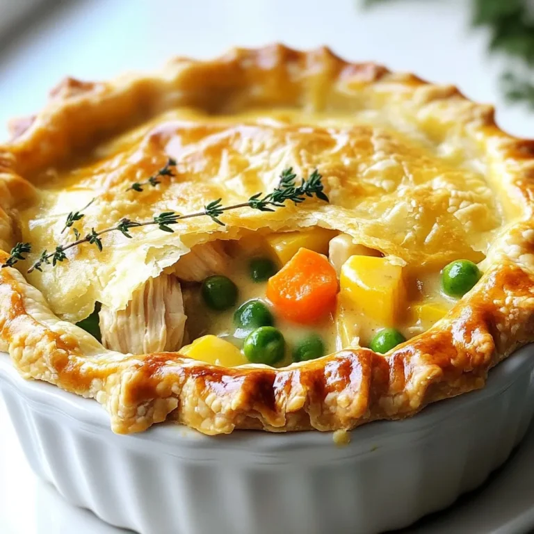 To make the ultimate chicken pot pie, gather these main ingredients: - 2 cups cooked chicken, shredded - 1 cup carrots, diced - 1 cup peas (fresh or frozen) - 1 cup potatoes, peeled and diced - 1 large onion, chopped - 3 cloves garlic, minced - 1 cup chicken broth - 1 cup heavy cream - 1 tablespoon fresh thyme, finely chopped (or 1 teaspoon dried thyme) - 1 tablespoon olive oil - Salt and freshly ground black pepper to taste - 1 package of refrigerated pie crusts (contains 2 crusts) - 1 large egg, beaten (for egg wash) You can add more flavor and texture to your pot pie. Consider these options: - 1 cup corn for sweetness - 1 cup mushrooms, sliced for earthiness - 1 teaspoon Worcestershire sauce for depth - Fresh herbs like parsley or rosemary for brightness - A pinch of cayenne pepper for heat This chicken pot pie serves six people. Here’s a rough nutritional breakdown per serving: - Calories: 450 - Protein: 25g - Carbohydrates: 35g - Fat: 25g - Fiber: 3g These values can change based on your ingredient choices. For a lighter version, use less cream or try low-fat options. {{ingredient_image_2}} Start by heating olive oil in a large skillet over medium heat. Add chopped onion and minced garlic. Sauté for about 2 minutes until fragrant. Next, toss in diced carrots and potatoes. Cook for another 5-7 minutes. Stir the veggies often until they begin to soften. This step builds the base of flavor in your pot pie. Once the vegetables are ready, add shredded chicken and peas. Sprinkle in chopped thyme, salt, and black pepper. Cook this mixture for 2-3 minutes. It allows all the flavors to meld together. Now, pour in chicken broth and heavy cream. Stir well and bring to a gentle simmer. Cook for about 5-7 minutes until the sauce thickens. Remove from heat and let it cool slightly. Preheat your oven to 425°F (220°C). Take one pie crust and roll it out to fit a 9-inch pie dish. Place the rolled crust into the dish. Pour the creamy chicken filling evenly into the crust. Roll out the second crust and place it over the filling. Crimp the edges to seal them tightly. Cut a few slits in the top crust for steam to escape while baking. Next, use a pastry brush to apply the beaten egg over the top crust. This gives your pie a golden finish. Place the pie in the oven and bake for 30-35 minutes. Look for a lovely golden brown crust and bubbling filling. After baking, let the pie cool for about 10 minutes before slicing. This helps the filling set for easier serving. Enjoy your delicious chicken pot pie! To boost flavor in your chicken pot pie, use fresh herbs like thyme. They add a bright taste. A dash of lemon juice can also bring a zing. Don't skip the garlic; it gives depth. Always season your filling well with salt and pepper. Taste as you cook to get it just right. A flaky crust makes your pot pie special. Start with cold ingredients. Keep your butter or shortening chilled. When mixing, avoid overworking the dough. This keeps the layers light. Use a sharp knife for slits on top. It helps steam escape and keeps the crust flaky. Many make the mistake of overcooking the filling. It can get dry and lose flavor. Don’t skip the cooling step. Let the filling cool before adding it to the crust. This helps the crust stay crisp. Lastly, make sure to crimp the edges well. A good seal keeps the filling inside. Pro Tips Use Leftover Chicken: For a quicker preparation, use leftover rotisserie chicken or any cooked chicken you have on hand. Customize Your Vegetables: Feel free to add or substitute other vegetables like corn, green beans, or mushrooms based on your preference. Thicken the Filling: If you prefer a thicker filling, you can whisk in a tablespoon of cornstarch mixed with a bit of cold water before simmering. Let It Rest: Allow the pot pie to rest for 10 minutes after baking. This helps the filling set, making it easier to serve. {{image_4}} You can make a veggie version of chicken pot pie. Start with the same filling base but swap the chicken for hearty vegetables. Use mushrooms, zucchini, and bell peppers as your main stars. Add in some extra protein with chickpeas or lentils. This gives your dish a nice texture and taste. You can also use vegetable broth instead of chicken broth. It keeps the flavor rich without meat. Don't forget to add a touch of thyme for that classic taste! Making a gluten-free chicken pot pie is easy. You can use gluten-free pie crusts that you can find at most stores. For the filling, ensure that your chicken broth and any other ingredients are gluten-free. Instead of regular flour, try using cornstarch to thicken your filling. It works great and keeps the dish creamy. This way, everyone can enjoy a slice without worries! If you want more protein choices, think outside the chicken box! You can use turkey, which gives a similar taste. Another option is cooked shrimp for a seafood twist. If you like beef, try diced beef stew meat. It adds a hearty flavor that is also comforting. Just remember to cook the protein well before adding it to the pie. This way, it blends nicely with the creamy filling. After enjoying your delicious chicken pot pie, you may have some leftovers. To store them, let the pie cool down to room temperature. Wrap the pie tightly with plastic wrap or foil. You can also place it in an airtight container. Store it in the fridge. Enjoy your leftovers within three to four days to keep them fresh and tasty. When you're ready to enjoy your leftovers, preheat your oven to 350°F (175°C). If you have a whole pie, place it on a baking sheet. Cover it lightly with foil to keep it from getting too brown. Bake for about 20-25 minutes. If you have single slices, place them on a plate and cover them. Microwave each slice for about 2 minutes or until hot. Remember to check the temperature to ensure it’s heated through. If you want to save your chicken pot pie for later, freezing is a great option. First, let the pie cool completely. Wrap it tightly in plastic wrap. Then, wrap it again in foil or place it in a freezer-safe container. You can freeze it for up to three months. When you're ready to eat it, thaw the pie in the fridge overnight. Bake it at 350°F (175°C) for about 30-40 minutes until it's hot and bubbly. Enjoy your cozy meal anytime you crave it! Yes, you can use store-bought chicken. It saves time and is very handy. Look for rotisserie chicken for great flavor. Just shred it, and you are set. You will know the pot pie is done when the crust is golden brown. The filling should also bubble through the slits in the top crust. This shows it's hot and ready to eat. Chicken pot pie pairs well with light sides. A fresh green salad works great. You can also serve steamed vegetables or mashed potatoes. These sides balance the rich flavors of the pie nicely. You learned how to make a delicious chicken pot pie. We covered key ingredients, step-by-step instructions, and helpful tips. Variations make this dish perfect for anyone. Proper storage keeps leftovers fresh for later. Remember to avoid common mistakes for the best results. With these details, you can create a meal loved by all. Enjoy your cooking adventure!