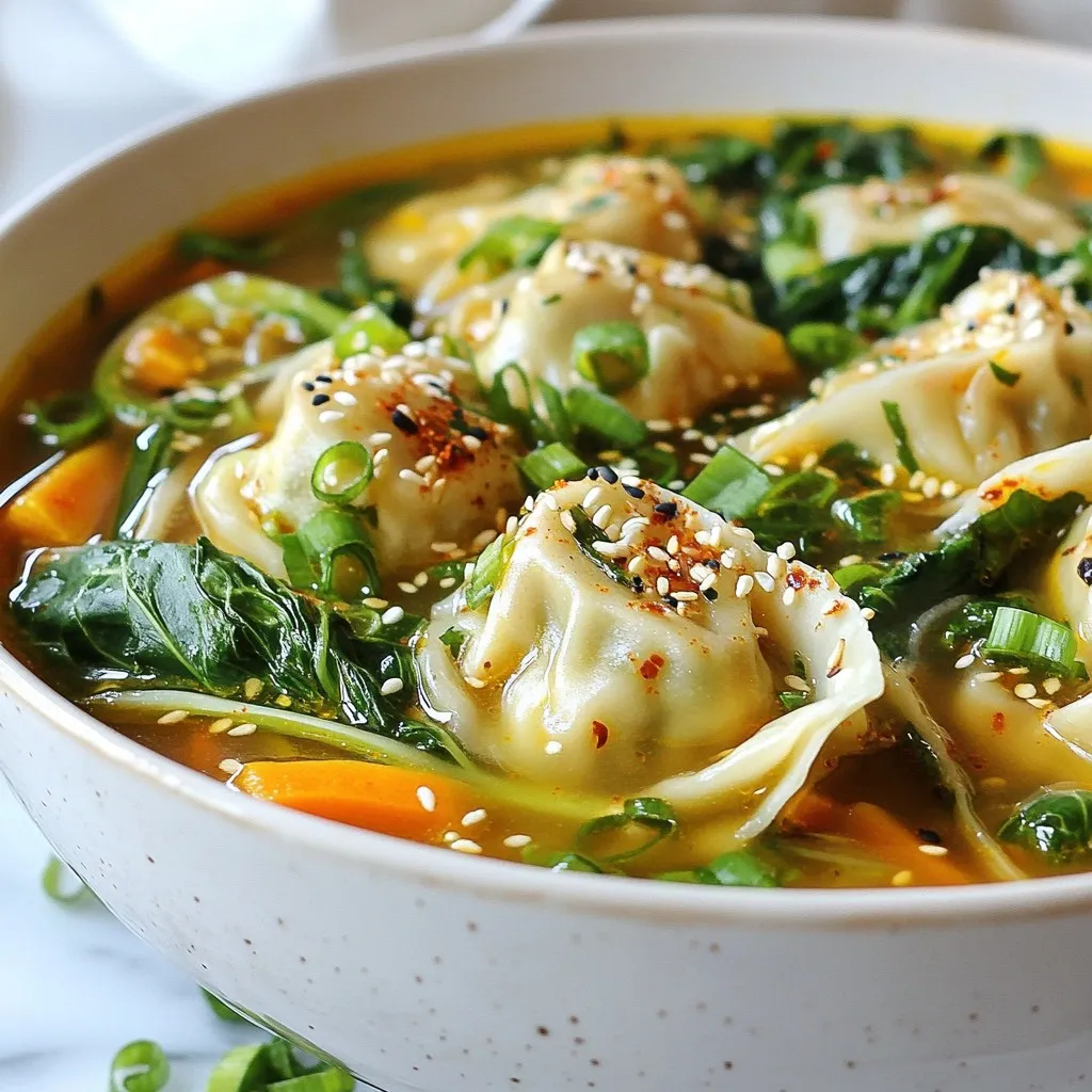 - 1 packet of frozen potstickers (about 12-16 pieces) - 4 cups chicken broth or vegetable broth - 1 tablespoon soy sauce - 1 teaspoon sesame oil - 1-inch piece of fresh ginger, grated - 2 cloves of garlic, minced - 1 cup bok choy, chopped - 1 cup baby spinach - 1 medium carrot, thinly sliced - 3 green onions, chopped - Salt and black pepper to taste - Optional: chili oil for drizzling - Optional: toasted sesame seeds for garnish You can make this soup your own! Here are some ideas: - Add mushrooms for an earthy flavor. - Toss in bell peppers for a pop of color. - Use tofu for extra protein. - Try different greens like kale or Swiss chard. Fresh ingredients make a big difference! Here’s how to pick the best: - Choose bok choy with crisp leaves and no brown spots. - Look for bright green spinach without wilting. - Select firm carrots with a vibrant color. - Always check for freshness when buying garlic and ginger. These tips help ensure your potsticker soup is not only quick to make but also bursting with flavor! {{ingredient_image_2}} Start by heating a bit of sesame oil in a large pot. Use medium heat. Once the oil is warm, add minced garlic and grated ginger. Stir them for about one minute. You want them fragrant, but be careful not to burn them. Next, pour in four cups of chicken or vegetable broth. Stir it gently as you add the broth. Increase the heat a little and bring the broth to a gentle simmer. It should bubble lightly. Then, add one tablespoon of soy sauce to the broth. After that, toss in thinly sliced carrots. Let the carrots cook for five minutes. This helps them soften and release their sweet flavor. Now, gently add the frozen potstickers into the pot. Stir carefully to keep them intact. Let the soup simmer for about 8 to 10 minutes. This step ensures the potstickers warm up and cook through. When the potstickers are heated, add chopped bok choy and baby spinach. Cook for another two to three minutes. You want the greens to wilt and become tender. Taste your soup and add salt and black pepper as needed. Finally, ladle the soup into bowls. Top with chopped green onions. If you like some heat, drizzle with chili oil and add sesame seeds for a nice crunch. Enjoy your vibrant and cozy potsticker soup! To boost flavor, use fresh ginger and garlic. Fresh ingredients make a big difference. Adding a splash of soy sauce enhances the umami taste. For more warmth, drizzle chili oil on top. Toasted sesame seeds add a nice crunch. You can also try adding a squeeze of lime for brightness. Start with a hot pot when adding garlic and ginger. This helps release their aromas. Stir carefully when adding potstickers to avoid breaking them. Always taste your soup before serving. Adjust salt and pepper to your liking. Don’t rush; let the soup simmer for the best flavor. Serve your potsticker soup in wide, shallow bowls. This showcases the colorful potstickers and veggies. Add chopped green onions on top for freshness. Offer chili oil on the side for those who like heat. For extra flair, sprinkle some sesame seeds on top. A colorful garnish always makes a dish more appealing! Pro Tips Fresh Ingredients: Use fresh ginger and garlic for a more vibrant flavor. The freshness enhances the overall taste of the soup. Potsticker Quality: Choose high-quality frozen potstickers to ensure they hold their shape and flavor during cooking. Customizable Greens: Feel free to substitute bok choy and spinach with other greens like kale or swiss chard for a different flavor profile. Serving Suggestion: For an added layer of flavor, serve with a side of soy sauce or chili oil for drizzling over the potstickers. {{image_4}} You can easily make this soup gluten-free. Use gluten-free soy sauce or tamari instead of regular soy sauce. Make sure the potstickers are gluten-free too. Many brands offer gluten-free options. This way, everyone can enjoy a warm bowl of comfort! To make this soup vegetarian or vegan, switch the chicken broth for vegetable broth. You can also find vegetarian potstickers. Check the label to ensure they don’t contain meat. This keeps the flavors rich while being plant-based. If you love spice, add a pinch of red pepper flakes or sriracha. You can also drizzle chili oil on top when serving. This adds a nice kick to your potsticker soup. Adjust the heat to your taste for a perfect bowl! To store your potsticker soup, let it cool first. Pour the soup into an airtight container. Make sure to cover it tightly. You can keep it in the fridge for up to three days. When you want to eat it, just take it out and reheat. If you want to freeze the soup, use freezer-safe containers. Leave some space at the top for expansion. It will last in the freezer for about three months. When you are ready to eat it, thaw it in the fridge overnight. To reheat, pour the soup into a pot. Heat it on medium until it’s hot. You can also use a microwave. Just heat it in short bursts, stirring in between. Make sure it’s hot all the way through before serving. Enjoy your tasty soup! Yes, you can use fresh potstickers. They will cook faster than frozen ones. Just add them to the pot after the broth simmers. Adjust the cooking time to about 5-7 minutes. You can add many vegetables! Try mushrooms, bell peppers, or snap peas. These choices add flavor and color. Just chop them into small pieces for easy cooking. To spice it up, add chili oil or fresh chili peppers. You can also mix in red pepper flakes. Start with a little, then taste. Adjust to your spice level! Using water is fine, but broth adds more flavor. If you choose water, add extra seasonings like soy sauce and ginger. This will help keep your soup tasty. Potsticker soup lasts about 3-4 days in the fridge. Store it in an airtight container. Reheat it on the stove or in the microwave before serving. This post covered the key ingredients for potsticker soup. You learned how to prepare the broth, cook potstickers, and add veggies. I shared tips to enhance flavor and make it your own. You can store leftovers, freeze, and reheat with ease. Customize the soup with dietary needs or personal tastes. Try these steps and enjoy making your dish. Potsticker soup can be fun and satisfying. Happy cooking!