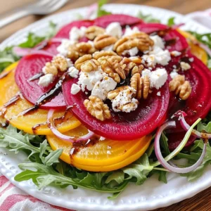 - 3 medium-sized beets - 4 oz feta cheese, crumbled - 2 cups arugula or a mix of fresh salad greens - 1/4 cup walnuts, toasted and coarsely chopped - 1/4 cup red onion, finely sliced - 3 tablespoons extra virgin olive oil - 2 tablespoons balsamic vinegar - 1 tablespoon honey - Salt and freshly ground black pepper to taste - Fresh herbs like parsley or basil - Avocado slices for creaminess - Lemon zest for a citrus kick When you gather these ingredients, you create a burst of flavors. The earthy sweetness of the beets blends well with the salty feta. The peppery arugula adds a nice bite. Walnuts give a crunchy texture. You can also play with optional ingredients to enhance your salad. Fresh herbs add brightness. Avocado adds creaminess. Lemon zest brightens everything up. Each choice brings a unique twist to your salad and makes it your own. {{ingredient_image_2}} To start, preheat your oven to 400&deg;F (200&deg;C). Take your three medium-sized beets and wash them well. This step is important to remove dirt. After washing, dry them with a clean towel. Wrap each beet in aluminum foil, sealing them tightly. Place the wrapped beets on a baking sheet. Roast them for about 45 to 60 minutes. They will be done when a fork easily goes in. Once the beets are roasted, remove them from the oven. Let them cool for a few minutes so you don&rsquo;t burn your hands. After they cool, peel off the skin with your fingers or a paper towel. It should come off easily. Slice the beets into thin rounds or half-moons. Choose the shape you like best. Grab a large mixing bowl and add 3 tablespoons of extra virgin olive oil, 2 tablespoons of balsamic vinegar, and 1 tablespoon of honey. Add salt and freshly ground black pepper to taste. Whisk these ingredients together. Keep mixing until the dressing is smooth and creamy. Taste it and add more salt or pepper if you want. In another mixing bowl, combine 2 cups of arugula or mixed salad greens with 1/4 cup of finely sliced red onion. Drizzle a little dressing over the greens. Toss them gently to coat the greens evenly. This adds flavor to every bite. Now it&rsquo;s time to put the salad together. Place the dressed greens on a serving platter. Artfully arrange the sliced beets on top. Then sprinkle 4 ounces of crumbled feta cheese and 1/4 cup of coarsely chopped walnuts over the salad. Make it look nice and colorful. If you want more flavor, drizzle a bit more dressing over the salad. Sprinkle some freshly ground black pepper on top too. For a rustic look, serve the salad on a large wooden platter. You can also use individual bowls for serving. Add a few extra walnuts and a sprinkle of feta for a beautiful finish. Enjoy this vibrant dish right away for the best taste! To make the best salad, start with fresh beets. Look for beets that are firm and heavy. Avoid any with soft spots or cracks. The color should be vibrant and deep, showing they are fresh. If you find beets with greens, get them! The greens are tasty and add extra flavor. Fresh herbs can take your salad to the next level. Try adding chopped parsley or dill for a burst of flavor. You can mix these herbs right into the salad or sprinkle them on top. They brighten the dish and add a fresh taste that pairs well with beets and feta. Serve your salad on a large platter for a beautiful display. Arrange the beets and feta in a way that looks inviting. You can also serve it in individual bowls for guests. For a great touch, add more walnuts and feta on top. A little extra dressing can boost the flavors too. Enjoy your vibrant salad right away to savor the freshness! Pro Tips Roasting Beets: Roasting beets enhances their natural sweetness. Be sure to wrap them tightly in foil to retain moisture and flavor. Feta Cheese Variations: If you want a stronger flavor, try using a tangy goat cheese instead of feta for a different twist. Nut Toasting: Toast the walnuts in a dry skillet over medium heat for 5-7 minutes to release their oils and intensify their flavor. Serving Suggestions: For a heartier meal, add grilled chicken or chickpeas to the salad, making it a complete dish. {{image_4}} You can make this salad heartier by adding protein. Try grilled chicken, shrimp, or chickpeas. These options blend well with the beets and feta. If you want a boost of flavor, marinate your protein before cooking. This adds taste and makes the dish more filling. To make a vegan version, swap out the feta cheese for avocado or a nut-based cheese. Use tahini or a cashew cream dressing for creaminess. You can also add extra nuts or seeds for crunch. This keeps the salad rich and satisfying without dairy. You can change the salad based on what is in season. In spring, add fresh peas or asparagus for a pop of color. In fall, roasted pumpkin or butternut squash adds warmth. During summer, try adding fresh berries for a sweet twist. Each season brings a new taste and keeps the salad exciting. To store your leftover salad, place it in an airtight container. I suggest separating the beets and feta from the greens. The greens can wilt quickly, but the beets and feta stay fresh longer. Keep the dressing in a small jar. This keeps everything fresh for later use. You don&rsquo;t need to heat this salad. Instead, revive it with fresh greens. Just add a bit of dressing if it seems dry. Toss gently to mix, and enjoy the vibrant flavors again. When meal prepping this salad, store each component separately. Keep the beets and feta in one container. Place the greens and dressing in another. This way, the salad stays crisp and fresh. You can mix it right before eating. That keeps it tasty and healthy for lunches or dinners throughout the week. Beets are packed with nutrients. They have fiber, vitamins, and minerals. Eating beets can help lower blood pressure. They may boost stamina during exercise. Beets also have antioxidants that fight cell damage. This makes them great for your heart and overall health. Yes, you can use canned or pickled beets. They save time and are easy to use. However, fresh beets have a better texture and flavor. If you choose canned, rinse them to reduce the salt. Pickled beets add a tangy taste, which can be fun! This salad stays fresh for about 2 days. Keep it in the fridge in a sealed container. The beets and feta may release moisture over time. To keep it fresh, add the dressing just before serving. If you want a substitute for feta, try goat cheese. It has a similar crumbly texture. You can also use ricotta or a dairy-free cheese. Each option gives a different taste, so pick what you like best. Yes, this salad is great for meal prep. Make the beets and dressing ahead of time. Store them separately from the greens. This keeps everything fresh until you're ready to eat. Just mix it all together when it's time to enjoy! In this blog post, we explored a delicious beet salad. We listed fresh ingredients, suggested dressings, and offered optional items. I shared step-by-step instructions for preparing and assembling the dish. You learned tips on selecting beets and enhancing flavors. We discussed variations, from adding protein to vegan options. Finally, I provided storage tips and answered your most common questions. Enjoy creating your beet salad, knowing you can customize it to your taste! This colorful dish is healthy and easy to make.