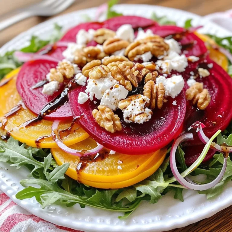 - 3 medium-sized beets - 4 oz feta cheese, crumbled - 2 cups arugula or a mix of fresh salad greens - 1/4 cup walnuts, toasted and coarsely chopped - 1/4 cup red onion, finely sliced - 3 tablespoons extra virgin olive oil - 2 tablespoons balsamic vinegar - 1 tablespoon honey - Salt and freshly ground black pepper to taste - Fresh herbs like parsley or basil - Avocado slices for creaminess - Lemon zest for a citrus kick When you gather these ingredients, you create a burst of flavors. The earthy sweetness of the beets blends well with the salty feta. The peppery arugula adds a nice bite. Walnuts give a crunchy texture. You can also play with optional ingredients to enhance your salad. Fresh herbs add brightness. Avocado adds creaminess. Lemon zest brightens everything up. Each choice brings a unique twist to your salad and makes it your own. {{ingredient_image_2}} To start, preheat your oven to 400°F (200°C). Take your three medium-sized beets and wash them well. This step is important to remove dirt. After washing, dry them with a clean towel. Wrap each beet in aluminum foil, sealing them tightly. Place the wrapped beets on a baking sheet. Roast them for about 45 to 60 minutes. They will be done when a fork easily goes in. Once the beets are roasted, remove them from the oven. Let them cool for a few minutes so you don’t burn your hands. After they cool, peel off the skin with your fingers or a paper towel. It should come off easily. Slice the beets into thin rounds or half-moons. Choose the shape you like best. Grab a large mixing bowl and add 3 tablespoons of extra virgin olive oil, 2 tablespoons of balsamic vinegar, and 1 tablespoon of honey. Add salt and freshly ground black pepper to taste. Whisk these ingredients together. Keep mixing until the dressing is smooth and creamy. Taste it and add more salt or pepper if you want. In another mixing bowl, combine 2 cups of arugula or mixed salad greens with 1/4 cup of finely sliced red onion. Drizzle a little dressing over the greens. Toss them gently to coat the greens evenly. This adds flavor to every bite. Now it’s time to put the salad together. Place the dressed greens on a serving platter. Artfully arrange the sliced beets on top. Then sprinkle 4 ounces of crumbled feta cheese and 1/4 cup of coarsely chopped walnuts over the salad. Make it look nice and colorful. If you want more flavor, drizzle a bit more dressing over the salad. Sprinkle some freshly ground black pepper on top too. For a rustic look, serve the salad on a large wooden platter. You can also use individual bowls for serving. Add a few extra walnuts and a sprinkle of feta for a beautiful finish. Enjoy this vibrant dish right away for the best taste! To make the best salad, start with fresh beets. Look for beets that are firm and heavy. Avoid any with soft spots or cracks. The color should be vibrant and deep, showing they are fresh. If you find beets with greens, get them! The greens are tasty and add extra flavor. Fresh herbs can take your salad to the next level. Try adding chopped parsley or dill for a burst of flavor. You can mix these herbs right into the salad or sprinkle them on top. They brighten the dish and add a fresh taste that pairs well with beets and feta. Serve your salad on a large platter for a beautiful display. Arrange the beets and feta in a way that looks inviting. You can also serve it in individual bowls for guests. For a great touch, add more walnuts and feta on top. A little extra dressing can boost the flavors too. Enjoy your vibrant salad right away to savor the freshness! Pro Tips Roasting Beets: Roasting beets enhances their natural sweetness. Be sure to wrap them tightly in foil to retain moisture and flavor. Feta Cheese Variations: If you want a stronger flavor, try using a tangy goat cheese instead of feta for a different twist. Nut Toasting: Toast the walnuts in a dry skillet over medium heat for 5-7 minutes to release their oils and intensify their flavor. Serving Suggestions: For a heartier meal, add grilled chicken or chickpeas to the salad, making it a complete dish. {{image_4}} You can make this salad heartier by adding protein. Try grilled chicken, shrimp, or chickpeas. These options blend well with the beets and feta. If you want a boost of flavor, marinate your protein before cooking. This adds taste and makes the dish more filling. To make a vegan version, swap out the feta cheese for avocado or a nut-based cheese. Use tahini or a cashew cream dressing for creaminess. You can also add extra nuts or seeds for crunch. This keeps the salad rich and satisfying without dairy. You can change the salad based on what is in season. In spring, add fresh peas or asparagus for a pop of color. In fall, roasted pumpkin or butternut squash adds warmth. During summer, try adding fresh berries for a sweet twist. Each season brings a new taste and keeps the salad exciting. To store your leftover salad, place it in an airtight container. I suggest separating the beets and feta from the greens. The greens can wilt quickly, but the beets and feta stay fresh longer. Keep the dressing in a small jar. This keeps everything fresh for later use. You don’t need to heat this salad. Instead, revive it with fresh greens. Just add a bit of dressing if it seems dry. Toss gently to mix, and enjoy the vibrant flavors again. When meal prepping this salad, store each component separately. Keep the beets and feta in one container. Place the greens and dressing in another. This way, the salad stays crisp and fresh. You can mix it right before eating. That keeps it tasty and healthy for lunches or dinners throughout the week. Beets are packed with nutrients. They have fiber, vitamins, and minerals. Eating beets can help lower blood pressure. They may boost stamina during exercise. Beets also have antioxidants that fight cell damage. This makes them great for your heart and overall health. Yes, you can use canned or pickled beets. They save time and are easy to use. However, fresh beets have a better texture and flavor. If you choose canned, rinse them to reduce the salt. Pickled beets add a tangy taste, which can be fun! This salad stays fresh for about 2 days. Keep it in the fridge in a sealed container. The beets and feta may release moisture over time. To keep it fresh, add the dressing just before serving. If you want a substitute for feta, try goat cheese. It has a similar crumbly texture. You can also use ricotta or a dairy-free cheese. Each option gives a different taste, so pick what you like best. Yes, this salad is great for meal prep. Make the beets and dressing ahead of time. Store them separately from the greens. This keeps everything fresh until you're ready to eat. Just mix it all together when it's time to enjoy! In this blog post, we explored a delicious beet salad. We listed fresh ingredients, suggested dressings, and offered optional items. I shared step-by-step instructions for preparing and assembling the dish. You learned tips on selecting beets and enhancing flavors. We discussed variations, from adding protein to vegan options. Finally, I provided storage tips and answered your most common questions. Enjoy creating your beet salad, knowing you can customize it to your taste! This colorful dish is healthy and easy to make.