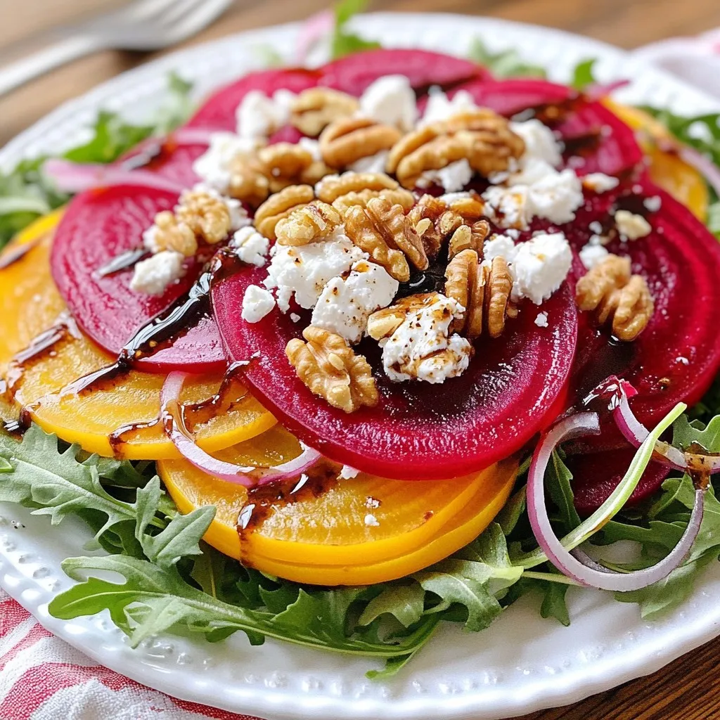 - 3 medium-sized beets - 4 oz feta cheese, crumbled - 2 cups arugula or a mix of fresh salad greens - 1/4 cup walnuts, toasted and coarsely chopped - 1/4 cup red onion, finely sliced - 3 tablespoons extra virgin olive oil - 2 tablespoons balsamic vinegar - 1 tablespoon honey - Salt and freshly ground black pepper to taste - Fresh herbs like parsley or basil - Avocado slices for creaminess - Lemon zest for a citrus kick When you gather these ingredients, you create a burst of flavors. The earthy sweetness of the beets blends well with the salty feta. The peppery arugula adds a nice bite. Walnuts give a crunchy texture. You can also play with optional ingredients to enhance your salad. Fresh herbs add brightness. Avocado adds creaminess. Lemon zest brightens everything up. Each choice brings a unique twist to your salad and makes it your own. {{ingredient_image_2}} To start, preheat your oven to 400°F (200°C). Take your three medium-sized beets and wash them well. This step is important to remove dirt. After washing, dry them with a clean towel. Wrap each beet in aluminum foil, sealing them tightly. Place the wrapped beets on a baking sheet. Roast them for about 45 to 60 minutes. They will be done when a fork easily goes in. Once the beets are roasted, remove them from the oven. Let them cool for a few minutes so you don’t burn your hands. After they cool, peel off the skin with your fingers or a paper towel. It should come off easily. Slice the beets into thin rounds or half-moons. Choose the shape you like best. Grab a large mixing bowl and add 3 tablespoons of extra virgin olive oil, 2 tablespoons of balsamic vinegar, and 1 tablespoon of honey. Add salt and freshly ground black pepper to taste. Whisk these ingredients together. Keep mixing until the dressing is smooth and creamy. Taste it and add more salt or pepper if you want. In another mixing bowl, combine 2 cups of arugula or mixed salad greens with 1/4 cup of finely sliced red onion. Drizzle a little dressing over the greens. Toss them gently to coat the greens evenly. This adds flavor to every bite. Now it’s time to put the salad together. Place the dressed greens on a serving platter. Artfully arrange the sliced beets on top. Then sprinkle 4 ounces of crumbled feta cheese and 1/4 cup of coarsely chopped walnuts over the salad. Make it look nice and colorful. If you want more flavor, drizzle a bit more dressing over the salad. Sprinkle some freshly ground black pepper on top too. For a rustic look, serve the salad on a large wooden platter. You can also use individual bowls for serving. Add a few extra walnuts and a sprinkle of feta for a beautiful finish. Enjoy this vibrant dish right away for the best taste! To make the best salad, start with fresh beets. Look for beets that are firm and heavy. Avoid any with soft spots or cracks. The color should be vibrant and deep, showing they are fresh. If you find beets with greens, get them! The greens are tasty and add extra flavor. Fresh herbs can take your salad to the next level. Try adding chopped parsley or dill for a burst of flavor. You can mix these herbs right into the salad or sprinkle them on top. They brighten the dish and add a fresh taste that pairs well with beets and feta. Serve your salad on a large platter for a beautiful display. Arrange the beets and feta in a way that looks inviting. You can also serve it in individual bowls for guests. For a great touch, add more walnuts and feta on top. A little extra dressing can boost the flavors too. Enjoy your vibrant salad right away to savor the freshness! Pro Tips Roasting Beets: Roasting beets enhances their natural sweetness. Be sure to wrap them tightly in foil to retain moisture and flavor. Feta Cheese Variations: If you want a stronger flavor, try using a tangy goat cheese instead of feta for a different twist. Nut Toasting: Toast the walnuts in a dry skillet over medium heat for 5-7 minutes to release their oils and intensify their flavor. Serving Suggestions: For a heartier meal, add grilled chicken or chickpeas to the salad, making it a complete dish. {{image_4}} You can make this salad heartier by adding protein. Try grilled chicken, shrimp, or chickpeas. These options blend well with the beets and feta. If you want a boost of flavor, marinate your protein before cooking. This adds taste and makes the dish more filling. To make a vegan version, swap out the feta cheese for avocado or a nut-based cheese. Use tahini or a cashew cream dressing for creaminess. You can also add extra nuts or seeds for crunch. This keeps the salad rich and satisfying without dairy. You can change the salad based on what is in season. In spring, add fresh peas or asparagus for a pop of color. In fall, roasted pumpkin or butternut squash adds warmth. During summer, try adding fresh berries for a sweet twist. Each season brings a new taste and keeps the salad exciting. To store your leftover salad, place it in an airtight container. I suggest separating the beets and feta from the greens. The greens can wilt quickly, but the beets and feta stay fresh longer. Keep the dressing in a small jar. This keeps everything fresh for later use. You don’t need to heat this salad. Instead, revive it with fresh greens. Just add a bit of dressing if it seems dry. Toss gently to mix, and enjoy the vibrant flavors again. When meal prepping this salad, store each component separately. Keep the beets and feta in one container. Place the greens and dressing in another. This way, the salad stays crisp and fresh. You can mix it right before eating. That keeps it tasty and healthy for lunches or dinners throughout the week. Beets are packed with nutrients. They have fiber, vitamins, and minerals. Eating beets can help lower blood pressure. They may boost stamina during exercise. Beets also have antioxidants that fight cell damage. This makes them great for your heart and overall health. Yes, you can use canned or pickled beets. They save time and are easy to use. However, fresh beets have a better texture and flavor. If you choose canned, rinse them to reduce the salt. Pickled beets add a tangy taste, which can be fun! This salad stays fresh for about 2 days. Keep it in the fridge in a sealed container. The beets and feta may release moisture over time. To keep it fresh, add the dressing just before serving. If you want a substitute for feta, try goat cheese. It has a similar crumbly texture. You can also use ricotta or a dairy-free cheese. Each option gives a different taste, so pick what you like best. Yes, this salad is great for meal prep. Make the beets and dressing ahead of time. Store them separately from the greens. This keeps everything fresh until you're ready to eat. Just mix it all together when it's time to enjoy! In this blog post, we explored a delicious beet salad. We listed fresh ingredients, suggested dressings, and offered optional items. I shared step-by-step instructions for preparing and assembling the dish. You learned tips on selecting beets and enhancing flavors. We discussed variations, from adding protein to vegan options. Finally, I provided storage tips and answered your most common questions. Enjoy creating your beet salad, knowing you can customize it to your taste! This colorful dish is healthy and easy to make.