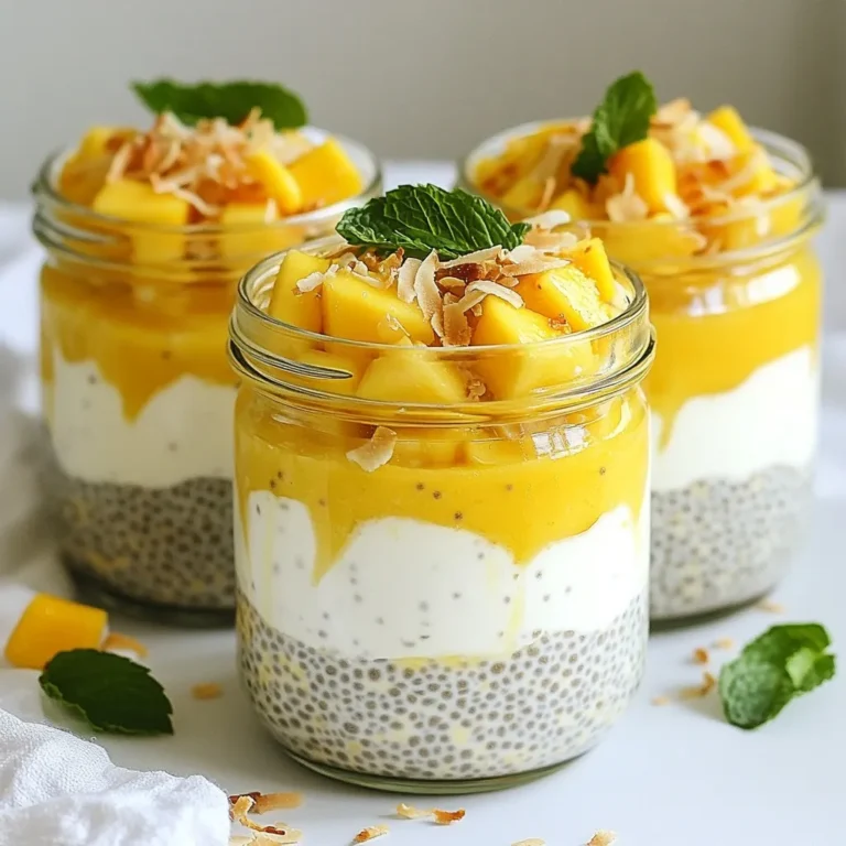 - 1 cup coconut milk (canned or carton) - 1/4 cup chia seeds - 2 tablespoons maple syrup (or honey) - 1 ripe mango, diced - 1/2 teaspoon vanilla extract - A pinch of sea salt - Toasted coconut flakes (for garnish) - Fresh mint leaves (for garnish) To make mango coconut chia pudding, gather these fresh ingredients. First, choose your coconut milk. You can use canned or carton, based on what you like. Next, the chia seeds are key. They soak up the liquid and create a thick, creamy texture. Maple syrup adds sweetness, but honey works too if you prefer. A ripe mango is essential. It gives a bright flavor and a lovely color. Don’t forget the vanilla extract! Just a little boosts the taste. A pinch of sea salt helps balance the sweetness. For garnish, I love using toasted coconut flakes. They add crunch and extra coconut flavor. Fresh mint leaves are perfect for a pop of color and scent. With these ingredients ready, you're set for a delicious and healthy treat! {{ingredient_image_2}} - In a medium bowl, combine: - 1 cup coconut milk - 1/4 cup chia seeds - 2 tablespoons maple syrup (or honey) - 1/2 teaspoon vanilla extract - A pinch of sea salt Whisk the mixture until it blends well. This makes sure the chia seeds are evenly spread. The coconut milk creates a creamy base. Cover the bowl tightly with plastic wrap or a lid. Place it in the fridge for at least 4 hours or overnight. Chilling is key. It helps the chia seeds absorb the liquid. After this time, you will have a thick, pudding-like texture. When ready to serve, stir the pudding well to mix the chia seeds again. Take small serving dishes and layer the diced mango at the bottom. This adds a fresh taste. Spoon the chia pudding on top of the mango. Fill the dishes about halfway. For the final touch, add more diced mango on top. Sprinkle toasted coconut flakes for crunch. Garnish with fresh mint leaves for color and aroma. Enjoy your healthy treat! To get the best texture, chill your chia pudding well. The chia seeds need time to soak up the coconut milk. I recommend chilling for at least 4 hours or overnight. This time makes the pudding creamy and thick. Before serving, check the consistency. If it looks too thick, stir in a bit of coconut milk to loosen it up. A smooth texture makes it more enjoyable. You can easily change the sweetness of your pudding. Use maple syrup for a natural touch or honey if you prefer. Start with 2 tablespoons and taste it. If you want it sweeter, add a bit more. Remember, the ripe mango adds sweetness too. Adjust to your liking for the best flavor. Make your pudding look as good as it tastes. Start with a layer of diced mango at the bottom of each dish. This adds a fresh burst of color. Then, spoon the creamy chia pudding on top. Finish with more mango and sprinkle toasted coconut flakes. For a touch of green, add fresh mint leaves. These simple steps elevate the dish's visual appeal. Pro Tips Use Chia Seeds Wisely: Make sure to allow the chia seeds enough time to absorb the liquid; this is key to achieving the creamy pudding-like texture. Ripeness of Mango: Choose a ripe mango for the best flavor; it should be slightly soft to the touch and fragrant. Experiment with Sweeteners: Feel free to adjust the sweetness to your liking by using more or less maple syrup or honey according to your taste. Garnishing Tips: For added texture and flavor, consider adding nuts or seeds along with toasted coconut flakes as a garnish. {{image_4}} You can make this mango coconut chia pudding even better by adding more fruits. Pineapple chunks can bring a sweet and tangy taste. Passion fruit adds a unique flair with its tartness. You can also try bananas for a creamy texture or berries for a pop of color. These fruits pair well with mango and coconut, creating a tropical party in your bowl. To boost the flavor, think about adding spices. A dash of cinnamon brings warmth and sweetness. Cardamom adds a lovely, fragrant note. You can even try a hint of nutmeg for a cozy twist. These spices can elevate your pudding and make it more exciting to eat. Feel free to experiment with your favorite flavors. If you want to change up the base, many plant milks work great. Almond milk gives a nutty taste, while oat milk adds creaminess. Cashew milk also offers a rich flavor that blends well. These options are perfect if you want to keep things dairy-free. Each milk brings its unique taste, making your pudding a fun experience. Chia pudding stays good in the fridge for about 4 to 5 days. Store it in an airtight container. This keeps it fresh and tasty. Always check for any signs of spoilage before eating. If it smells off or has a strange color, it’s best to toss it. You can freeze chia pudding if you want to save it for later. Pour your pudding into a freezer-safe container. Leave some space at the top because it will expand when frozen. To thaw, move it to the fridge overnight. Stir well before serving to get the right texture back. For the best taste, serve the pudding within a few days. Keep it covered in the fridge. If you add fresh fruit, like mango, do this just before serving. This keeps it from getting mushy. Storing it properly ensures every bite is fresh and delightful! Chia pudding can last up to five days in the fridge. Store it in an airtight container. Check for signs of spoilage like a sour smell or off texture. If you see any changes, it’s best to toss it. Yes, you can use frozen mango! Frozen fruit can be just as tasty. It’s often picked at peak ripeness, making it sweet. Just let it thaw before adding it to your pudding. You can also blend it into a puree for a smooth texture. This recipe is vegan-friendly! All the ingredients are plant-based. The coconut milk and chia seeds provide healthy fats and protein. Maple syrup is a great sweetener that fits a vegan diet. Enjoy this tasty treat without worry! This article shared a simple chia pudding recipe using coconut milk, chia seeds, and mango. You learned how to mix the ingredients and chill them for the best texture. Tips for sweetness and presentation can help you make it your own. You also saw fun variations and storage ideas for this treat. Chia pudding is not only tasty but also healthy. Enjoy making it with your favorite mix-ins and share it with friends. Now, go create your perfect chia pudding!