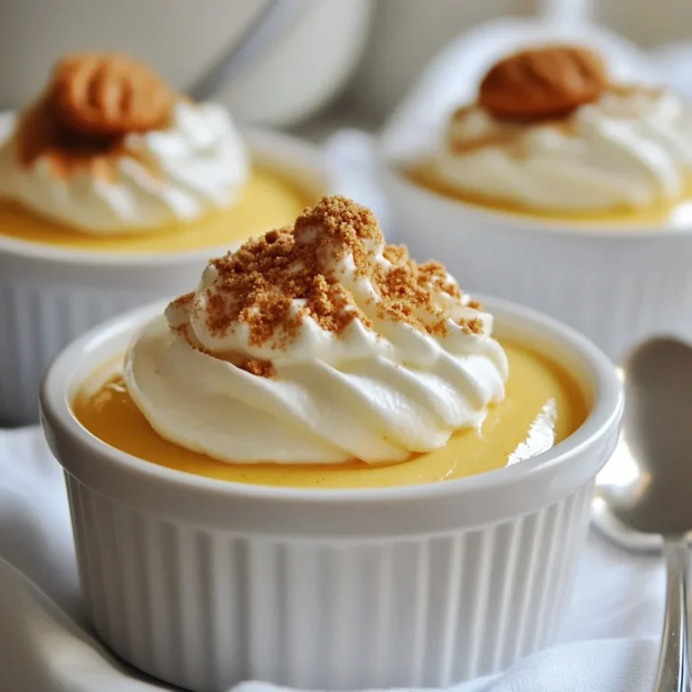 To make a delicious Pumpkin Pot de Crème, you need these key ingredients: - 1 cup canned pumpkin puree - 1 ½ cups heavy cream - ½ cup whole milk - ½ cup granulated sugar - 4 large egg yolks - 1 teaspoon vanilla extract - 1 teaspoon ground cinnamon - ¼ teaspoon ground nutmeg - ¼ teaspoon ground ginger - ¼ teaspoon salt - Whipped cream and crushed gingersnap cookies for topping Each ingredient plays a role in creating that rich, creamy texture. The canned pumpkin puree provides that warm, comforting flavor. Heavy cream and whole milk add a silky smoothness that makes each bite melt in your mouth. Granulated sugar sweetens the mixture perfectly. The egg yolks help thicken the custard, giving it that classic pot de crème feel. Spices like cinnamon, nutmeg, and ginger bring warmth and depth to the dessert. You can adjust these spices to match your taste. Finally, the toppings of whipped cream and crushed gingersnap cookies give a delightful crunch and a burst of flavor. This balance of ingredients makes your Pumpkin Pot de Crème truly special. {{ingredient_image_2}} To start, preheat your oven to 325°F (160°C). This step is key for even baking. Next, arrange your ramekins in a deep baking dish. Make sure they fit well without touching. This setup is important because we will use a water bath. The water bath keeps the heat gentle and helps the custard cook evenly. In a medium saucepan, combine 1 ½ cups of heavy cream, ½ cup of whole milk, and 1 cup of canned pumpkin puree. Heat this mixture over medium heat. Stir it often until it steams. Be careful not to let it boil. If it boils, it can change the texture of your pot de crème. In a separate bowl, whisk together 4 large egg yolks and ½ cup of granulated sugar. Keep whisking until it is smooth. Then, add in 1 teaspoon of vanilla extract, 1 teaspoon of ground cinnamon, ¼ teaspoon of ground nutmeg, ¼ teaspoon of ground ginger, and ¼ teaspoon of salt. This will add a warm spice flavor to your dessert. Now it’s time to mix the two mixtures. Gradually pour the warm pumpkin mixture into the egg yolk mixture. Whisk continuously as you pour. This step is called tempering. It helps prevent the eggs from scrambling. After you combine them, strain the mixture through a fine sieve into a clean bowl. This will ensure your pot de crème is smooth and free of lumps. Carefully pour the strained mixture evenly into the prepared ramekins. Then, fill the baking dish with hot water. The water should reach halfway up the sides of the ramekins. This water bath allows for gentle cooking. Place the baking dish in the preheated oven and bake for 30-35 minutes. Look for centers that are just set but still slightly jiggly. Once baking is done, carefully remove the ramekins from the water bath. Let them cool to room temperature. After they cool, transfer them to the refrigerator. Chill for at least 2 hours. This time helps the flavors develop and the texture to set. To get a great texture, avoid overcooking. The key is to bake until just set. The center should jiggle a bit. This means your pot de crème will be creamy, not rubbery. Use a water bath for even cooking. The steam helps keep it moist and smooth. Always check the consistency with a toothpick. If it comes out clean, it's done! For a beautiful presentation, serve the pot de crème in the ramekins. You can also unmold them onto plates for a fancy look. Add a cinnamon stick for a pretty touch. The best time to serve is after chilling for at least two hours. This wait allows the flavors to shine. Enjoy it as a dessert after dinner or at a gathering with friends. You can spice things up a bit! Try adding a pinch of cloves or allspice. These will give a warm, cozy flavor. If you want a twist, consider topping with caramel sauce or chocolate shavings. Crushed gingersnap cookies add a nice crunch, too. Experiment with flavors to find your favorite mix! Pro Tips Use Fresh Pumpkin: If possible, use fresh pumpkin instead of canned for a more vibrant flavor. Roast and puree it for the best results. Control the Temperature: Be careful not to let the cream mixture boil. Boiling can cause the custard to curdle, ruining the smooth texture. Chill Thoroughly: Let the pot de crème chill for at least 2 hours. This helps the flavors meld and the custard to set properly. Garnish Creatively: Experiment with toppings beyond whipped cream and gingersnap cookies. Consider drizzling caramel or adding a sprinkle of toasted pecans. {{image_4}} You can make a chocolate version of this dessert. Simply add cocoa powder to the pumpkin mix. Start with ¼ cup of unsweetened cocoa powder. This gives a rich chocolate flavor. You might need to add a bit more sugar. Taste as you go to adjust sweetness. To make this dessert vegan, swap out the dairy and eggs. Use coconut milk or almond milk instead of cream and milk. For the egg yolks, try silken tofu or a mix of cornstarch and water. For sweeteners, maple syrup or agave nectar works well. These options keep the dessert creamy and tasty. For a fun twist, serve in mini jars or shot glasses. This makes it perfect for parties. When using smaller containers, bake for a shorter time. Check them at 20-25 minutes. You want the centers to be just set but still jiggly. These mini servings look cute and are easy to share. You can keep pumpkin pot de crème in the fridge for up to four days. Store it in an airtight container or cover the ramekins with plastic wrap. This keeps it fresh and prevents it from absorbing other odors. Make sure to let it cool to room temperature before you cover it. I do not recommend freezing pumpkin pot de crème. Freezing can change its creamy texture. If you must freeze it, place it in a freezer-safe container. Thaw it overnight in the fridge when you're ready to enjoy it again. If you need to reheat it, do so gently. Place the ramekins in a warm water bath or microwave at a low setting. Heat it slowly to keep the silky texture. Avoid high heat, as it may curdle the custard. Yes, you can use fresh pumpkin. Fresh pumpkin gives a brighter flavor. To prepare fresh pumpkin, roast it first. Cut the pumpkin, scoop out seeds, and bake until soft. Then, blend until smooth. Canned pumpkin is easier and saves time. Both options work well, but fresh has a unique taste. The ideal texture is creamy and smooth. It should feel velvety in your mouth. When you bake it, the center should be slightly jiggly. This means it is not overcooked. After chilling, the pot de crème firms up nicely. The goal is a rich, custardy consistency. Yes, you can make pot de crème ahead of time. It stores well in the fridge for up to three days. Prepare it a day before you plan to serve it. This allows the flavors to develop more. Just remember to chill it for at least two hours. This waiting period makes it even more delicious! This blog post took you through making pumpkin pot de crème from start to finish. We covered key ingredients, step-by-step instructions, and tips for that perfect texture. You learned about cool variations, how to store, and even FAQs to handle any questions. Remember, each step matters for the best result. Enjoy exploring flavors and sharing your creations. Happy cooking!