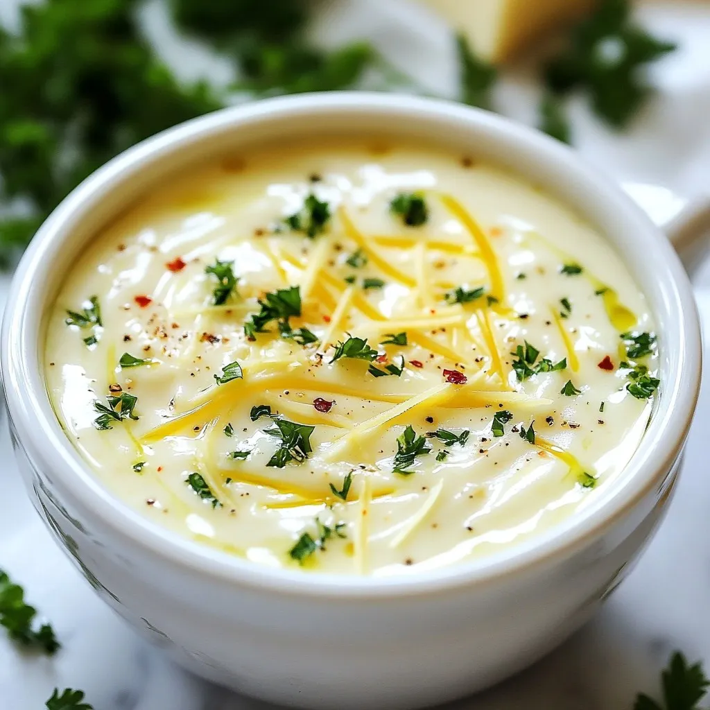 To make this sauce, you will need: - 1 cup unsalted butter (2 sticks) - 1 cup finely grated Parmesan cheese - 5 cloves fresh garlic, minced - 1 teaspoon garlic powder - 1 teaspoon onion powder - 1 teaspoon salt - 1 teaspoon freshly ground black pepper - 1 teaspoon crushed red pepper flakes - 2 tablespoons fresh parsley, finely chopped Each ingredient plays a key role: - Unsalted butter: This gives the sauce a rich base. - Parmesan cheese: Freshly grated cheese adds flavor and creaminess. - Fresh garlic: Minced garlic brings a strong, delicious taste. - Garlic powder: This enhances the garlic flavor. - Onion powder: It rounds out the taste with a hint of sweetness. - Salt: Essential for balancing flavors. - Black pepper: Adds a nice kick. - Crushed red pepper flakes: Adjust this to control the spice level. - Fresh parsley: This is for garnish and adds a touch of color. You can try these to change the taste: - Lemon juice: A splash can add brightness. - Smoked paprika: This gives a smoky flavor. - Dried herbs: Italian seasoning can add depth. - Cream: Adding a bit can make the sauce richer. These adjustments can make the sauce your own! {{ingredient_image_2}} Start with a medium saucepan. Place it over low heat. Add 1 cup of unsalted butter. Let it melt slowly. Stir it now and then for even melting. When the butter is fully melted, add 5 cloves of minced garlic. Sauté the garlic for 1-2 minutes. Stir often to release the aroma. Do not let it brown, as this makes it bitter. Now, it’s time for the fun part! Gradually add 1 cup of finely grated Parmesan cheese. Toss in 1 teaspoon each of garlic powder, onion powder, salt, and black pepper. Add 1 teaspoon of crushed red pepper flakes if you like some heat. Stir continuously until everything blends well. Keep the heat low and mix for about 3-4 minutes. Your sauce should be silky and smooth with no lumps. Remove the saucepan from the heat. Let the sauce cool for a few minutes. This will help it thicken a bit. When you’re ready to serve, drizzle it over crispy wings. You can also use it as a dip for appetizers. For a pretty touch, sprinkle 2 tablespoons of freshly chopped parsley on top. This adds color and a fresh flavor. Enjoy your homemade garlic parmesan sauce! To get the best flavor, use fresh garlic. Fresh garlic gives a bright taste. Avoid using garlic powder only. The mix of both adds depth. Adjust the crushed red pepper for spice. If you like it hot, add more. If you prefer mild, use less. The Parmesan cheese adds a nutty flavor. Make sure it is finely grated. This helps it melt easily. One common mistake is cooking garlic too long. If you let it brown, the sauce may taste bitter. Keep the heat low while melting the butter. This helps all the flavors blend well. Another mistake is not stirring enough. Stirring helps melt the cheese and mix the spices. If you rush, you may end up with lumps. Lastly, don’t skip the parsley. It adds a fresh taste and color. You can drizzle this sauce over crispy wings. It also works great as a dip for veggies. Try it with breadsticks or pizza bites. The sauce can add flavor to roasted potatoes too. Be creative! This sauce can spice up many dishes. Enjoy it warm for the best taste. Pro Tips Use Fresh Ingredients: Always opt for fresh garlic and high-quality Parmesan cheese to achieve the best flavor in your sauce. Control the Heat: Keep the heat low while cooking the garlic and butter to prevent burning and bitterness. Adjust Spice Level: Customize the crushed red pepper flakes according to your spice tolerance; you can start with less and add more if desired. Thicken for Dipping: If you prefer a thicker sauce for dipping, let it cool longer before serving, as it will thicken as it cools. {{image_4}} You can spice up your garlic parmesan sauce easily. Just add more crushed red pepper flakes. Start with 1 teaspoon, then taste. If you want more heat, add more! You could also stir in hot sauce. This adds flavor and heat at the same time. Try using a spicy garlic sauce too. This gives you a nice kick! Want to add herbs? Fresh herbs can make this sauce shine. Basil or thyme work great. Chop them finely and stir them in at the end. This adds a fresh taste that pairs well with the garlic. You could even try rosemary for a more earthy flavor. Experiment with different herbs to find your favorite blend! Parmesan is classic, but other cheeses can change the flavor. Try using Pecorino Romano for a sharper taste. You can also mix in some mozzarella for creaminess. Just remember to adjust the amount. Different cheeses melt differently, so test as you go. Each cheese brings its own unique flavor that can make your sauce special! To store your garlic parmesan sauce, let it cool first. Once it’s cool, pour it into a clean, airtight container. This keeps the sauce fresh and prevents any strong smells from mixing with your fridge. Label the container with the date to keep track. Your sauce lasts about one week in the fridge. If you want it to last longer, consider freezing it. The sauce can freeze well for up to three months. Just pour it into ice cube trays or freezer-safe bags for easy use later. When you're ready to eat, just take out the amount you need. To reheat the sauce, place it in a small saucepan over low heat. Stir it often to avoid burning. If it’s too thick, add a splash of water or milk to loosen it. You can also use the microwave. Heat it in short intervals, stirring in between. This keeps it smooth and tasty. Yes, you can make this sauce in advance. It keeps well in the fridge for up to one week. Just store it in an airtight container. When you are ready to use it, simply reheat it gently. You can adjust the spiciness by changing the red pepper flakes. For a milder sauce, use less than one teaspoon. If you love heat, add more red pepper flakes. Always taste as you go, to get it just right. This sauce pairs well with many foods. You can use it with crispy chicken wings. It also works great as a dip for veggies or breadsticks. Try it on pasta for a tasty twist, too! This blog post covered the key parts of making garlic parmesan sauce. We discussed the main ingredients and their measurements. You learned how to prepare the sauce step by step. I shared tips to enhance the flavor and avoid common mistakes. We explored variations to suit your taste. Finally, I provided storage tips and answered common questions. Making this sauce can be fun and rewarding. With practice, you’ll perfect your version. Enjoy your cooking adventure!
