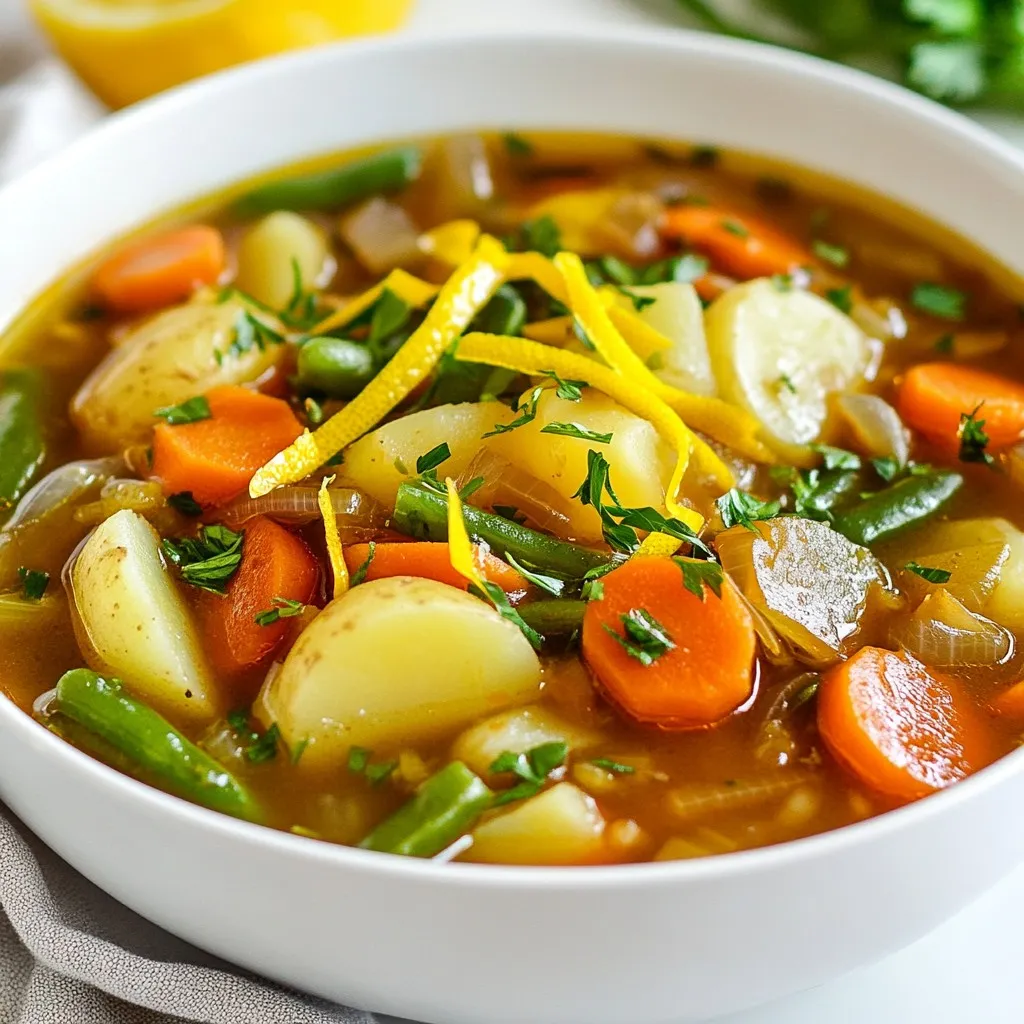 To make a delicious Irish vegetable stew, gather these ingredients: - 3 tablespoons olive oil - 1 large onion, finely diced - 2 cloves garlic, minced - 4 medium carrots, sliced into rounds - 2 medium potatoes, peeled and diced into cubes - 1 cup parsnips, peeled and diced - 1 cup green beans, trimmed and cut into 2-inch pieces - 1 cup celery, sliced - 4 cups vegetable broth (preferably low-sodium) - 1 tablespoon tomato paste - 2 teaspoons fresh or dried thyme - 1 teaspoon fresh or dried rosemary - Salt and freshly ground black pepper to taste - 1 cup frozen peas - Fresh parsley, chopped, and zest of 1 lemon for garnish For the best taste and quality, I recommend these brands: - Olive Oil: Colavita or Pompeian for a good balance of flavor. - Vegetable Broth: Swanson or Pacific Foods for a rich base. - Tomato Paste: Hunt's or Cento for a thick texture. - Herbs: McCormick for dried herbs and fresh ones from your local market. Using fresh ingredients gives the stew a bright flavor. Fresh vegetables offer crunch and texture. However, frozen peas work well too. They save time and still taste great. If you use frozen veggies, add them in the last minutes of cooking. This keeps them vibrant and sweet. Fresh herbs really boost flavor, but dried herbs also work if you don't have fresh. Just use less, as dried herbs are stronger. {{ingredient_image_2}} Start by gathering all your ingredients. You will need: - 3 tablespoons olive oil - 1 large onion, finely diced - 2 cloves garlic, minced - 4 medium carrots, sliced into rounds - 2 medium potatoes, peeled and diced into cubes - 1 cup parsnips, peeled and diced - 1 cup green beans, trimmed and cut into 2-inch pieces - 1 cup celery, sliced - 4 cups vegetable broth (preferably low-sodium) - 1 tablespoon tomato paste - 2 teaspoons fresh or dried thyme - 1 teaspoon fresh or dried rosemary - Salt and freshly ground black pepper to taste - 1 cup frozen peas - Fresh parsley, chopped, and zest of 1 lemon for garnish Now, finely dice your onion and mince the garlic. Slice the carrots, peel and dice the potatoes, and chop the parsnips and celery. Trim the green beans and cut them into pieces. This step makes cooking smooth and easy. First, heat the olive oil in a large pot or Dutch oven over medium heat. Add the diced onion and sauté for about 5 minutes. You want it soft and translucent. Next, add the minced garlic. Sauté for just a minute. You want to smell the garlic but not let it burn. Now, it's time to mix in your veggies! Add the carrots, potatoes, parsnips, green beans, and celery. Stir them well and sauté for another 5 minutes. This helps the flavors blend together. Pour in the vegetable broth and add the tomato paste. Stir well until the tomato paste dissolves. This creates a rich, flavorful base for your stew. Season with thyme, rosemary, salt, and pepper. Bring the stew to a gentle boil. Once it’s bubbling, reduce the heat to low and cover the pot. Let it simmer for 25-30 minutes. This makes the veggies tender and allows the herbs to infuse. In the last few minutes, stir in the frozen peas. They add a nice pop of color and sweetness. Taste your stew and adjust the seasoning if needed. Sautéing is key for building flavor. Cook your onions and garlic well. This step adds depth to the stew. Simmering is also important. It allows the veggies to cook gently. This method keeps them tender without getting mushy. Always taste your dish as you cook. This habit helps you adjust flavors. The right balance of herbs and spices makes all the difference! To make your Irish vegetable stew even tastier, focus on the herbs. Fresh thyme and rosemary add a great touch. If you use dried herbs, add them early in the cooking to release their flavors. For a richer taste, sauté the vegetables longer before adding broth. You can also add a splash of soy sauce or a spoon of balsamic vinegar for depth. If you want some heat, sprinkle in a pinch of red pepper flakes. One common mistake is overcooking the vegetables. This can make them mushy. Keep an eye on your cooking time. Also, be careful not to skip the seasoning. Salt and pepper are key to bringing out the flavors. Another mistake is not letting the stew simmer long enough. Give it time to blend the flavors. Lastly, don’t forget to taste as you go. Adjust the seasoning for your palate. Serving your stew in warm bowls makes it feel cozy. Garnish with fresh parsley and lemon zest for a pop of color. This adds freshness, too! Pair your stew with crusty bread for dipping. A side salad with mixed greens can balance the meal. For drinks, a light Irish stout or a crisp cider goes well. Enjoy the hearty warmth of this dish with friends and family! Pro Tips Use Seasonal Vegetables: Opt for fresh, seasonal vegetables to enhance the flavor and nutritional value of your stew. This ensures the best taste and texture. Flavor Boost with Herbs: For a more robust flavor, consider adding a bay leaf or a splash of balsamic vinegar during the simmering process. Thickening the Stew: If you prefer a thicker stew, mash a few of the cooked potatoes against the side of the pot and stir them back into the mix. Make Ahead for Flavor: This stew tastes even better the next day! Make it ahead of time and allow it to rest in the fridge, reheating it when ready to serve. {{image_4}} This Irish vegetable stew is already a gem for vegetarians. You can add even more veggies to suit your taste. Consider adding bell peppers or zucchini for extra color and flavor. You can also use a mix of root vegetables like sweet potatoes or turnips. They all add a lovely taste and texture that enhances the dish. You might not have all the ingredients at hand. No worries! You can swap out the parsnips for turnips or even sweet potatoes. If you don't have fresh herbs, use dried ones instead. They work well too. For the vegetable broth, try using mushroom broth for a deeper flavor. You can also use canned tomatoes if you don’t have tomato paste. If you want to make the stew heartier, consider adding protein. Chickpeas or lentils are great choices. They cook well with the veggies and add a nice bite. If you prefer meat, diced lamb or beef can also work. Just brown the meat first before adding the veggies. This will give your stew a rich and savory flavor that makes it even more filling. You can freeze Irish vegetable stew to enjoy later. First, let the stew cool to room temperature. Then, pour it into airtight containers or freezer bags. Make sure to leave some space at the top. This helps prevent the stew from bursting. Label the bags with the date. You can freeze it for up to three months. To reheat, take the stew out of the freezer and move it to the fridge. Let it thaw overnight. You can also reheat it directly from frozen. Pour the stew into a pot and warm it on low heat. Stir often to avoid sticking. If it seems too thick, add a bit of vegetable broth or water. Heat until it is hot throughout. Serve it in warm bowls, and don’t forget to add parsley and lemon zest for a fresh touch. In the fridge, the stew lasts for about four to five days. Store it in an airtight container to keep it fresh. Always check for off smells or changes in color before eating. If you notice anything strange, it’s best to throw it away. To keep your stew tasting great, use fresh ingredients whenever possible. This helps enhance the flavor and quality of your meal. Irish vegetable stew is a warm, hearty dish. It features fresh veggies like potatoes, carrots, and parsnips. This stew is cozy and perfect for chilly days. The broth is rich, filled with herbs like thyme and rosemary. Each bite offers comfort, making it a favorite in many homes. Yes, you can! To make Irish vegetable stew in a slow cooker, follow these steps: - Heat olive oil in a pan. - Sauté onion and garlic until soft. - Add all veggies and sauté briefly. - Transfer everything to the slow cooker. - Pour in vegetable broth and stir in tomato paste. - Season with herbs, salt, and pepper. - Cook on low for 6-8 hours or on high for 3-4 hours. This method makes the flavors even deeper and richer. For garnishing Irish vegetable stew, I recommend: - Fresh parsley, finely chopped - Zest of lemon for brightness - A drizzle of olive oil for richness These garnishes add color and elevate the stew's flavor. You can also serve it with crusty bread for dipping. Enjoy the warmth and joy it brings! This blog post covers everything you need to know about making Irish Vegetable Stew. We discussed the key ingredients, how to prepare them, and cooking tips to enhance your dish. You learned about tasty variations, storage methods, and common questions. Now, go ahead and make your own version. Enjoy the rich flavors and warm comfort of this classic dish. With these tips, you’ll impress everyone at your table. Happy cooking!