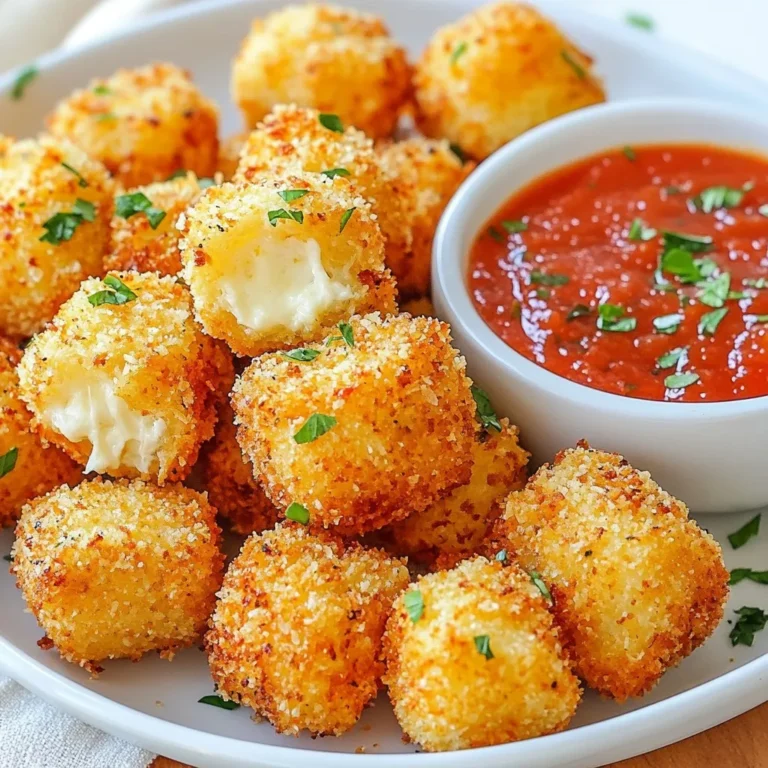 To make Cheesy Parmesan Mozzarella Bites, you need a few key ingredients: - 1 cup shredded mozzarella cheese - ½ cup grated Parmesan cheese - 1 cup breadcrumbs (for coating) - 1 large egg, beaten These cheeses give the bites their creamy, rich flavor. The mozzarella melts perfectly, while the Parmesan adds that sharp, nutty taste. Seasoning is important to enhance the flavor. Here are the must-have seasonings: - 1 teaspoon garlic powder - 1 teaspoon Italian seasoning - ½ teaspoon salt - ½ teaspoon black pepper Garlic powder adds depth, while Italian seasoning gives a hint of herbs. Salt and pepper balance the flavors. Garnishes can make your bites look and taste even better. Consider these: - Fresh parsley, finely chopped (for garnish) - Marinara sauce (for dipping) Fresh parsley adds color and freshness. Marinara sauce provides a tasty dip that pairs perfectly with the warm bites. {{ingredient_image_2}} First, heat your oven to 400°F (200°C). This step is key for a nice crunch. Next, line a baking sheet with parchment paper. This helps the bites not stick. In a medium bowl, mix 1 cup of shredded mozzarella and ½ cup of grated Parmesan. Stir them well until they blend together. This mix is the star of your bites. Grab a small bowl and whisk 1 beaten egg with 1 teaspoon of garlic powder, 1 teaspoon of Italian seasoning, ½ teaspoon of salt, and ½ teaspoon of black pepper. Mix until smooth. This adds great flavor to your bites. Now, pour the egg mix into the cheese bowl. Stir until everything is sticky and well combined. Use clean hands to scoop 1 tablespoon of the mix and roll it into a ball. You should make about 12-15 bites. After that, roll each ball in breadcrumbs until they are fully coated. Place the coated bites on the baking sheet, leaving space between them. Bake for 12-15 minutes. Watch them closely so they don’t burn. You want them golden brown and crispy. Let the bites cool for 2-3 minutes after baking. Sprinkle fresh parsley on top for color. Serve them warm with marinara sauce for dipping. The sauce adds a tasty touch that everyone will love. To get the best cheese texture, use fresh mozzarella. Fresh cheese melts better and gives a nice stretch. Mix it well with Parmesan. This combo adds flavor and creaminess. When rolling the bites, keep them uniform in size. This helps them cook evenly. Preheat your oven to 400°F (200°C). Always line your baking sheet with parchment paper. This keeps the bites from sticking. Spread the bites out on the sheet. Leave space between them. This allows hot air to flow around each bite, cooking them well. For more flavor, add herbs to the cheese mix. Basil or oregano can boost taste. You can also use smoked paprika for a fun twist. Consider adding red pepper flakes for heat. Serve with marinara sauce. It adds a sweet and tangy flavor that perfectly complements the cheese. Pro Tips Use Fresh Ingredients: Always opt for fresh parsley and high-quality cheeses for the best flavor in your cheesy bites. Experiment with Cheese: Feel free to mix different types of cheese like cheddar or gouda for a unique twist on flavor. Adjust the Seasoning: Customize the garlic powder and Italian seasoning to suit your taste preferences; add more for a bolder flavor. Keep an Eye on Baking: Monitor the bites closely while baking to achieve the perfect golden-brown color without overcooking. {{image_4}} You can switch up the cheese for fun flavors. Try cheddar for a sharp bite. Gouda adds a smoky taste. If you like blue cheese, add a little for a bold kick. Mix and match cheeses to find your favorite combo. Just keep the amounts the same for the best results. Want to make your bites stand out? Add some extras! Chopped sun-dried tomatoes give a sweet touch. You can also add cooked bacon for a savory crunch. For a spicy kick, mix in some diced jalapeños. These ingredients add flavor and make your bites unique. If you need a gluten-free option, swap regular breadcrumbs for gluten-free ones. You can also use crushed cornflakes or almond flour. Both options give a nice crunch without the gluten. Just make sure to check the labels for safe ingredients. Enjoy these bites guilt-free! If you have leftover cheesy bites, let them cool down first. Place them in an airtight container. They can stay fresh in the fridge for up to three days. Make sure to separate layers with parchment paper to keep them from sticking together. To reheat the bites, preheat your oven to 350°F (175°C). Place the bites on a baking sheet and heat for about 10 minutes. This method helps keep them crispy. You can also use a microwave, but they may lose some crunch. Heat them in 30-second intervals until warm. You can freeze the cheesy bites before or after baking. If freezing before baking, place the unbaked bites on a tray and freeze them for one hour. Once firm, transfer them to a freezer bag. They will keep for up to three months. When ready to bake, cook them straight from frozen, adding a few extra minutes to the baking time. Cheesy Parmesan Mozzarella Bites last for about 3 days in the fridge. Store them in an airtight container to keep them fresh. After a few days, they may lose their crunch but will still taste good. Yes, you can make these bites ahead of time. Prepare the bites and coat them in breadcrumbs. Place them on a baking sheet and cover with plastic wrap. Store them in the fridge for up to 24 hours before baking. This saves time when you're ready to enjoy them. These bites taste great with marinara sauce. Other delicious dips include ranch dressing, garlic aioli, or even pesto. Each dip adds a different flavor to the cheesy bites, making them fun to enjoy. Yes, these bites are perfect for vegetarians. They contain no meat and are made with cheese and egg. Just double-check the breadcrumbs to ensure they are also vegetarian. Absolutely! You can make these bites in an air fryer. Preheat the air fryer to 375°F (190°C). Arrange the bites in a single layer and cook for about 8-10 minutes, or until golden brown. This method gives you a crispy texture with less oil. You now know how to make Cheesy Parmesan Mozzarella Bites. We covered the main ingredients, the step-by-step instructions, and handy tips for perfect bites. You even learned about fun variations and smart storage options. Enjoy experimenting with flavors and textures. With these bites, you can impress friends or treat yourself anytime. Happy cooking!