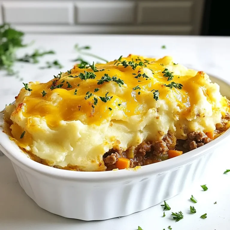To create a hearty Shepherd’s Pie Casserole, you need these key ingredients: - 1 lb ground beef or lamb - 1 large onion, finely diced - 2 medium carrots, peeled and diced - 2 cloves garlic, minced - 1 cup frozen peas, thawed - 2 tablespoons tomato paste - 1 tablespoon Worcestershire sauce - 1 teaspoon dried thyme - 1 teaspoon dried rosemary - Salt and freshly ground black pepper, to taste - 4 cups creamy mashed potatoes (prepared with butter and milk for richness) - 1 cup shredded sharp cheddar cheese - Fresh flat-leaf parsley, chopped, for garnish These ingredients bring rich flavors and a cozy feel to the dish. The ground meat provides protein, while the veggies add color and texture. The creamy mashed potatoes and cheese create a delightful topping. Feel free to play with the recipe! Here are some add-ins and swaps you can try: - Swap the ground beef for turkey or chicken for a leaner option. - Add corn or bell peppers for extra veggies. - Use vegetable broth instead of Worcestershire sauce for a vegetarian twist. - If you don't have cheddar cheese, use mozzarella or gouda for a different flavor. These options allow you to customize your casserole to your taste. You can make it your own while keeping it delicious. This dish can fit various dietary needs: - For a gluten-free version, check your Worcestershire sauce for gluten. - You can use dairy-free butter and plant-based milk for lactose-free mashed potatoes. - To make it vegetarian, use lentils or mushrooms instead of meat. These modifications help everyone enjoy this comfort food. It’s about making the dish work for you and your loved ones. {{ingredient_image_2}} First, gather all your ingredients. You will need: - 1 lb ground beef or lamb - 1 large onion, finely diced - 2 medium carrots, peeled and diced - 2 cloves garlic, minced - 1 cup frozen peas, thawed - 2 tablespoons tomato paste - 1 tablespoon Worcestershire sauce - 1 teaspoon dried thyme - 1 teaspoon dried rosemary - Salt and freshly ground black pepper, to taste - 4 cups creamy mashed potatoes - 1 cup shredded sharp cheddar cheese - Fresh flat-leaf parsley, chopped, for garnish Next, prep the vegetables. Dice the onion and carrots. Mince the garlic. This step adds flavor to your dish. Heat a large skillet on medium. Add the ground beef or lamb. Cook until it turns brown. Use a spatula to break it apart. If there is excess fat, drain it carefully. Once the meat is ready, add the diced onion, carrots, and minced garlic. Sauté this mix for about 5-7 minutes. You want the veggies to be tender and fragrant. Then, stir in the thawed peas. Add the tomato paste, Worcestershire sauce, dried thyme, dried rosemary, and season with salt and pepper. Stir well and let it cook for another 3-5 minutes. This helps all the flavors come together. Now, it’s time to assemble. Carefully transfer the meat and veggie mix into a greased 9x13 inch casserole dish. Spread it evenly across the bottom. Next, take your creamy mashed potatoes and spoon them over the meat mixture. Use a spatula to create a smooth top layer. Sprinkle the shredded sharp cheddar cheese on top. It will melt and add great flavor. Now, place the casserole in a preheated oven at 400°F (200°C). Bake for 20-25 minutes. Look for a golden brown color on the cheese. Let it cool for a few minutes when it’s done. Garnish with chopped parsley before serving. Enjoy your hearty Shepherd’s Pie Casserole! To make the best mashed potatoes, start with starchy potatoes. I recommend Russets or Yukon Golds. Peel and chop them into equal pieces. Boil them until tender, about 15-20 minutes. Drain the potatoes and return them to the pot. Add butter and milk for creaminess. Mash until smooth and fluffy. Season with salt and pepper to taste. For extra flavor, you can mix in garlic or herbs. For a perfect cheese topping, use sharp cheddar cheese. It adds great flavor and melts well. After spreading your mashed potatoes over the meat mix, sprinkle cheese evenly on top. This helps it melt and brown nicely. Bake the casserole until the cheese is bubbly and golden. Keep an eye on it to avoid burning. If needed, broil for a minute to enhance the color. One common mistake is not seasoning enough. Always taste your meat and veggie mix. Adjust the salt and pepper to make it flavorful. Another mistake is over-mashing the potatoes. This can make them gluey. Mash gently to keep them light and fluffy. Finally, don’t skip the cooling time after baking. Letting it rest helps the layers set. This way, you'll serve perfect slices every time. Pro Tips Use Fresh Herbs: Fresh herbs like thyme and rosemary can elevate the flavor profile of your Shepherd’s Pie. Consider using them in addition to or instead of dried herbs for a more vibrant taste. Customize Your Veggies: Feel free to add or substitute vegetables based on your preference. Bell peppers, corn, or green beans can be great additions for extra flavor and nutrition. Make Ahead: This casserole can be prepared in advance and stored in the refrigerator. Just bake it when you're ready to serve for a quick and satisfying meal. Perfect Your Mashed Potatoes: For the creamiest mashed potatoes, use starchy potatoes like Russets or Yukon Golds. Adding cream cheese or sour cream can also enhance the richness. {{image_4}} You can easily make a vegetarian version of Shepherd’s Pie Casserole. Replace the meat with cooked lentils or chopped mushrooms. Use hearty vegetables like zucchini and bell peppers for great texture. Add more frozen peas for sweetness. Use vegetable broth instead of meat juices for flavor. This dish still delivers that warm, cozy feel. To make this dish gluten-free, swap the Worcestershire sauce for a gluten-free brand. Check the labels on the tomato paste as well, as some may contain gluten. You can use almond flour or gluten-free breadcrumbs to add a crispy layer on top. This keeps the dish tasty for everyone. Enhancing flavors is easy! Add a splash of red wine while cooking the meat for depth. You can also mix in some fresh herbs like parsley or basil for brightness. Try stirring in some cheese into the meat mixture for extra creaminess. A dash of hot sauce or smoked paprika can add a kick to your casserole. You can store your Shepherd’s Pie Casserole in the fridge. Let it cool first. Place it in an airtight container. It will stay fresh for up to 3 days. When ready to eat, just reheat it. Freezing this dish is easy and great for meal prep. First, let it cool completely. Cover it tightly with plastic wrap, then aluminum foil. This helps prevent freezer burn. It can last for up to 3 months in the freezer. When you're ready to eat it, thaw it overnight in the fridge before reheating. To reheat, you have a few options. You can use the oven, microwave, or stovetop. For the oven, set it to 350°F (175°C). Heat for about 20-25 minutes, or until it's hot. If using a microwave, heat in short bursts. Stir in between to avoid cold spots. For stovetop, warm on low heat in a skillet. Add a splash of broth if it seems dry. Enjoy every bite of your tasty casserole! Cooking Shepherd's Pie Casserole takes about 45 minutes. This includes 15 minutes of prep time and 25 minutes of baking. You want to ensure the cheese melts and turns golden brown. Yes, you can use other meats. Ground turkey or chicken works well. For a richer taste, try lamb. Each meat brings its own flavor to the dish. I love serving Shepherd’s Pie Casserole with crusty bread or a fresh garden salad. These sides balance the dish's richness and add freshness. You can also pair it with steamed vegetables for a healthy touch. Absolutely! You can prepare it a day ahead. Just assemble the casserole and store it in the fridge. Bake it when you’re ready to serve. This makes dinner planning easier and keeps flavors strong. Shepherd’s Pie Casserole is a hearty dish that is simple to make. We covered key ingredients, prep steps, and tips for great taste. You saw how to adapt the recipe for diets, add delicious flavors, and store leftovers. This dish is fun to personalize and share with family. Enjoy your cooking adventure, and create a meal that warms your heart!