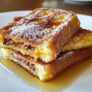 Here are the ingredients you need to make Churro Stuffed French Toast: - 8 slices of thick bread (such as brioche or challah) - 4 large eggs - 1 cup whole milk - 1 teaspoon vanilla extract - 1 teaspoon ground cinnamon - 1/2 teaspoon freshly grated nutmeg - 1 tablespoon granulated sugar - 1 cup cream cheese, softened to room temperature - 1/2 cup chocolate hazelnut spread (like Nutella) - 1/2 cup granulated sugar (for coating) - 1 tablespoon ground cinnamon (for coating) - Butter (for frying) - Maple syrup (for drizzling and serving) Thick bread like brioche or challah adds a soft texture. Eggs and milk create a rich custard. Vanilla, cinnamon, nutmeg, and sugar enhance flavors. Cream cheese and chocolate hazelnut spread make a sweet filling. The sugar and cinnamon mixture is key for the churro taste. Butter is essential for frying, and maple syrup is perfect for drizzling. Gather these ingredients to start your sweet cooking adventure! {{ingredient_image_2}} Start by taking a medium bowl. In this bowl, whisk together 4 large eggs, 1 cup of whole milk, and 1 teaspoon of vanilla extract. Add in 1 teaspoon of ground cinnamon, 1/2 teaspoon of freshly grated nutmeg, and 1 tablespoon of granulated sugar. Mix it well until it&rsquo;s smooth and slightly frothy. Set this mixture aside while you prepare the filling. In a separate bowl, combine 1 cup of softened cream cheese with 1/2 cup of chocolate hazelnut spread. Use a fork or spatula to mix them. You want the filling to be completely smooth with no lumps. This step is crucial for the best taste. Take one slice of thick bread, like brioche or challah. Spread a generous layer of the cream cheese and chocolate hazelnut mixture on one side. Top it with another slice of bread to create a sandwich. Repeat this step for all the remaining slices until you have several sandwiches ready to cook. Now, heat a non-stick skillet over medium heat. Add a pat of butter to the skillet and let it melt, coating the bottom. Next, carefully dip each stuffed sandwich into the egg mixture. Make sure to soak both sides for a few seconds. Place the sandwiches in the skillet. Cook them for about 3-4 minutes on each side. You want them to turn a lovely golden brown and get crispy. While the sandwiches are cooking, mix 1/2 cup of granulated sugar with 1 tablespoon of ground cinnamon in a shallow dish. Once the French toast sandwiches are cooked, remove them from the skillet. Quickly coat each one in the cinnamon sugar mixture, making sure they are well-covered for that delicious churro flavor. Arrange the coated French toast on a serving platter. Serve them warm, and drizzle with maple syrup for an extra touch of sweetness. You can also add fresh fruit, like sliced strawberries or bananas, to make the dish even more delightful. To get a crispy exterior, use thick slices of bread like brioche or challah. This helps keep the inside soft. Before cooking, heat your skillet over medium heat. Add butter and let it melt evenly. Dip each sandwich in the egg mixture for just a few seconds. Soak too long, and they might fall apart! Aim for about 10 seconds per side. This soaking time gives the bread a nice custard-like texture. If you have leftovers, store them in an airtight container. Keep them in the fridge for up to three days. To reheat, place them in a skillet over low heat. This warms them through and keeps them crispy. You can also use an oven. Preheat it to 350&deg;F (175&deg;C) and bake for about 10 minutes. For cooking, a non-stick skillet or griddle works best. This prevents sticking and helps with even cooking. A spatula will help flip the sandwiches easily. You might also want a shallow dish for the egg mixture. This makes dipping simpler and less messy. Pro Tips Use Day-Old Bread: For the best texture, use slightly stale bread. It absorbs the egg mixture better without falling apart. Adjust Sweetness: Feel free to adjust the sugar in the coating to your taste. If you like it sweeter, add a bit more sugar to the cinnamon mixture. Perfect Temperature: Make sure your skillet is at the right temperature. If it&rsquo;s too hot, the outside will burn before the inside cooks through. Creative Fillings: Experiment with different fillings! Try adding sliced bananas or berries to the cream cheese mixture for a fruity twist. {{image_4}} You can change the filling to suit your taste. Instead of chocolate hazelnut spread, try peanut butter. You can also use fruit preserves, like strawberry or raspberry. These options add a fresh twist. If you want a healthier choice, use almond butter. It gives a nutty flavor and pairs well with the bread. For a fruit filling, consider mashed bananas or sliced strawberries. These fruits add natural sweetness. You can mix them with cream cheese for a creamy texture. This makes the dish fruity and fun. If you like a tangy taste, add lemon zest to the filling. It brightens the flavors. To make your churro stuffed French toast unique, try adding spices. Cardamom and allspice can add warmth and depth. Just a pinch can transform the flavor. You can also experiment with the sugar coating. Use brown sugar for a richer taste. It gives a caramel flavor that is delightful. Another option is to add a splash of vanilla to the sugar. This small change can enhance the sweet notes. Try mixing in a bit of cayenne pepper for a spicy kick. It pairs well with the sweetness of the dish. If you need gluten-free options, choose gluten-free bread. Many brands offer soft options that work well. You can use gluten-free brioche or challah. These alternatives keep the dish tasty and satisfying. For dairy-free fillings, use cashew cream or dairy-free cream cheese. These options maintain the creamy texture without the dairy. You can also use coconut milk in the egg mixture. This gives a tropical twist while keeping it dairy-free. To make Churro Stuffed French Toast ahead, prepare the stuffed sandwiches first. After assembling, store them in the fridge for up to 24 hours. When ready to cook, dip them in the egg mixture and fry them. This saves time and keeps the flavors fresh. Yes, you can freeze Churro Stuffed French Toast! After cooking, let the sandwiches cool completely. Wrap each piece in plastic wrap and place them in a freezer bag. They will last up to three months. To reheat, bake them in the oven until warm. You can use a variety of toppings! Here are some tasty ideas: - Whipped cream - Fresh fruit like strawberries or bananas - Chocolate sauce - Caramel drizzle - Nut butter These options add flavor and fun! To make Churro Stuffed French Toast healthier, consider these swaps: - Use whole grain bread for more fiber. - Replace cream cheese with Greek yogurt for less fat. - Use a sugar substitute instead of granulated sugar. - Serve with fresh fruit instead of syrup. These small changes can make a big difference. Yes! To create a vegan version, use these ingredients: - Replace eggs with flaxseed meal mixed with water. - Use almond or oat milk instead of whole milk. - Choose a vegan cream cheese and chocolate spread. - Use plant-based butter for frying. This way, everyone can enjoy this sweet treat! Churro Stuffed French Toast packs a delicious punch. Each serving has about 400 calories. This treat has roughly: - Carbs: 50 grams - Proteins: 10 grams - Fats: 20 grams These numbers can change if you swap ingredients or add toppings. Enjoying Churro Stuffed French Toast can fit into a balanced diet. A good portion size is two slices. If you have dietary restrictions, consider these tips: - Use gluten-free bread for a gluten-free option. - Choose dairy-free cream cheese for a dairy-free version. - Adjust sugar if you&rsquo;re watching your intake. Each ingredient adds something special to this dish: - Eggs provide protein and healthy fats. - Cream cheese offers calcium and a creamy texture. - Bread gives you energy through carbs. - Cinnamon may help lower blood sugar levels. - Nutmeg can aid digestion and boost your mood. By using these key ingredients, you make this sweet treat tasty and nourishing. This blog post covered how to create delicious Churro Stuffed French Toast. We discussed ingredients, preparation steps, and tips for the best results. The recipe allows for many fun variations and helps you treat your friends and family to a tasty meal. Enjoy making this dish your own and impressing others with your cooking skills. With practice, you&rsquo;ll master this treat and add your personal touch. Now, get ready to savor each bite!