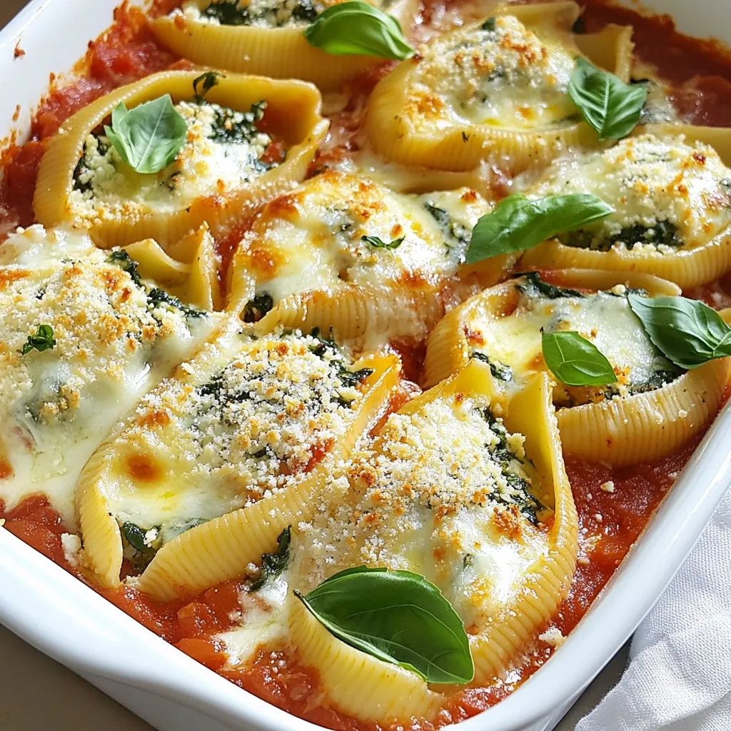 To make Spinach Ricotta Stuffed Shells, you need a few key ingredients. Here’s the list: - 20 jumbo pasta shells - 1 cup fresh ricotta cheese - 1 cup fresh spinach, finely chopped - 1/2 cup finely grated Parmesan cheese - 1/2 cup shredded mozzarella cheese - 1 large egg - 2 cups marinara sauce (store-bought or homemade) - 1 teaspoon garlic powder - 1 teaspoon Italian seasoning blend - Salt and freshly cracked black pepper, to taste - Fresh basil leaves, for garnish Each ingredient plays a role in making this dish rich and tasty. Jumbo Pasta Shells: These large shells hold the filling perfectly. They provide a nice bite and a great texture. Fresh Ricotta Cheese: This cheese gives a creamy base to the filling. It melts well and adds a lovely taste. Fresh Spinach: Spinach adds a pop of color and a hint of earthiness. It also packs in nutrients. Grated Parmesan Cheese: This cheese brings a salty, nutty flavor. It enhances the richness of the dish. Shredded Mozzarella Cheese: Mozzarella melts beautifully and adds a stretchy, gooey texture. It makes the dish comforting. Large Egg: The egg helps bind the filling. This keeps everything together as it cooks. Marinara Sauce: Marinara adds moisture and flavor to the dish. It complements the cheese and spinach nicely. Spices and Seasonings: Garlic powder and Italian seasoning add depth and warmth to the filling. Salt and pepper boost the overall flavor. Garnish Options: Fresh basil leaves add a lovely touch. They bring freshness and brightness to the dish when served. Gather these ingredients, and you’re ready to create a delicious meal that is both savory and simple. {{ingredient_image_2}} 1. Preheat the Oven: Start by setting your oven to 375°F (190°C). This helps the shells cook evenly. 2. Cooking the Pasta Shells: Bring a large pot of salted water to a boil. Once it boils, add the jumbo pasta shells. Cook them until they are al dente. This usually takes about 8 to 10 minutes. After cooking, drain the shells and rinse them with cold water to stop the cooking. This step keeps them from sticking together. 3. Preparing the Filling: In a big bowl, mix together the fresh ricotta cheese, finely chopped spinach, grated Parmesan cheese, and shredded mozzarella cheese. Add one large egg, garlic powder, Italian seasoning, salt, and freshly cracked black pepper. Stir everything together until it is smooth and well combined. 1. Stuffing the Shells: Take each cooked pasta shell and fill it with about 2 tablespoons of the ricotta-spinach mixture. Place each filled shell seam side-up in a greased baking dish. This helps the shells cook evenly and not stick. 2. Adding Marinara Sauce: Pour half of the marinara sauce over the stuffed shells. Make sure to cover each shell well. This will keep them moist as they bake. 1. Baking the Stuffed Shells: Cover the baking dish with aluminum foil. Place it in your preheated oven. Bake for 25 minutes. After that, remove the foil and bake for another 10 to 15 minutes. This helps the cheese on top to get bubbly and golden. 2. Cooling and Garnishing: Once you take the dish out of the oven, let it cool for a few minutes. This makes the flavors better and helps avoid burns. Before serving, sprinkle fresh basil leaves on top. This adds nice flavor and color to your dish. - Tips for cooking pasta shells: Use a large pot with plenty of water. Salt the water well. This adds flavor to the pasta. Cook the shells until they are al dente. This means they should be firm but not hard. Drain them and rinse with cold water. This stops the cooking and helps them not stick. - How to prevent filling overflow: Don’t overfill the pasta shells. Use about 2 tablespoons of filling per shell. If you overstuff, the filling can leak out while baking. Press gently when filling to avoid air pockets. This ensures even cooking and keeps the filling inside. - Alternatives for ricotta cheese: You can use cottage cheese for a similar texture. Blend it for a smoother consistency. Cream cheese also works well if you want a richer flavor. - Non-dairy options: For a vegan choice, try tofu. Drain and blend it until smooth. Add some lemon juice and nutritional yeast for flavor. Cashew cream is another great option. Soak cashews, then blend them with water for a creamy texture. - Best side dishes to pair: A fresh salad pairs nicely. Try a simple green salad with vinaigrette. Garlic bread is another great choice. It adds crunch and is perfect for dipping in sauce. - Ideal beverages to serve: A nice red wine goes well with stuffed shells. Look for a medium-bodied wine, like Chianti. If you prefer non-alcoholic drinks, try sparkling water with lemon. It refreshes your palate and balances the meal. Pro Tips Use Fresh Ingredients: Opt for fresh spinach and high-quality ricotta for the best flavor and texture in your stuffed shells. Don't Overcook the Pasta: Cook the pasta shells just until al dente, as they will continue to cook while baking and shouldn't become mushy. Add Extra Cheese: For a richer flavor, consider adding more mozzarella or a sprinkle of feta cheese to the filling. Experiment with Herbs: Feel free to add fresh herbs like parsley or thyme to the filling for an extra layer of flavor. {{image_4}} You can make these stuffed shells even more tasty. Try adding other vegetables. Chopped mushrooms, bell peppers, or zucchini work great. They add color and nutrients. You can also play with the cheese. Instead of just ricotta and mozzarella, try goat cheese or feta. This will give your dish a different taste. Mixing cheeses creates a unique flavor every time. If you need gluten-free options, use gluten-free pasta shells. Many brands offer good alternatives that taste great. Just ensure they cook properly, as gluten-free pasta can behave differently. For vegan stuffed shells, swap out the cheeses. Use tofu or a nut-based cheese instead. You can mix in nutritional yeast for a cheesy taste. Replace the egg with a flaxseed meal mix or applesauce to bind the filling. This way, everyone can enjoy this dish! To keep your Spinach Ricotta Stuffed Shells fresh, place them in an airtight container. Make sure to cover the shells with extra marinara sauce. This keeps the pasta from drying out. Store the container in the fridge for up to three days. When you are ready to eat, reheat the shells in the oven. Preheat your oven to 350°F (175°C). Cover the dish with foil to keep the moisture in. Heat for about 20 minutes or until warm. To freeze your stuffed shells, let them cool completely after baking. Arrange the shells in a single layer on a baking sheet. Freeze them for about an hour, so they don’t stick together. Once firm, transfer the shells to a freezer-safe bag or container. Label it with the date and type of dish. You can freeze the shells for up to three months. When you’re ready to enjoy them, pull them from the freezer. Thaw in the fridge overnight. Then, reheat them in a preheated oven at 350°F (175°C) for 25-30 minutes. You can also cook them straight from frozen. Just add some extra time to the baking. Yes, you can prepare the stuffed shells in advance. Just follow the recipe up to the baking step. After stuffing the shells, cover them with sauce and foil. Store the dish in the fridge for up to 24 hours. When ready to bake, just add a few extra minutes to the cooking time. If you don’t have marinara sauce, you can use Alfredo sauce or pesto. Both options add a rich flavor. You can also try a homemade tomato sauce with herbs for a fresh taste. You will know the stuffed shells are done when the cheese is melted and bubbly. The edges of the shells should be slightly golden. A good way to check is to insert a knife in the middle. It should feel hot when you pull it out. You can use many herbs to season your shells. Fresh basil and parsley work well. Oregano and thyme can add depth. Feel free to mix and match herbs based on your taste! In this post, we explored how to make delicious Spinach Ricotta Stuffed Shells. We covered essential ingredients, detailed preparation and assembly steps, and offered useful cooking tips. Remember to experiment with filling variations and ingredient substitutions to suit your taste. Proper storage methods help keep leftovers tasty. You can make these shells ahead of time for quick meals. Enjoy cooking these easy, satisfying shells that can fit many diets. It's time to gather the ingredients and start your culinary adventure. Happy cooking!