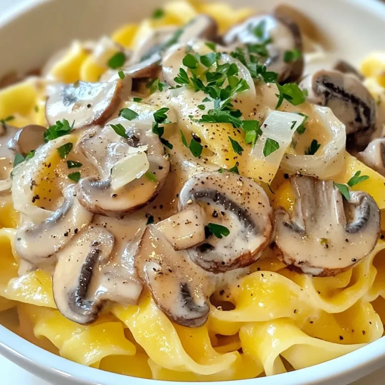 To make creamy mushroom stroganoff, you will need: - 300g wide egg noodles (or your preferred pasta) - 400g mixed mushrooms (like button, cremini, or portobello), sliced - 1 medium onion, finely chopped - 2 cloves garlic, minced - 1 tablespoon olive oil - 1 tablespoon vegan butter or regular butter - 1 cup vegetable broth - 1 cup sour cream (or cashew cream for a vegan option) - 1 tablespoon soy sauce - 1 teaspoon Dijon mustard - 1 teaspoon paprika - Salt and freshly ground black pepper to taste - Fresh parsley, chopped (for garnish) If you want to make this dish suit your diet: - Use gluten-free pasta instead of egg noodles for a gluten-free option. - Swap sour cream with cashew cream if you prefer a vegan choice. - Replace soy sauce with tamari for a gluten-free alternative. - Use coconut oil instead of vegan butter for a dairy-free version. While wide egg noodles are classic, you have options: - Fettuccine gives a nice, rich feel. - Penne can hold the sauce well. - Spaghetti offers a fun twist. - Try zoodles (zucchini noodles) for a low-carb option. Each of these pasta types pairs well with the creamy mushroom sauce. Choose what you like best! {{ingredient_image_2}} Start by filling a large pot with water. Add a lot of salt to the water. Bring it to a boil over high heat. Once boiling, add 300g of wide egg noodles. Cook them according to the package directions until they are al dente. When they are ready, drain the noodles in a colander. If you want, toss them with a bit of olive oil to keep them from sticking. In a large skillet, heat 1 tablespoon of olive oil and 1 tablespoon of vegan butter or regular butter over medium heat. Watch for it to shimmer. Add 1 medium onion that is finely chopped. Sauté it for 3-4 minutes until it is soft and clear. Then, add 2 cloves of minced garlic. Cook for another minute, stirring often so it does not burn. Now, add 400g of sliced mixed mushrooms to the skillet. You can use button, cremini, or portobello mushrooms. Cook them for 5-7 minutes until they are tender and brown. They will give off moisture, which adds flavor. Next, pour in 1 cup of vegetable broth and 1 tablespoon of soy sauce. Stir in 1 teaspoon of Dijon mustard and 1 teaspoon of paprika. Allow the mixture to simmer for 5 minutes. This helps the flavors come together. Lower the heat to a gentle simmer. Add 1 cup of sour cream or cashew cream for a vegan option. Mix it well until it is fully combined. Warm the sauce gently, but do not let it boil. Taste the sauce. Add salt and freshly ground black pepper to your liking. Now, add the drained noodles to the skillet. Toss them gently in the sauce to coat them well. Heat everything together for 2-3 minutes. When you are ready to serve, plate the creamy stroganoff into bowls. Garnish each bowl with chopped fresh parsley. This adds color and a fresh taste. Enjoy your rich and cozy meal! To get the best mushrooms, start with fresh ones. Slice them evenly for uniform cooking. Heat your skillet before adding oil. This helps the mushrooms brown nicely. Cook them in batches if your skillet is small. Overcrowding makes them steam instead of brown. Aim for a golden color, which brings out their flavor. For a rich and creamy sauce, start with sour cream. If you want a vegan option, use cashew cream. Stir it in slowly to avoid curdling. Keep the heat low when mixing in the cream. This ensures a smooth texture. You can also mix in a little broth to thin it out if needed. Season as you go for the best results. Use salt and freshly ground black pepper to enhance flavors. A splash of soy sauce adds depth. Don’t forget to taste the sauce before serving. Adjust seasoning if it feels flat. A pinch of paprika can add warmth, while fresh parsley gives a nice finish. Pro Tips Use Fresh Mushrooms: Fresh mushrooms will give your stroganoff a better texture and flavor compared to canned varieties. Always opt for a mix of different mushrooms for depth of flavor. Adjust Creaminess: If you prefer a creamier sauce, feel free to increase the amount of sour cream or cashew cream. You can also add a splash of heavy cream if you're not keeping it vegan. Season Gradually: Taste your sauce as you go! Adding salt and pepper incrementally allows you to achieve the perfect seasoning without overpowering the dish. Garnish for Flavor: Don’t skip the parsley garnish! It not only adds a pop of color but also enhances the overall flavor profile of the dish. {{image_4}} You can make a vegan version easily. Just swap sour cream for cashew cream. This keeps the dish creamy and rich without dairy. Use vegetable broth to ensure all flavors stay plant-based. The mushrooms provide a hearty taste that everyone will love. To make this dish gluten-free, choose gluten-free pasta. There are many great options that mimic regular noodles. You can also use zucchini noodles for a lighter twist. The sauce remains the same, keeping that rich flavor intact. Want to add protein? Tofu and seitan are both great choices. Dice the tofu and pan-fry it until golden. This adds a nice texture to the dish. Seitan can also add a meaty bite, enhancing the overall flavor. Both options make your meal filling and satisfying. To keep your creamy mushroom stroganoff fresh, let it cool first. Transfer it to an airtight container. Store it in the fridge for up to three days. Make sure the lid seals well to prevent any odors from other foods. When it's time to enjoy your leftovers, take them out of the fridge. Place the stroganoff in a skillet over medium heat. Stir gently as it warms up. You can add a splash of vegetable broth or water if it seems too thick. Heat it until it’s hot throughout, usually about 5 to 7 minutes. You can freeze this dish for later! Place cooled stroganoff in a freezer-safe container. It can last up to three months in the freezer. To thaw, move it to the fridge for a few hours or overnight. Reheat it as described above after thawing. This way, you can enjoy a delicious meal anytime! Yes, you can use dried mushrooms in this recipe. Dried mushrooms have a strong flavor. To use them, soak them in warm water for about 20 minutes. Drain them and chop them before adding to the dish. This gives your stroganoff a rich taste. If you need a substitute for sour cream, try cashew cream. Blend soaked cashews with water until smooth. You can also use Greek yogurt for a tangy touch. Both options work well and keep the dish creamy. Absolutely! Creamy mushroom stroganoff is great for meal prep. You can cook a big batch and store it in the fridge for up to five days. Make sure to keep the noodles and sauce separate until you're ready to eat. This keeps everything fresh. To boost the flavor, add more herbs like thyme or rosemary. A splash of white wine can also add depth. For a spicy kick, toss in some crushed red pepper flakes. Each of these adds a unique twist to your stroganoff. This blog post explored a tasty mushroom noodle dish. We covered ingredients, cooking steps, and storage tips. You learned how to pick pasta and modify the recipe for different diets. I shared ways to make it vegan or gluten-free and how to cook mushrooms just right. Remember, cooking should be fun. Don’t hesitate to try your own twists. Enjoy your meal and share the joy!