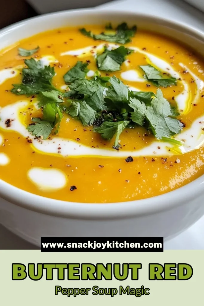 Savor the warmth of this Butternut Red Pepper Soup, the perfect blend of butternut squash and roasted red pepper, creating a creamy vegetable soup that’s both comforting and nutritious. This vegan soup recipe is your new go-to healthy fall soup, with spices that elevate each bite. Easy to make and deliciously satisfying, it’s perfect for cozy nights. Try it today and save this recipe for future meal planning! #ButternutSquashSoup #VeganSoupRecipe #HealthyFallSoup #CreamyVegetableSoup