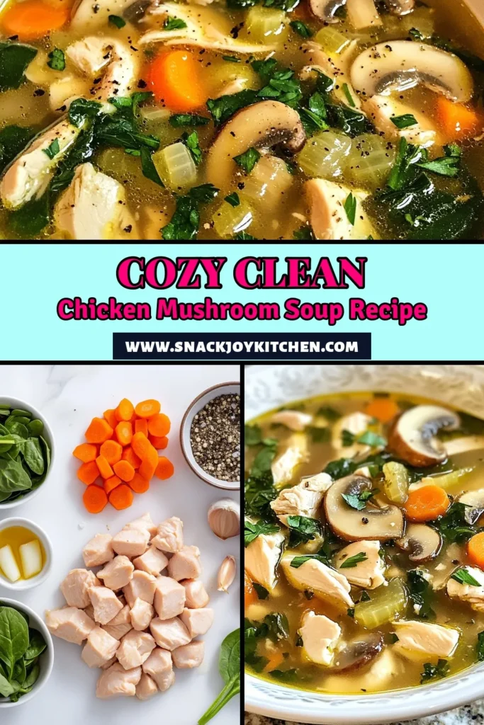 Discover the ultimate clean chicken soup with this delicious mushroom soup recipe! Packed with flavor yet low in sodium, this healthy chicken soup is perfect for nourishing your body. Featuring tender chicken, vibrant spinach, and earthy mushrooms, it's a wholesome choice for any meal. Make your own chicken spinach soup at home and enjoy its comforting warmth. Click to get the full recipe and save for later! #CleanChickenSoup #MushroomSoupRecipe #LowSodiumChickenSoup #HealthyChickenSoup
