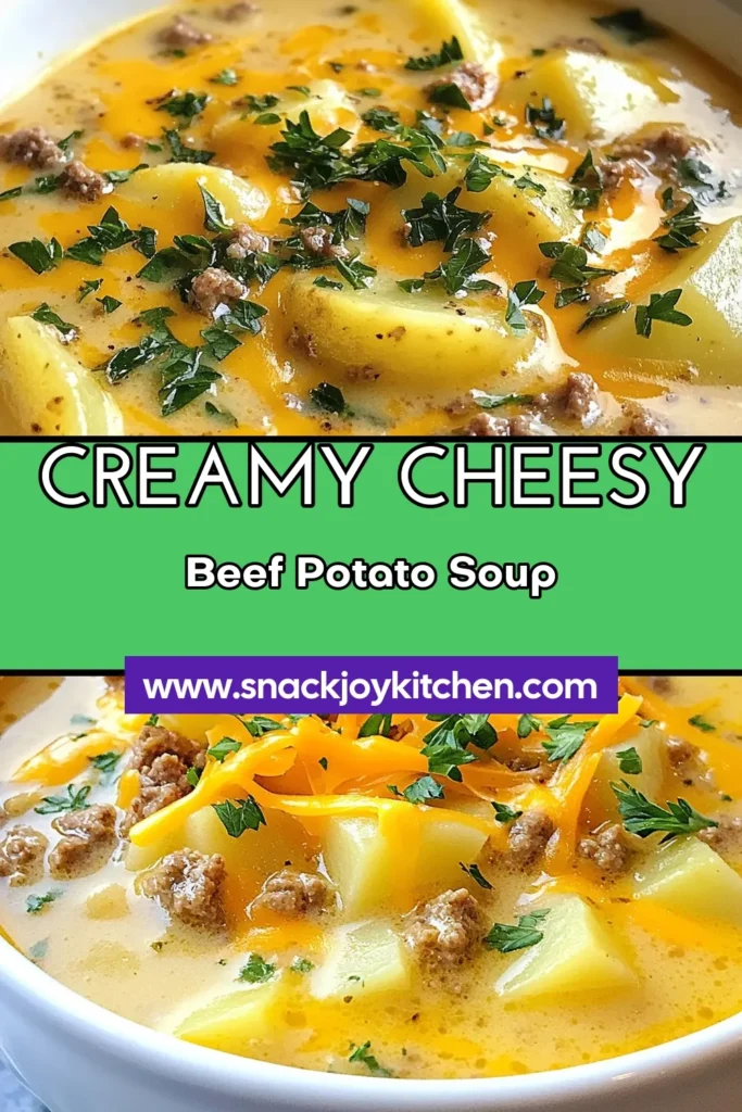 Warm up with this Cheesy Beef & Potato Soup, a hearty beef soup recipe that's perfect for chilly days. This easy cheesy soup combines ground beef and creamy potato soup for ultimate comfort. Ideal for family dinners, this comfort food soup recipe is quick to prepare and is sure to please! Try it today and savor every bite! Save this recipe for later! #CheesyBeefPotatoSoup #HeartyBeefSoup #ComfortFood #EasySoup
