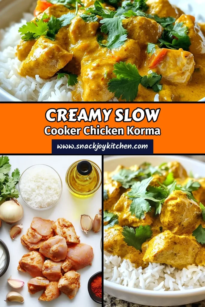 Discover the ultimate slow cooker chicken korma recipe that makes dinner effortless and delicious! This easy chicken korma recipe features tender chicken simmered in a rich coconut milk chicken curry, blending aromatic korma spices for an unforgettable flavor. Perfect as an Indian chicken curry slow cooker meal, it's sure to impress. Try this simple dish today and bring curry night home! Save this recipe for your next cooking adventure! #SlowCookerChickenKorma #ChickenKorma #CoconutMilkCurry #IndianCurry