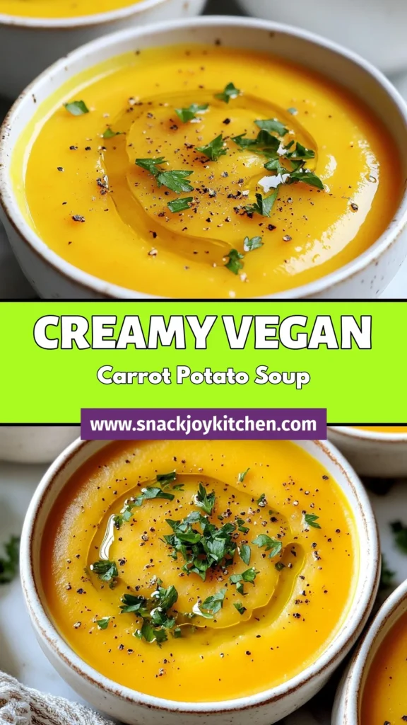 Savor the goodness of this vegan carrot potato soup! This healthy vegan soup is rich, creamy, and loaded with delicious flavors. Using easy vegan soup recipes, you’ll create a comforting vegetable broth soup that warms the soul. Perfect for any meal, it's packed with nutrients and simple to make. Try this creamy carrot potato soup today and elevate your plant-based cooking game! Save this recipe for later! #VeganCarrotPotatoSoup #HealthyVeganSoup #EasyVeganSoupRecipe #VegetableBrothSoupRecipe