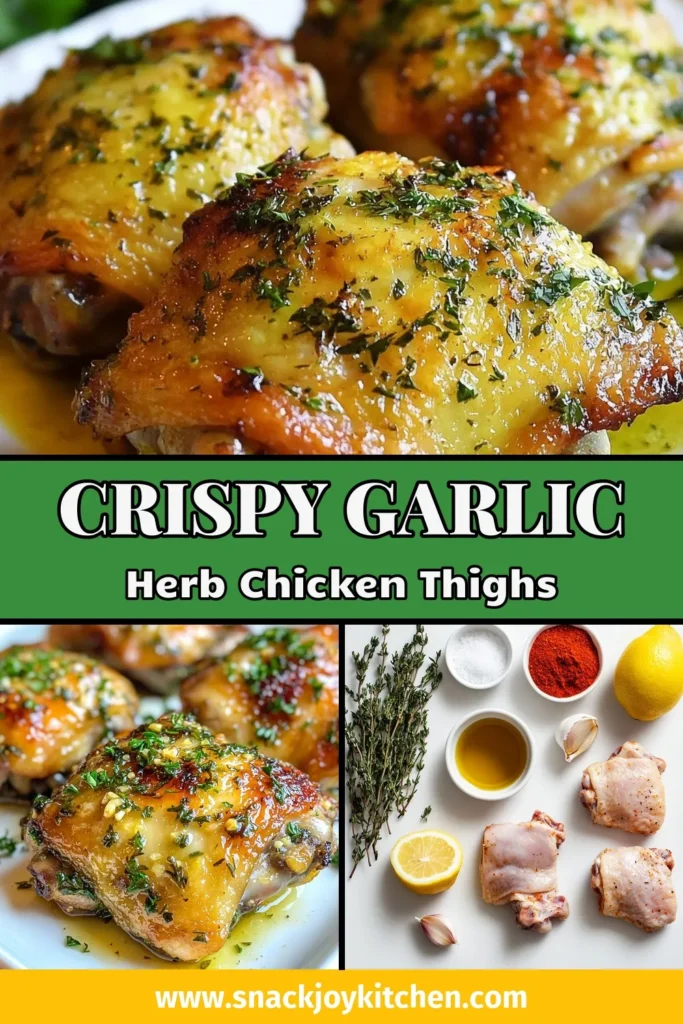 Discover the mouthwatering goodness of Garlic Herb Roasted Chicken Thighs! This roasted chicken thighs recipe features a crispy chicken thigh marinade infused with garlic, lemon, and rosemary for an easy garlic chicken dinner that everyone will love. Perfectly roasted and delightfully juicy, these lemon rosemary chicken thighs are a must-try. Save this recipe now for a delicious meal! #GarlicHerbChickenThighs #EasyDinnerRecipe #ChickenThighs #HealthyCooking
