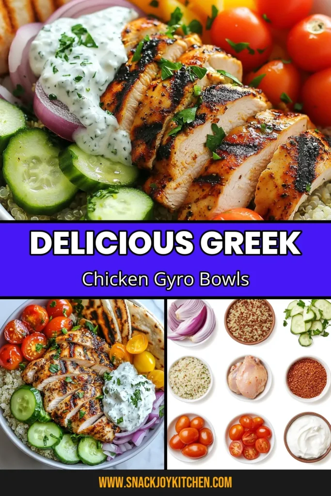 Elevate your dinner with these Greek Chicken Gyro Bowls, a delicious Mediterranean dinner recipe that's healthy and satisfying. Featuring grilled chicken gyro, fresh veggies, and a creamy Tzatziki sauce recipe, these bowls are perfect for meal prep. Serve over healthy quinoa bowls for a wholesome bite everyone will love. Try this easy recipe tonight and impress your family! Save this for later! #GreekChickenGyroBowl #HealthyRecipes #MediterraneanFood #MealPrepIdeas