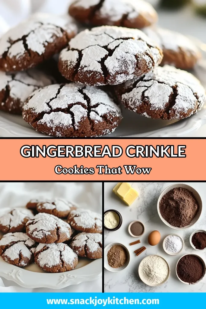 Get ready to bake some festive cheer with these Gingerbread Crinkle Cookies! Perfect for your holiday cookie recipes, these soft gingerbread cookies bring seasonal delight to any gathering. With a mix of spices and a powdered sugar coating, they’re not just tasty but also beautiful. Try these festive cookie ideas this Christmas and elevate your cookie baking game! Save this recipe for your holiday baking! #GingerbreadCrinkleCookies #HolidayBaking #ChristmasCookies #FestiveTreats