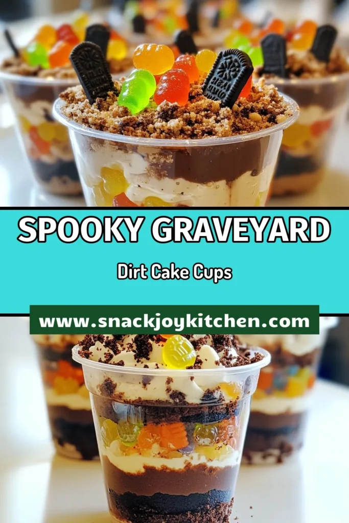 Get ready for a frightfully delicious treat with these Graveyard Dirt Cake Cups! Perfect for your Halloween dessert recipes, this no-bake chocolate dessert combines chocolate pudding dirt cake, whipped cream, and crushed Oreos to create a spook-tacular layered delight. Top with gummy worms and mini tombstones for the ultimate spooky dessert idea. Impress your guests and make this easy treat today! #GraveyardDirtCakeCups #HalloweenDessertRecipes #SpookyDessertIdeas #NoBakeChocolateDessert