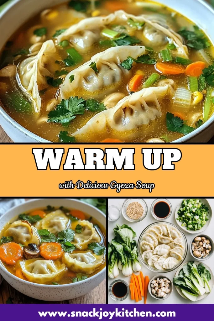 Warm up with this comforting gyoza soup recipe that's easy to make and full of flavor! This homemade gyoza broth combines tender potstickers with fresh vegetables like bok choy and mushrooms, creating a delicious Asian-inspired soup recipe. Perfect for cozy nights, this easy gyoza soup will quickly become a household favorite. Try it out and save for later! #GyozaSoup #ComfortingSoup #AsianInspired #EasyRecipes