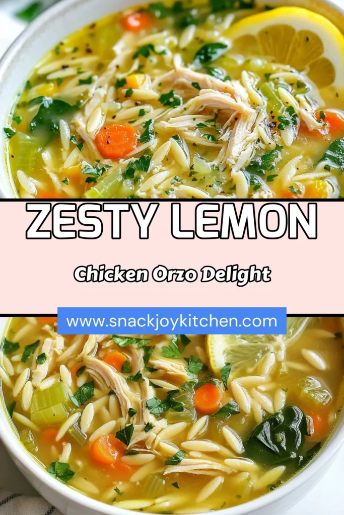 Looking for a comforting bowl of Lemon Chicken Orzo Soup? This easy lemon soup recipe features a zesty chicken soup bursting with fresh flavors. Packed with healthy ingredients, this homemade chicken soup with orzo is perfect for any night. Enjoy a delightful blend of tender chicken, orzo pasta, and vibrant veggies in just 30 minutes! Try this healthy chicken orzo soup today and taste the zesty goodness! Save this recipe now! #LemonChickenOrzoSoup #ZestyChickenSoupRecipe #HealthyChickenOrzoSoup #EasyLemonSoupRecipe