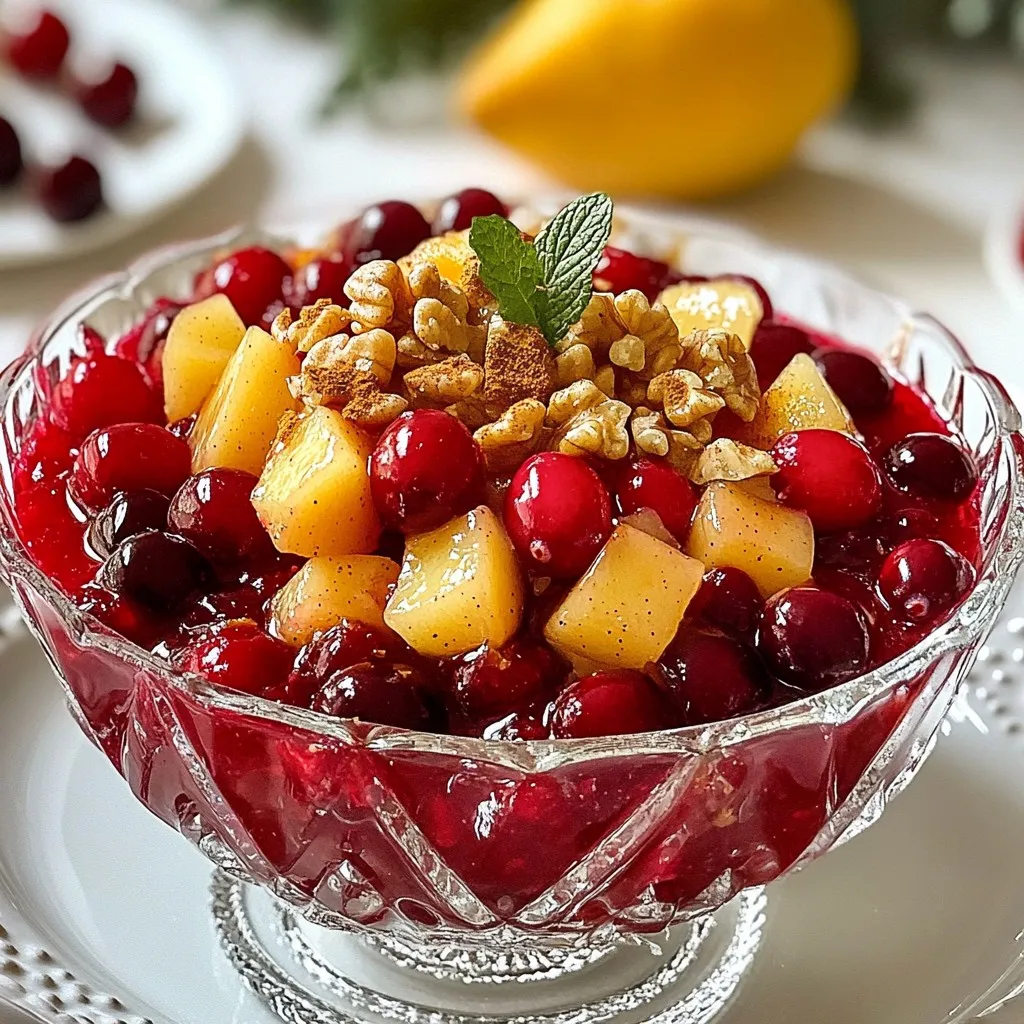 To make the best fresh cranberry sauce, gather these key ingredients: - 2 cups fresh cranberries, rinsed and drained - 1 cup freshly squeezed orange juice - 1/2 cup maple syrup - 1/4 cup ripe pears, diced - 1/4 teaspoon ground cinnamon - 1/4 teaspoon ginger powder - 1/2 teaspoon pure vanilla extract - Pinch of salt These fresh ingredients bring bright flavors to your sauce. The cranberries offer a tart taste, while the orange juice adds a sweet and citrusy kick. Pears give a soft texture and added sweetness. You can add extra ingredients for a twist. Consider these options: - 1/4 cup walnuts, chopped Adding walnuts gives a nice crunch. They also enhance the flavor profile and make the sauce more interesting. Feel free to experiment with other nuts or seeds if you like. Not everyone likes their cranberry sauce the same way. You can adjust sweetness easily: - Use more or less maple syrup to suit your taste. - If you prefer a tangier sauce, cut back on syrup. Taste the sauce as you cook. This way, you can find the right balance between tart and sweet. Enjoy making it your own! {{ingredient_image_2}} First, rinse 2 cups of fresh cranberries under cold water. This step is key to making sure they are clean. Drain them well and set them aside. While you work, look for any bad cranberries and remove them. They can ruin the taste of your sauce. Next, grab a medium saucepan. Over medium heat, add the cranberries, 1 cup of freshly squeezed orange juice, and 1/2 cup of maple syrup. Stir gently to mix it all together. Increase the heat slightly to bring it to a simmer. Let it cook for about 5 minutes. You will see most cranberries start to pop. This is when they release their sweet juices! Once the cranberries are bursting, add in 1/4 cup of diced ripe pears, 1/4 teaspoon of ground cinnamon, 1/4 teaspoon of ginger powder, and 1/2 teaspoon of pure vanilla extract. Don't forget the pinch of salt! Keep cooking for another 3 minutes. This helps all the flavors come together nicely. After cooking, remove the pan from the heat. Let the sauce cool for a few minutes. It will thicken as it cools. If you want, gently fold in 1/4 cup of chopped walnuts for a nice crunch. Now, transfer your sauce to a pretty serving dish or an airtight container if you're saving it for later. Cover it up and refrigerate it until it's time to enjoy. For a lovely presentation, serve it in a nice glass bowl. You can add whole cranberries and a sprig of fresh mint on top to make it look even better! To enhance your cranberry sauce, think about balance. The tartness of cranberries pairs well with sweet and spicy flavors. Use fresh orange juice for zest and bright notes. Pears add a soft texture and sweetness. You can try adding a pinch of nutmeg for warmth. Experiment with spices to find your perfect blend. If you have leftover sauce, store it in an airtight container. It will keep well in the fridge for up to a week. To freeze, place it in a freezer-safe bag. Squeeze out excess air before sealing. Thaw it in the fridge overnight when ready to use. This helps retain its flavor and texture. Cranberry sauce is great for many meals. Serve it with turkey during holidays. It also works well with cheese plates. Try it on a sandwich with turkey or ham for a tasty lunch. You can even use it as a topping for yogurt or pancakes. The options are endless! Pro Tips Freshness Matters: Always use fresh cranberries for the best flavor and texture; avoid any that are soft or shriveled. Adjust Sweetness: Taste the sauce before serving and adjust the sweetness with more maple syrup if desired. Let It Chill: Allow the sauce to cool completely in the fridge for enhanced flavor as it continues to develop while chilling. Serving Suggestions: Pair this delightful sauce with roasted meats or as a topping for desserts like cheesecake or ice cream. {{image_4}} You can use honey or agave nectar in place of maple syrup. Each gives a unique taste. Honey adds a floral note, while agave is mild and sweet. Adjust the amount based on your taste. Start with the same amount and add more if needed. Try adding diced apples or berries for a twist. Apples bring crispness, while berries add a tart burst. You can mix in any fruit you love. Just chop them small, so they blend well with the cranberries. Want to change the flavor? Add a pinch of nutmeg or allspice. These spices offer warmth and depth. You might also want to try a dash of cardamom for a unique touch. Each spice will give your sauce a new vibe. Experiment to find your favorite blend! After making your cranberry sauce, let it cool slightly. Then, pour it into an airtight container. This keeps the sauce fresh and tasty. Store it in the fridge for later. When serving, just take out what you need. Keep the rest in the fridge. If you want to save some sauce for later, freezing is a great option. First, let the sauce cool completely. Next, place it in a freezer-safe container. Leave some space at the top to allow for expansion. Seal the container tightly and label it. You can freeze it for up to three months. When ready to use, thaw it in the fridge overnight. Homemade cranberry sauce lasts about one week in the fridge. If you notice any off smells or mold, it's best to discard it. Always check for freshness before serving. If frozen, thawed sauce should be eaten within a week. This way, you can enjoy the flavor without worry. Yes, you can use frozen cranberries. They work well in this recipe. Just add them straight into the saucepan without thawing. The cooking time may need to be a little longer. Frozen cranberries can release extra water, so keep an eye on the texture of your sauce. Homemade cranberry sauce lasts about one week in the fridge. Store it in an airtight container to keep it fresh. If you want to enjoy it later, consider freezing it. Always check for any off smells or colors before using. Yes, you can make this sauce in advance. It tastes even better after sitting for a day or two. Just make sure to store it in the fridge. It will thicken as it cools. When ready to serve, give it a quick stir for a fresh look. You learned how to make a delicious cranberry sauce, from picking fresh ingredients to serving. You can adapt the recipe to fit your taste and needs. Remember, adding spices or other fruits can give your sauce a twist. Store leftovers correctly to enjoy later, and feel free to use frozen cranberries. Now, go ahead and impress your friends and family with your homemade cranberry sauce. Happy cooking!