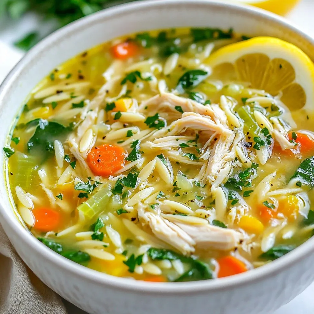 To make Lemon Chicken Orzo Soup, gather these fresh and tasty ingredients: - 1 tablespoon olive oil - 1 medium onion, finely chopped - 2 cloves garlic, minced - 2 medium carrots, peeled and diced - 2 celery stalks, diced - Zest of 1 lemon and the juice of the same lemon - 6 cups low-sodium chicken broth - 1 cup uncooked orzo pasta - 2 cups cooked chicken, shredded (a rotisserie chicken is perfect) - 2 cups fresh spinach, roughly chopped - 1 teaspoon dried thyme - 1 teaspoon dried oregano - Salt and black pepper to taste - Fresh parsley, finely chopped (for garnish) You will need a few handy tools to make this soup: - A large pot - A cutting board - A sharp knife - A stirring spoon - Measuring cups and spoons - A ladle for serving If you are missing some items, don’t worry. Here are some easy swaps: - Use vegetable broth instead of chicken broth for a vegetarian option. - Swap orzo with rice or quinoa for a different texture. - Any cooked chicken works; just make sure it is shredded. - For a different green, try kale or Swiss chard instead of spinach. - If you prefer, use dried herbs like basil or rosemary in place of thyme and oregano. {{ingredient_image_2}} 1. Start by heating the olive oil in a large pot over medium heat. 2. Add the finely chopped onion and sauté for about 3-4 minutes. The onion should become soft and clear. 3. Next, stir in the minced garlic and cook for one more minute. You want the garlic to smell great. 4. Toss in the diced carrots and celery. Sauté these for about 5 minutes until they soften. 5. Pour in the chicken broth. Add the lemon zest, thyme, and oregano. Stir and bring it to a gentle boil. 6. When the soup boils, add the uncooked orzo pasta. Cook for 8-10 minutes, stirring often to avoid sticking. 7. Reduce the heat. Gently fold in the shredded chicken and spinach. Let it warm for 2-3 minutes. 8. Squeeze the fresh lemon juice into the soup. Season with salt and black pepper to taste. 9. Finally, remove the pot from the heat. Let the soup rest for a few minutes before serving. - Use fresh ingredients for the best flavor. Fresh spinach and good quality chicken make a big difference. - Don’t skip the lemon juice. It brightens the soup and enhances all the flavors. - Stir the soup often while cooking the orzo. This helps prevent the pasta from sticking to the bottom. - Taste your soup before serving. Adjust the seasoning to your liking for a perfect finish. - Prepare all your ingredients before you start cooking. This makes the process smoother and faster. - Chop the vegetables while the oil heats. This saves you time and keeps things moving. - Use a rotisserie chicken to save time on shredding. It adds great flavor and cuts down on prep work. - Keep an eye on the orzo. It cooks quickly, so check it a minute or two before the time is up. To boost flavor in your Lemon Chicken Orzo Soup, use fresh herbs. Fresh thyme and parsley add a pop of taste. You can also add a pinch of red pepper flakes for heat. If you want a richer broth, use homemade chicken stock or roast the chicken. Roasting adds depth and flavor. For a zesty kick, use extra lemon juice or even lemon slices. They give the soup a bright taste. Making this soup ahead is easy. You can cook and store it for later. First, prepare the soup as directed. Let it cool completely before storing. Use an airtight container and place it in the fridge for up to three days. If you want to keep it longer, freeze it for up to three months. Just remember to leave out the spinach and orzo. Add them fresh when you reheat. This keeps the texture nice. Pair this soup with crusty bread or a light salad. A fresh garden salad with a lemon vinaigrette complements the soup well. If you want something warm, try a grilled cheese sandwich. The gooey cheese pairs perfectly with the soup. You can also serve it with a side of roasted vegetables for added nutrition. These sides make your meal more filling and enjoyable. Pro Tips Fresh Ingredients: Always use fresh vegetables and herbs to enhance the flavor of your soup. Chicken Broth Choice: Opt for low-sodium chicken broth to control salt levels and adjust seasoning to taste. Customize Your Greens: Feel free to substitute spinach with kale or Swiss chard for a different flavor profile. Leftover Storage: Store leftover soup in an airtight container in the fridge for up to 3 days, but add fresh orzo when reheating to maintain texture. {{image_4}} You can switch up the chicken in this soup. Try turkey or pork instead. Both meats work well and add their own flavor. If you want a meat-free option, use beans or lentils. They are great sources of protein and keep the soup filling. Making this soup gluten-free is easy! Just replace orzo with rice or gluten-free pasta. For a vegetarian twist, skip the chicken and use vegetable broth instead. You can add extra veggies like zucchini or bell peppers for more flavor and nutrients. This soup can change with the seasons. In the fall, add pumpkin or squash for a warm, cozy feel. In the summer, use fresh tomatoes and corn for a bright taste. You can also explore regional flavors. For a Mediterranean twist, add olives and feta cheese. These changes keep the soup fun and exciting! To store leftover lemon chicken orzo soup, let it cool first. Transfer the soup to an airtight container. Seal it tightly to keep out air and moisture. Place it in the fridge. It will stay fresh for 3 to 4 days. For long-term storage, freezing is a great option. Use freezer-safe containers or bags. Portion out the soup for easier thawing. Make sure to leave some space in the container. This allows for expansion as it freezes. The soup will stay good in the freezer for about 3 months. When you're ready to eat, thaw the soup in the fridge overnight. Heat it on the stove over medium heat. Stir it gently to avoid sticking. If the soup seems thick, add a splash of broth or water. This helps bring back its original texture. Enjoy your warm, tasty soup! Orzo is a small pasta shaped like rice. It cooks quickly and adds great texture to soups. In Lemon Chicken Orzo Soup, orzo absorbs the flavors of the broth. It makes the soup hearty and filling. You can also use orzo in salads or casseroles. Just remember to cook it until tender, so it remains soft. Yes, you can use different types of broth. Chicken broth adds a rich flavor, but vegetable broth works too. If you want a lighter taste, try using low-sodium broth. This will let the lemon shine through. You can even blend broths. Mixing chicken and vegetable broth gives a nice depth to the soup. To make a low-sodium version, start with low-sodium chicken broth. Limit added salt throughout cooking. Use fresh herbs for flavor instead. Adding lemon juice and zest also brightens the taste without extra salt. You can even skip the salt entirely if you prefer. This way, you enjoy a tasty soup that is heart-healthy. To sum up, we’ve explored all the parts that make a great soup. We discussed the key ingredients and kitchen tools you need. I shared essential cooking steps, tips, and tricks to boost flavor. We also looked at variations and storage info for leftovers. Remember, you can adapt recipes to fit your taste. Enjoy your cooking journey and create your best soup today!